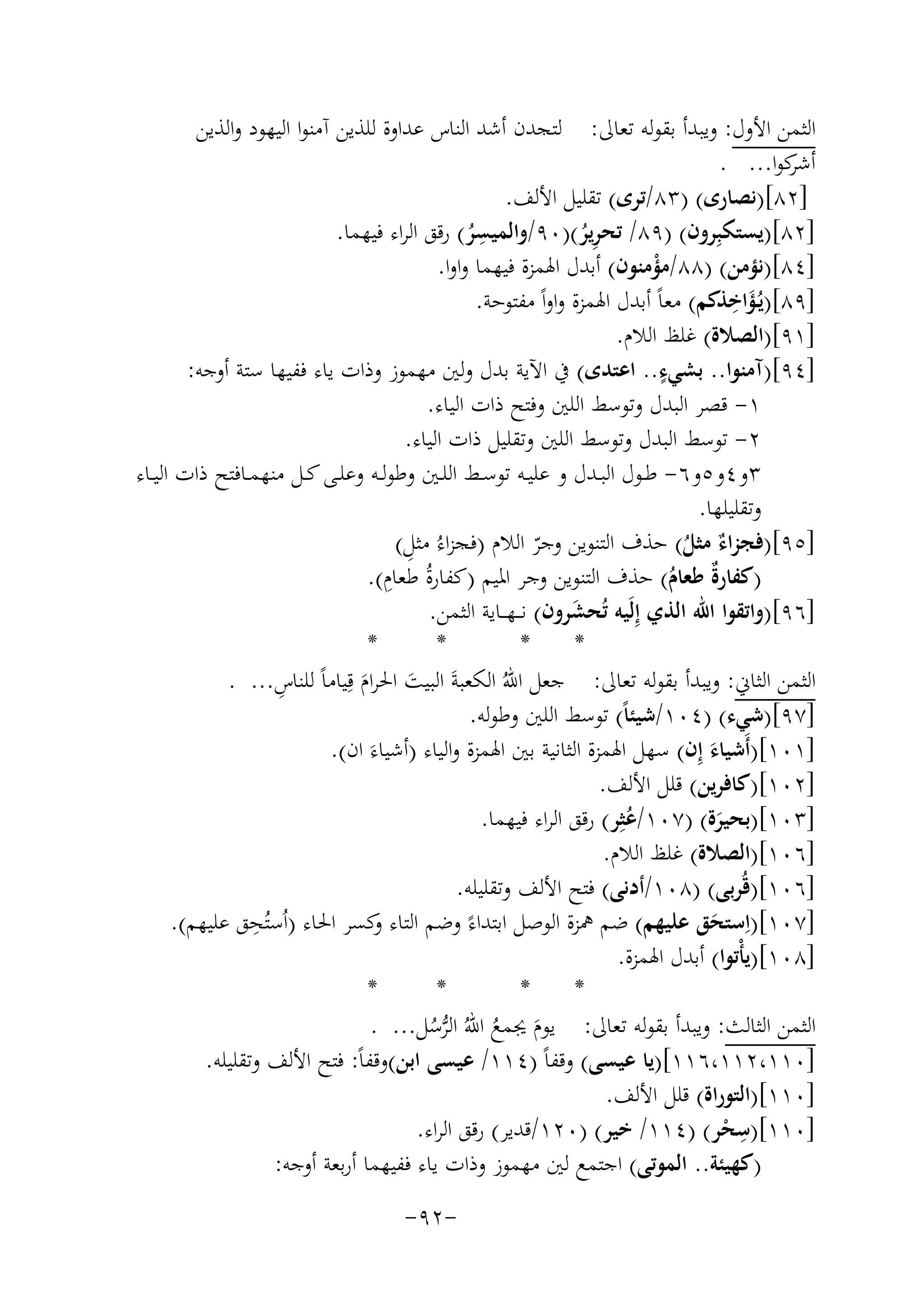 ‫اﻟﺜﻤﻦ اﻷول: وﻳﺒﺪأ ﺑﻘﻮﻟﻪ ﺗﻌﺎﱃ: ﻟﺘﺠﺪن أﺷﺪ اﻟﻨﺎس ﻋﺪاوة ﻟﻠﺬﻳﻦ آﻣﻨﻮا اﻟﻴﻬﻮد واﻟﺬﻳﻦ‬
‫ﻛﻮا... .‬
‫أﺷﺮ‬
‫]٢٨[)ﻧﺼﺎرى( )٣٨/ﺗﺮى( ﺗﻘﻠﻴﻞ اﻷﻟﻒ.‬
‫ِ‬
‫]٢٨[)ﻳﺴﺘﻜﺒِﺮون( )٩٨/ ﺗﺤﺮﻳﺮ()٠٩/واﻟﻤﻴﺴﺮ( رﻗﻖ اﻟﺮاء ﻓﻴﻬﻤﺎ.‬
‫ُ‬
‫ُِ‬
‫]٤٨[)ﻧﺆﻣﻦ( )٨٨/ﻣﺆﻣﻨﻮن( أﺑﺪل اﳍﻤﺰة ﻓﻴﻬﻤﺎ واوا.‬
‫ْ‬
‫َِ‬
‫]٩٨[)ﻳُـﺆاﺧﺬﻛﻢ( ﻣﻌﺎً أﺑﺪل اﳍﻤﺰة واواً ﻣﻔﺘﻮﺣﺔ.‬
‫]١٩[)اﻟﺼﻼة( ﻏﻠﻆ اﻟﻼم.‬
‫ٍ‬
‫]٤٩[)آﻣﻨﻮا.. ﺑﺸﻲء.. اﻋﺘﺪى( ﰲ اﻵﻳﺔ ﺑﺪل وﻟﲔ ﻣﻬﻤﻮز وذات ﻳﺎء ﻓﻔﻴﻬﺎ ﺳﺘﺔ أوﺟﻪ:‬
‫١- ﻗﺼﺮ اﻟﺒﺪل وﺗﻮﺳﻂ اﻟﻠﲔ وﻓﺘﺢ ذات اﻟﻴﺎء.‬
‫٢- ﺗﻮﺳﻂ اﻟﺒﺪل وﺗﻮﺳﻂ اﻟﻠﲔ وﺗﻘﻠﻴﻞ ذات اﻟﻴﺎء.‬
‫٣و٤و٥و٦- ﻃــﻮل اﻟﺒــﺪل و ﻋﻠﻴــﻪ ﺗﻮﺳــﻂ اﻟﻠــﲔ وﻃﻮﻟــﻪ وﻋﻠــﻰ ﻛــﻞ ﻣﻨﻬﻤــﺎﻓﺘﺢ ذات اﻟﻴــﺎء‬
‫وﺗﻘﻠﻴﻠﻬﺎ.‬
‫ِ‬
‫]٥٩[)ﻓﺠﺰ ٌ ﻣﺜﻞ( ﺣﺬف اﻟﺘﻨﻮﻳﻦ وﺟﺮ اﻟﻼم )ﻓﺠﺰاءُ ﻣﺜﻞ(‬
‫ّ‬
‫اء ُ‬
‫ِ‬
‫)ﻛﻔﺎرٌ ﻃﻌﺎم( ﺣﺬف اﻟﺘﻨﻮﻳﻦ وﺟﺮ اﳌﻴﻢ )ﻛﻔﺎرةُ ﻃﻌﺎم(.‬
‫ة ُ‬
‫]٦٩[)واﺗﻘﻮا اﷲ اﻟﺬي إِﻟَﻴﻪ ﺗُﺤﺸﺮون( ﻧـ ـﻬ ــﺎﻳﺔ اﻟﺜﻤﻦ.‬
‫َ‬
‫*‬
‫*‬
‫*‬
‫*‬
‫اﻟﺜﻤﻦ اﻟﺜﺎﱐ: وﻳﺒﺪأ ﺑﻘﻮﻟﻪ ﺗﻌﺎﱃ: ﺟﻌﻞ اﷲ اﻟﻜﻌﺒﺔَ اﻟﺒﻴﺖ اﳊﺮام ﻗِ‬
‫ِ‬
‫َ َ ﻴﺎﻣﺎً ﻟﻠﻨﺎس... .‬
‫ُ‬
‫]٧٩[)ﺷﻲء( )٤٠١/ﺷﻴﺌﺎً( ﺗﻮﺳﻂ اﻟﻠﲔ وﻃﻮﻟﻪ.‬
‫]١٠١[)أَﺷﻴﺎء إِن( ﺳﻬﻞ اﳍﻤﺰة اﻟﺜﺎﻧﻴﺔ ﺑﲔ اﳍﻤﺰة واﻟﻴﺎء )أﺷﻴﺎءَ ان(.‬
‫َ‬
‫]٢٠١[)ﻛﺎﻓﺮﻳﻦ( ﻗﻠﻞ اﻷﻟﻒ.‬
‫]٣٠١[)ﺑﺤﻴﺮة( )٧٠١/ﻋﺜِﺮ( رﻗﻖ اﻟﺮاء ﻓﻴﻬﻤﺎ.‬
‫ُ‬
‫َ‬
‫]٦٠١[)اﻟﺼﻼة( ﻏﻠﻆ اﻟﻼم.‬
‫]٦٠١[)ﻗُﺮﺑﻰ( )٨٠١/أدﻧﻰ( ﻓﺘﺢ اﻷﻟﻒ وﺗﻘﻠﻴﻠﻪ.‬
‫ِ‬
‫]٧٠١[)اِﺳﺘﺤﻖ ﻋﻠﻴﻬﻢ( ﺿﻢ ﳘﺰة اﻟﻮﺻﻞ اﺑﺘﺪاءً وﺿﻢ اﻟﺘﺎء ﻛﺴﺮ اﳊﺎء )اُﺳﺘُﺤﻖ ﻋﻠﻴﻬﻢ(.‬
‫و‬
‫َ‬
‫]٨٠١[)ﻳﺄْﺗﻮا( أﺑﺪل اﳍﻤﺰة.‬
‫*‬
‫*‬
‫*‬
‫*‬
‫اﻟﺜﻤﻦ اﻟﺜﺎﻟﺚ: وﻳﺒﺪأ ﺑﻘﻮﻟﻪ ﺗﻌﺎﱃ: ﻳﻮم ﳚﻤﻊ اﷲُ اﻟﺮﺳﻞ... .‬
‫ﱡُ‬
‫َ ُ‬
‫]٠١١،٢١١،٦١١[)ﻳﺎ ﻋﻴﺴﻰ( وﻗﻔﺎً )٤١١/ ﻋﻴﺴﻰ اﺑﻦ(وﻗﻔﺎً: ﻓﺘﺢ اﻷﻟﻒ وﺗﻘﻠﻴﻠﻪ.‬
‫]٠١١[)اﻟﺘﻮراة( ﻗﻠﻞ اﻷﻟﻒ.‬
‫ِ‬
‫]٠١١[)ﺳﺤﺮ( )٤١١/ ﺧﻴﺮ( )٠٢١/ﻗﺪﻳﺮ( رﻗﻖ اﻟﺮاء.‬
‫ْ‬
‫)ﻛﻬﻴﺌﺔ.. اﻟﻤﻮﺗﻰ( اﺟﺘﻤﻊ ﻟﲔ ﻣﻬﻤﻮز وذات ﻳﺎء ﻓﻔﻴﻬﻤﺎ أرﺑﻌﺔ أوﺟﻪ:‬
‫-٢٩-‬

 