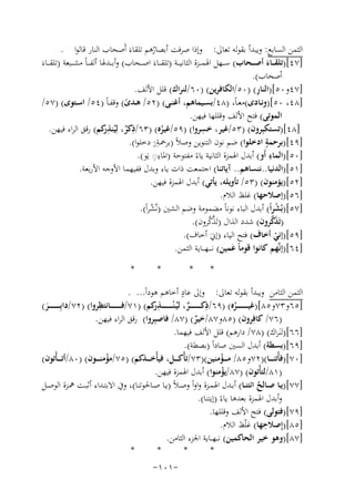 ‫اﻟﺜﻤﻦ اﻟﺴﺎﺑﻊ: وﻳﺒﺪأ ﺑﻘﻮﻟﻪ ﺗﻌﺎﱃ: وإذا ﺻﺮﻓﺖ أﺑﺼﺎرﻫﻢ ﺗﻠﻘﺎءَ أَﺻﺤﺎب اﻟﻨﺎر ﻗﺎﻟﻮا .‬
‫ُ‬
‫]٧٤[)ﺗﻠﻘـ ــﺎء أﺻـ ــﺤﺎب( ﺳ ــﻬﻞ اﳍﻤ ــﺰة اﻟﺜﺎﻧﻴ ــﺔ )ﺗﻠﻘ ــﺎءَ اﺻ ــﺤﺎب( وأﺑ ــﺪﳍﺎ أﻟﻔ ـ ـﺎً ﻣﺸ ــﺒﻌﺔ )ﺗﻠﻘ ــﺎء‬
‫َ‬
‫َ‬
‫اْﺻﺤﺎب(.‬
‫ِ‬
‫]٧٤و٠٥[)اﻟﻨﺎر( )٠٥/اﻟﻜﺎﻓﺮﻳﻦ( )٠٦/ﻟﻨﺮاك( ﻗﻠﻞ اﻷﻟﻒ.‬
‫]٨٤، ٠٥[)وﻧــﺎدى(ﻣﻌـﺎً، )٨٤/ﺑﺴــﻴﻤﺎﻫﻢ، أﻏﻨــﻰ( )٢٥/ ﻫــﺪى( وﻗﻔـﺎً )٤٥/ اﺳــﺘﻮى( )٧٥/‬
‫ً‬
‫اﻟﻤﻮﺗﻰ( ﻓﺘﺢ اﻷﻟﻒ وﻗﻠﻠﻬﺎ ﻓﻴﻬﻦ.‬
‫]٨٤[)ﺗﺴﺘﻜﺒِﺮون( )٣٥/ﻏﻴﺮ، ﺧﺴﺮوا( )٩٥/ﻏﻴﺮﻩ( )٣٦/ذﻛﺮ، ﻟِﻴ ِ‬
‫ِ‬
‫ِ‬
‫ٌ ُﻨﺬ ﻛﻢ( رﻗﻖ اﻟﺮاء ﻓﻴﻬﻦ.‬
‫ر‬
‫ُ‬
‫ِ‬
‫ٍ‬
‫]٩٤[)ﺑﺮﺣﻤﺔ ادﺧﻠﻮا( ﺿﻢ ﻧﻮن اﻟﺘﻨﻮﻳﻦ وﺻﻼً )ﺑﺮﲪـﺔن دﺧﻠﻮا(.‬
‫ُ‬
‫ِ‬
‫ِِ‬
‫]٠٥[)اﻟﻤﺎء أَو( أﺑﺪل اﳍﻤﺰة اﻟﺜﺎﻧﻴﺔ ﻳﺎءً ﻣﻔﺘﻮﺣﺔ )اﳌﺎء◌ ﻳَﻮ(.‬
‫]١٥[)اﻟﺪﻧﻴﺎ..ﻧﻨﺴﺎﻫﻢ.. آﻳﺎﺗﻨﺎ( اﺟﺘﻤﻌﺖ ذات ﻳﺎء وﺑﺪل ﻓﻔﻴﻬﻤﺎ اﻷوﺟﻪ اﻷرﺑﻌﺔ.‬
‫]٢٥[)ﻳﺆﻣﻨﻮن( )٣٥/ ﺗﺄوﻳﻠﻪ، ﻳﺄﺗﻲ( أﺑﺪل اﳍﻤﺰة ﻓﻴﻬﻦ.‬
‫]٦٥[)إﺻﻼﺣﻬﺎ( ﻏﻠﻆ اﻟﻼم.‬
‫]٧٥[)ﺑُﺸﺮاً( أﺑﺪل اﻟﺒﺎء ﻧﻮﻧﺎً ﻣﻀﻤﻮﻣﺔ وﺿﻢ اﻟﺸﲔ )ﻧُﺸﺮاً(.‬
‫ْ‬
‫ُ‬
‫ﱠ‬
‫َﱠ‬
‫)ﺗَﺬﻛﺮون( ﺷﺪد اﻟﺬال )ﺗَﺬ ﱠ‬
‫ﻛﺮون(.‬
‫]٩٥[)إﻧﻲ أﺧﺎف( ﻓﺘﺢ اﻟﻴﺎء )إﱐَ أﺧﺎف(.‬
‫ْ‬
‫]٤٦[)إﻧﱠﻬﻢ ﻛﺎﻧﻮا ﻗﻮﻣﺎً ﻋﻤﻴﻦ( ﻧـ ـ ـﻬـ ــﺎﻳﺔ اﻟﺜﻤﻦ.‬
‫َ‬
‫*‬

‫*‬

‫*‬

‫*‬

‫ٍ‬
‫اﻟﺜﻤﻦ اﻟﺜﺎﻣﻦ وﻳﺒﺪأ ﺑﻘﻮﻟﻪ ﺗﻌﺎﱃ: وإﱃ ﻋﺎد أﺧﺎﻫﻢ ﻫﻮداً... .‬
‫ِ‬
‫ِ‬
‫]٥٦و٣٧و٥٨[)ﻏﻴـ ـ ـ ـ ـ ـ ــﺮﻩ( )٩٦/ذﻛـ ـ ـ ـ ـ ـ ــﺮ، ﻟﻴُـ ْﻨ ـ ـ ـ ـ ـ ـ ـﺬ ﻛﻢ( )١٧/ﻓـ ـ ـ ـ ـ ـ ــﺎﻧﺘﻈﺮوا( )٢٧/داﺑِ ـ ـ ـ ـ ـ ـ ـﺮ(‬
‫ِر‬
‫ٌ‬
‫َ‬
‫ُ‬
‫)٦٧/ ﻛﺎﻓِﺮون( )٥٨و٧٨/ﺧﻴﺮ( )٧٨/ ﻓﺎﺻﺒِﺮوا( رﻗﻖ اﻟﺮاء ﻓﻴﻬﻦ.‬
‫ٌ‬
‫]٦٦[)ﻟﻨَﺮاك( )٨٧/ دارﻫﻢ( ﻗﻠﻞ اﻷﻟﻒ ﻓﻴﻬﻤﺎ.‬
‫]٩٦[)ﺑﺴﻄﺔ( أﺑﺪل اﻟﺴﲔ ﺻﺎداً )ﺑﺼﻄﺔ(.‬
‫]٠٧[)ﻓﺄْﺗﻨ ـ ــﺎ()٢٧و٥٨/ ﻣ ـ ــﺆﻣﻨﻴﻦ()٣٧/ﺗﺄْﻛ ـ ــﻞ، ﻓﻴﺄْﺧ ـ ــﺬﻛﻢ( )٥٧/ﻣﺆﻣﻨ ـ ــﻮن( )٠٨/أﺗـ ـ ـﺄْﺗﻮن(‬
‫ْ‬
‫ْ‬
‫)١٨/ﻟﺘﺄْﺗﻮن( )٧٨/ﻳﺆﻣﻨﻮا( أﺑﺪل اﳍﻤﺰة ﻓﻴﻬﻦ.‬
‫ْ‬
‫]٧٧[)ﻳــﺎ ﺻــﺎﻟﺢ اﺋﺘﻨــﺎ( أﺑــﺪل اﳍﻤــﺰة واواً وﺻـﻼً )ﻳــﺎ ﺻــﺎﳊﻮﺗﻨﺎ(، وﰲ اﻻﺑﺘــﺪاء أﺛﺒــﺖ ﳘــﺰة اﻟﻮﺻــﻞ‬
‫ُ‬
‫وأﺑﺪل اﳍﻤﺰة ﺑﻌﺪﻫﺎ ﻳﺎءً )إﻳﺘﻨﺎ(.‬
‫]٩٧[)ﻓﺘﻮﻟﻰ( ﻓﺘﺢ اﻷﻟﻒ وﻗﻠﻠﻬﺎ.‬
‫ِ‬
‫]٥٨[)إِﺻﻼﺣﻬﺎ( ﻏﻠّﻆ اﻟﻼم.‬
‫]٧٨[)وﻫﻮ ﺧﻴﺮ اﻟﺤﺎﻛﻤﻴﻦ( ﻧـ ـﻬـ ـﺎﻳﺔ اﳉﺰء اﻟﺜﺎﻣﻦ.‬
‫*‬
‫*‬
‫*‬
‫*‬
‫-١٠١-‬

 