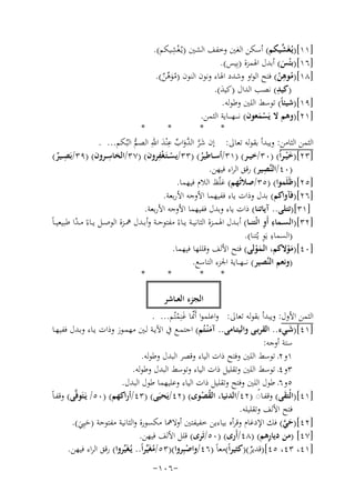 ‫ِْ‬
‫ﱢ‬
‫]١١[)ﻳُـﻐَﺸﻴﻜﻢ( أﺳﻜﻦ اﻟﻐﲔ وﺧﻔﻒ اﻟﺸﲔ )ﻳـُﻐﺸﻴﻜﻢ(.‬
‫]٦١[)ﺑ ْﺌﺲ( أﺑﺪل اﳍﻤﺰة )ﺑِﻴﺲ(.‬
‫َ‬
‫ِ‬
‫]٨١[)ﻣﻮﻫﻦ( ﻓﺘﺢ اﻟﻮاو وﺷﺪد اﳍﺎء وﻧﻮن اﻟﻨﻮن )ﻣﻮﻫﻦ(.‬
‫ُ ُ‬
‫َُﱢ ٌ‬
‫ِ‬
‫)ﻛﻴﺪ( ﻧﺼﺐ اﻟﺪال )ﻛﻴﺪ(.‬
‫َ‬
‫]٩١[)ﺷﻴﺌﺎً( ﺗﻮﺳﻂ اﻟﻠﲔ وﻃﻮﻟﻪ.‬
‫]١٢[)وﻫﻢ ﻻ ﻳَﺴﻤﻌﻮن( ﻧـ ـ ـﻬ ـ ــﺎﻳﺔ اﻟﺜﻤﻦ.‬
‫َْ‬
‫*‬
‫*‬
‫*‬
‫*‬
‫اﻟﺜﻤﻦ اﻟﺜﺎﻣﻦ: وﻳﺒﺪأ ﺑﻘﻮﻟﻪ ﺗﻌﺎﱃ: إن ﺷﺮ اﻟ ﱠواب ﻋْﻨﺪ اﷲِ اﻟﺼﻢ اﻟﺒُﻜﻢ... .‬
‫ﱡ‬
‫َ ﱠ ﺪَ ﱢ ِ َ‬
‫ِ‬
‫ِْ‬
‫ِ‬
‫]٣٢[)ﺧ ْﻴ ـﺮاً( )٠٣/ﺧﻴــﺮ( )١٣/أﺳــﺎﻃﻴﺮ( )٣٣/ﻳﺴ ـﺘَـﻐﻔﺮون( )٧٣/اﻟﺨﺎﺳــﺮون( )٩٣/ﺑَﺼــﻴﺮ(‬
‫َ‬
‫ٌ‬
‫ْ‬
‫ُ‬
‫)٠٤/اﻟﻨ ِ‬
‫ﱠﺼﻴﺮ( رﻗﻖ اﻟﺮاء ﻓﻴﻬﻦ.‬
‫]٥٢[)ﻇَﻠَﻤﻮا( )٥٣/ﺻﻼﺗُﻬﻢ( ﻏﻠّﻆ اﻟﻼم ﻓﻴﻬﻤﺎ.‬
‫]٦٢[)ﻓﺂواﻛﻢ( ﺑﺪل وذات ﻳﺎء ﻓﻔﻴﻬﻤﺎ اﻷوﺟﻪ اﻷرﺑﻌﺔ.‬
‫]١٣[)ﺗﺘﻠﻰ.. آﻳﺎﺗﻨﺎ( ذات ﻳﺎء وﺑﺪل ﻓﻔﻴﻬﻤﺎ اﻷوﺟﻪ اﻷرﺑﻌﺔ.‬
‫ِ ِ‬
‫]٢٣[)اﻟﺴــﻤﺎء أَو اﺋْﺘﻨــﺎ( أﺑــﺪل اﳍﻤــﺰة اﻟﺜﺎﻧﻴــﺔ ﻳــﺎءً ﻣﻔﺘﻮﺣــﺔ وأﺑــﺪل ﳘــﺰة اﻟﻮﺻــﻞ ﻳــﺎءً ﻣ ـﺪا ﻃﺒﻴﻌﻴ ـﺎً‬
‫ّ‬
‫ِ ِ‬
‫)اﻟﺴﻤﺎء ﻳَﻮ ﻳْﺘﻨﺎ(.‬
‫]٠٤[)ﻣﻮﻻﻛﻢ، اﻟـﻤﻮﻟﻰ( ﻓﺘﺢ اﻷﻟﻒ وﻗﻠﻠﻬﺎ ﻓﻴﻬﻤﺎ.‬
‫َْ‬
‫َْ‬
‫)وﻧﻌﻢ اﻟﻨﱠﺼﻴﺮ( ﻧـ ــﻬـ ـﺎﻳﺔ اﳉﺰء اﻟﺘﺎﺳﻊ.‬
‫*‬
‫*‬
‫*‬
‫*‬
‫اﻟﺠﺰء اﻟﻌــﺎﺷﺮ‬
‫اﻟﺜﻤﻦ اﻷول: وﻳﺒﺪأ ﺑﻘﻮﻟﻪ ﺗﻌﺎﱃ: واﻋﻠﻤﻮا أَﳕﺎ ﻏﻨِﻤﺘُﻢ... .‬
‫ّ َْ‬
‫]١٤[)ﺷــﻲء.. اﻟﻘﺮﺑــﻰ واﻟﻴﺘــﺎﻣﻰ.. آﻣ ْﻨــﺘُﻢ( اﺟﺘﻤــﻊ ﰲ اﻵﻳــﺔ ﻟــﲔ ﻣﻬﻤــﻮز وذات ﻳــﺎء وﺑــﺪل ﻓﻔﻴﻬــﺎ‬
‫َ‬
‫َ‬
‫ﺳﺘﺔ أوﺟﻪ:‬
‫١و٢ـ ﺗﻮﺳﻂ اﻟﻠﲔ وﻓﺘﺢ ذات اﻟﻴﺎء وﻗﺼﺮ اﻟﺒﺪل وﻃﻮﻟﻪ.‬
‫٣و٤ـ ﺗﻮﺳﻂ اﻟﻠﲔ وﺗﻘﻠﻴﻞ ذات اﻟﻴﺎء وﺗﻮﺳﻂ اﻟﺒﺪل وﻃﻮﻟﻪ.‬
‫٥و٦ـ ﻃﻮل اﻟﻠﲔ وﻓﺘﺢ وﺗﻘﻠﻴﻞ ذات اﻟﻴﺎء وﻋﻠﻴﻬﻤﺎ ﻃﻮل اﻟﺒﺪل.‬
‫ً‬
‫َ‬
‫]١٤[)اﻟْﺘﻘﻰ( وﻗﻔـﺎ◌ )٢٤/اﻟﺪﻧﻴﺎ، اﻟﻘﺼﻮى( )٢٤/ﻳَﺤﻴَﻰ( )٣٤/أراﻛﻬﻢ( )٠٥/ ﻳَـﺘَﻮﻓﱠﻰ( وﻗﻔـﺎً‬
‫ُ ْ‬
‫ﻓﺘﺢ اﻷﻟﻒ وﺗﻘﻠﻴﻠﻪ.‬
‫]٢٤[)ﺣﻲ( ﻓﻚ اﻹدﻏﺎم وﻗﺮأﻩ ﺑﻴﺎءﻳﻦ ﺧﻔﻴﻔﺘﲔ أوﻻﳘﺎ ﻣﻜﺴﻮرة واﻟﺜﺎﻧﻴﺔ ﻣﻔﺘﻮﺣﺔ )ﺣﻴِﻲ(.‬
‫َﱠ‬
‫َ َ‬
‫ِ‬
‫]٧٤[ )ﻣﻦ دﻳﺎرﻫﻢ( )٨٤/أَرى( )٠٥/ﺗَﺮى( ﻗﻠﻞ اﻷﻟﻒ ﻓﻴﻬﻦ.‬
‫]١٤، ٣٤، ٥٤[)ﻗﺪﻳﺮ()ﻛﺜﻴﺮاً(ﻣﻌﺎً )٦٤/واﺻﺒِﺮوا()٣٥/ﻣﻐَﻴﱢﺮاً.. ﻳُـﻐَﻴﱢﺮوا( رﻗﻖ اﻟﺮاء ﻓﻴﻬﻦ.‬
‫ْ‬
‫ُ‬
‫ٌ‬
‫-٦٠١-‬

 