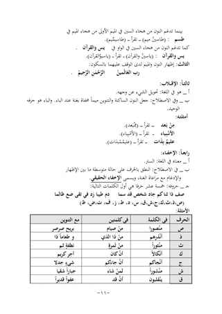 ‫ﺑﻴﻨﻤﺎ ﺗﺪﻏﻢ اﻟﻨﻮن ﻣﻦ ﻫﺠﺎء اﻟﺴﲔ ﰲ اﳌﻴﻢ اﻷوﱃ ﻣﻦ ﻫﺠﺎء اﳌﻴﻢ ﰲ‬
‫ﻃﺴﻢ : )ﻃﺎﺳﲔ ﻣﻴﻢ( ـ ـ ـ ﺗﻘﺮأ ـ ـ ـ )ﻃﺎﺳﻴﻤﻴﻢ(.‬
‫ﱢ‬
‫ْ‬
‫ﻛﻤﺎ ﺗﺪﻏﻢ اﻟﻨﻮن ﻣﻦ ﻫﺠﺎء اﻟﺴﲔ ﰲ اﻟﻮاو ﰲ ﻳﺲ واﻟﻘﺮآن .‬
‫ﻳﺲ واﻟﻘﺮآن : )ﻳﺎﺳﲔ واﻟﻘﺮآن( ـ ـ ﺗﻘﺮأ ـ ـ )ﻳﺎﺳﻴﻮاﻟﻘﺮآن(.‬
‫ﱠ‬
‫ْ‬
‫اﻟﺜﺎﻟﺚ: إﻇﻬﺎر اﻟﻨﻮن واﳌﻴﻢ ﻟﺪى اﻟﻮﻗﻒ ﻋﻠﻴـﻬﻤﺎ ﺑﺎﻟﺴﻜﻮن:‬
‫ِ‬
‫اﻟﺮﺣﻤﻦ اﻟﺮﺣﻴﻢ .‬
‫رب اﻟﻌﺎﻟَﻤﻴﻦ‬
‫َ ْ‬
‫ﱠَِْ ﱠ ْ‬
‫ﺛﺎﻟﺜ ـﺎً: اﻹﻗ ــﻼب:‬
‫أ _ ﻫﻮ ﰲ اﻟﻠﻐﺔ: ﲢﻮﻳﻞ اﻟﺸﻲء ﻋﻦ وﺟﻬﻪ.‬
‫ب _ وﰲ اﻻﺻﻄﻼح: ﺟﻌﻞ اﻟـﻨﻮن اﻟﺴﺎﻛﻨﺔ واﻟـﺘﻨﻮﻳﻦ ﻣﻴﻤﺎً ﳐﻔﺎة ﺑﻐﻨﺔ ﻋﻨﺪ اﻟﺒﺎء. واﻟﺒﺎء ﻫﻮ ﺣﺮﻓﻪ‬
‫اﻟﻮﺣﻴﺪ.‬
‫أﻣﺜﻠﺘـﻪ:‬
‫ﻣﻦ ﺑـﻌﺪ ـ ـ ـ ﺗﻘﺮأ ـ ـ ـ )ِ‬
‫ِ‬
‫ﳑْـﺒَﻌﺪ(.‬
‫َْ‬
‫اﻷﻧْـﺒِـﻴﺎء ـ ـ ﺗﻘﺮأ ـ ـ ـ )اﻷﻣـﺒِ‬
‫ْ ﻴﺎء(.‬
‫ﻋﻠﻴﻢ ﺑِﺬات ـ ـ ـ ﺗﻘﺮأ ـ ـ ـ )ﻋﻠﻴﻤـﻤﺒﺬات(.‬
‫ٌ َ‬
‫ُْ‬
‫راﺑﻌ ـﺎً: اﻹﺧﻔــﺎء:‬
‫أ _ ﻣﻌﻨﺎﻩ ﰲ اﻟﻠﻐﺔ: اﻟﺴﱰ.‬
‫ب _ ﰲ اﻻﺻﻄﻼح: اﻟﻨﻄﻖ ﺑﺎﳊﺮف ﻋﻠﻰ ﺣﺎﻟﺔ ﻣﺘﻮﺳﻄﺔ ﻣﺎ ﺑﲔ اﻹﻇﻬﺎر‬
‫واﻹدﻏﺎم ﻣﻊ ﻣﺮاﻋﺎة اﻟﻐﻨﺔ، وﻳﺴﻤﻰ اﻹﺧﻔﺎء اﻟﺤﻘﻴﻘﻲ.‬
‫ﺟـ _ ﺣﺮوﻓﻪ: ﲬﺴﺔ ﻋﺸﺮ ﺣﺮﻓﺎ ﻫﻲ أول اﻟﻜﻠﻤﺎت اﻟﺘﺎﻟﻴﺔ:‬
‫ﺻﻒ ذا ﺛﻨﺎ ﻛﻢ ﺟﺎد ﺷﺨﺺ ﻗﺪ ﺳﻤﺎ دم ﻃﻴﺒﺎ زد ﻓﻲ ﺗﻘﻰ ﺿﻊ ﻇﺎﻟﻤﺎ‬
‫)ص،ذ،ث،ك،ج،ش،ق، س، د، ط، ز، ف، ت،ض، ظ(‬
‫اﻷﻣﺜﻠﺔ:‬
‫ﻣﻊ اﻟﺘﻨﻮﻳﻦ‬
‫ﻓﻲ ﻛﻠﻤﺘﻴﻦ‬
‫اﻟﺤﺮف ﻓﻲ اﻟﻜﻠﻤﺔ‬
‫ﺑﺮﻳﺢ ﺻﺮﺻﺮ‬
‫ﻣﻦ ﺻﻴﺎم‬
‫ﻣ ْﻨﺼﻮرا‬
‫ص‬
‫ْ‬
‫و ﻃﻌﺎﻣﺎً ذا‬
‫ﻣﻦ ذا اﻟﺬي‬
‫أﻧْﺬرﻫﻢ‬
‫ذ‬
‫ْ‬
‫ﻣﻦ ﺛَﻤﺮةٍ‬
‫ٍ‬
‫ﻧﻄﻔﺔ ﺛـﻢ‬
‫ث‬
‫ﻣ ْﻨﺜﻮراً‬
‫ْ‬
‫ٍ‬
‫أﺟﺮ ﻛﺮﻳﻢ‬
‫أن ﻛﺎن‬
‫ك‬
‫ْ‬
‫أﻧْﻜﺎﻻً‬
‫ٍ‬
‫ﺷﻲء ﺟﺪﻻ‬
‫أن ﺟﺎءﻛﻢ‬
‫أﻧْﺠﺎﻛﻢ‬
‫ج‬
‫ْ َ‬
‫ﺟﺒﺎراً ﺷﻘﻴﺎ‬
‫ﻟﻤﻦ ﺷﺎء‬
‫ش‬
‫ﻣ ْﻨﺸﻮراً‬
‫ْ‬
‫أن ﻗﺪ‬
‫ﻳ ْﻨﻘﻠﺒﻮن‬
‫ق‬
‫ْ‬
‫ﻋﻔﻮاً ﻗﺪﻳﺮاً‬
‫-١١-‬

 