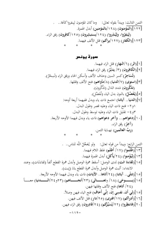 ‫اﻟﺜﻤﻦ اﻟﺜﺎﻟﺚ: وﻳﺒﺪأ ﺑﻘﻮﻟﻪ ﺗﻌﺎﱃ: وﻣﺎ ﻛﺎن اﳌﺆﻣﻨﻮن ﻟـِﻴﻨﻔﺮوا ﻛﺂﻓﺔ.. .‬
‫]٢٢١[)اﻟﻤﺆﻣﻨﻮن( )٨٢١/ﺑﺎﻟﻤﺆﻣﻨﻴﻦ( أﺑﺪل اﳍﻤﺰة.‬
‫)ﻟِﻴﻨﻔﺮوا، وﻟِﻴﻨﺬروا( )٤٢١/ﻳﺴﺘﺒﺸﺮون( )٥٢١/ﻛﺎﻓِ‬
‫ِ‬
‫ِ‬
‫ِ‬
‫ﺮون( رﻗﻖ اﻟﺮاء.‬
‫ُ‬
‫َ ُ‬
‫ِ‬
‫]٣٢١[)اﻟﻜﻔﺎر( )٧٢١/ﻳﺮاﻛﻢ( ﻗﻠﻞ اﻷﻟﻒ ﻓﻴﻬﻤﺎ.‬
‫*‬
‫*‬
‫*‬
‫*‬
‫‪‬‬

‫‪‬‬
‫ِ‬
‫]١[)اﻟﺮ( )٦/اﻟﻨﻬﺎر( ﻗﻠﻞ اﻟﺮاء ﻓﻴﻬﻤﺎ.‬
‫]٢[)اﻟﻜﺎﻓِﺮون( )٣/ ﻳﺪﺑﱢـﺮ( رﻗﻖ اﻟﺮاء ﻓﻴﻬﻤﺎ.‬
‫ُ‬
‫ِ‬
‫ِ‬
‫)ﻟَﺴﺎﺣﺮ( ﻛﺴﺮ اﻟﺴﲔ وﺣﺬف اﻷﻟﻒ وأﺳﻜﻦ اﳊﺎء ورﻗﻖ اﻟﺮاء )ﻟَﺴﺤﺮ(.‬
‫َ ٌ‬
‫ٌْ‬
‫]٣[)اﺳﺘﻮى( )٧/اﻟﺪﻧﻴﺎ( )٨/ﻣﺄواﻫﻢ( ﻓﺘﺢ اﻷﻟﻒ وﻗﻠﻠﻬﺎ.‬
‫َﱠ‬
‫ﱠﱠ‬
‫)ﺗﺬﻛﺮون( ﺷﺪد اﻟﺬال )ﺗﺬﻛﺮون(.‬
‫]٥[)ﻳُـﻔﺼـﻞ( ﺑﺎﻟﻨﻮن ﺑﺪل اﻟﻴﺎء )ﻧـُﻔﺼﻞ(.‬
‫َ ﱢ‬
‫َ ﱢُ‬
‫]٧[)اﻟﺪﻧﻴﺎ.. آﻳﺎﺗﻨﺎ( اﺟﺘﻤﻊ ذات ﻳﺎء وﺑﺪل ﻓﻔﻴﻬﻤﺎ أرﺑﻌﺔ أوﺟﻪ:‬
‫١و٢- ﻓﺘﺢ ذات اﻟﻴﺎء وﻋﻠﻴﻪ ﻗﺼﺮ وﻃﻮل اﻟﺒﺪل.‬
‫٣و٤- ﺗﻘﻠﻴﻞ ذات اﻟﻴﺎء وﻋﻠﻴﻪ ﺗﻮﺳﻂ وﻃﻮل اﻟﺒﺪل.‬
‫]٠١[)دﻋﻮاﻫﻢ... وآﺧﺮ دﻋﻮاﻫﻢ( ذات ﻳﺎء وﺑﺪل ﻓﻴﻬﻤﺎ اﻷوﺟﻪ اﻷرﺑﻌﺔ.‬
‫ِ‬
‫)آﺧﺮ( رﻗﻖ اﻟﺮاء.‬
‫ُ‬
‫)رب اﻟﻌﺎﻟﻤﻴﻦ( ﻧـﻬ ـ ــﺎﻳﺔ اﻟﺜﻤﻦ.‬
‫ﱢ‬
‫*‬
‫*‬
‫*‬
‫*‬
‫اﻟﺜﻤﻦ اﻟﺮاﺑﻊ: وﻳﺒﺪأ ﻣﻦ ﻗﻮﻟﻪ ﺗﻌﺎﱃ: وﻟﻮ ﻳـُﻌﺠﻞ اﻟﻠّﻪ ﻟﻠﻨﺎس.. .‬
‫َﱢُ‬
‫]٣١[)ﻇَﻠَﻤﻮا( )٧١/ أَﻇﻠَﻢ( ﻏﻠﻆ اﻟﻼم ﻓﻴﻬﻤﺎ.‬
‫]٣١[)ﻟِﻴُـﺆﻣﻨﻮا( )٤٢/ﻳﺄْﻛﻞ( أﺑﺪل اﳍﻤﺰة ﻓﻴﻬﻤﺎ.‬
‫ْ‬
‫]٥١[)ﻟﻘﺎءﻧﺎ اﺋﺖ( ﻟﺪى اﻟﻮﺻﻞ: أﺳﻘﻂ ﳘﺰة اﻟﻮﺻﻞ وأﺑﺪل ﳘـﺰة اﻟﻘﻄـﻊ أﻟﻔـﺎً )ﻟﻘﺎءَﻧَـﺎت(، وﻋﻨـﺪ‬
‫اﻻﺑﺘﺪاء: أﺛﺒﺖ ﳘﺰة اﻟﻮﺻﻞ وأﺑﺪل ﳘﺰة اﻟﻘﻄﻊ ﻳﺎءً )إِﻳـﺖ(.‬
‫]٥١[)ﺗﺘﻠَﻰ.. آﻳﺎﺗﻨﺎ( )٤٢/أﺗﺎﻫﺎ.. اﻵﻳﺎت( ذات ﻳﺎء وﺑﺪل ﻓﻴﻬﻤﺎ اﻷوﺟﻪ اﻷرﺑﻌﺔ.‬
‫]٥١[)ﻳ ـ ـ ـ ـ ـ ـ ـ ـ ــﻮﺣﻰ( )٨١/ وﺗﻌ ـ ـ ـ ـ ـ ـ ـ ـ ــﺎﻟﻰ( )٣٢/أﻧﺠ ـ ـ ـ ـ ـ ـ ـ ـ ــﺎﻫﻢ( )٣٢و٤٢/اﻟ ـ ـ ـ ـ ـ ـ ـ ـ ــﺪﻧﻴﺎ( ﻣﻌـ ـ ـ ـ ـ ـ ـ ـ ـ ـﺎً‬
‫َ‬
‫)٤٢/ أﺗﺎﻫﺎ( ﻓﺘﺢ اﻷﻟﻒ وﻗﻠﻠﻬﺎ ﻓﻴﻬﻦ.‬
‫ِ‬
‫]٥١[)ﻟِـﻲ أَن، ﻧﻔﺴﻲ إِن، إﻧﱢـﻲ أَﺧﺎف( ﻓﺘﺢ اﻟﻴﺎء ﻓﻴﻬﻦ وﺻﻼً.‬
‫ِ‬
‫]٦١[)أدراﻛﻢ( )٧١/اﻓﺘﺮى( )٥٢/دار( ﻗﻠﻞ اﻷﻟﻒ ﻓﻴﻬﻦ.‬
‫ِ‬
‫ِ‬
‫]٠٢[)ﻓﺎﻧﺘﻈﺮوا( )٢٢/ﻳُﺴﻴﱢـ ُﻛﻢ( )٤٢/ﻗﺎدرون( رﻗﻖ اﻟﺮاء ﻓﻴﻬﻦ.‬
‫َﺮ‬
‫-٢١١-‬

 