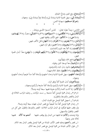 ‫]٣٢[))ﻣﺘﺎع( رﻓﻊ اﻟﻌﲔ )ﻣﺘﺎع اﳊﻴﺎة(.‬
‫َ‬
‫ُ‬
‫]٥٢[)ﻳﺸﺎءُ إِﻟﻰ( ﺳﻬﻞ اﳍﻤﺰة اﻟﺜﺎﻧﻴﺔ )ﻳﺸﺎءُ اِﱃ( وأﺑﺪﳍﺎ واواً )ﻳﺸﺎءُ ِ‬
‫وﱃ( وﺟﻬﺎن.‬
‫ٍ‬
‫)ﺻﺮاط ﻣﺴﺘﻘﻴﻢ( ﻧ ـ ـ ــﻬـ ـﺎﻳﺔ اﻟﺜﻤﻦ.‬
‫*‬
‫*‬
‫*‬
‫*‬
‫اﻟﺜﻤﻦ اﳋﺎﻣﺲ: وﻳﺒﺪأ ﺑﻘﻮﻟﻪ ﺗﻌﺎﱃ: ﻟﻠﺬﻳﻦ أﺣﺴﻨﻮا اﳊُﺴﲎ وزﻳﺎدة.. .‬
‫]٦٢[)اﻟﺤﺴـ ـ ــﻨَﻰ( )٩٢/ﻓﻜﻔـ ـ ــﻰ( )٠٣/ﻣـ ـ ــﻮﻻﻫﻢ( )٢٣و٤٣/ﻓـ ـ ــﺄﻧﱠﻰ( ﻣﻌ ـ ـ ـﺎً، )٥٣/ ﻳُﻬ ـ ـ ـﺪى(‬
‫َ‬
‫َ‬
‫ُ‬
‫)٨٤/ﻣﺘﻰ( )٠٥/أﺗﺎﻛﻢ( ﻓﺘﺢ اﻷﻟﻒ وﻗﻠﻠﻬﺎ ﻓﻴﻬﻦ.‬
‫ِ‬
‫ِ‬
‫]٧٢[)اﻟﻨﺎر( )٧٣/ﻳﻔﺘﺮى( )٨٣/اﻓﺘﺮاﻩ( )٥٤/اﻟﻨﻬﺎر( ﻗﻠﻞ اﻷﻟﻒ ﻓﻴﻬﻦ.‬
‫ِ‬
‫ِ‬
‫]١٣[)ﻳُﺪﺑﱢﺮ( )٣٤/ﻳﺒﺼﺮون( )٥٤/ﺧﺴﺮ( رﻗﻖ اﻟﺮاء ﻓﻴﻬﻦ.‬
‫َ‬
‫]٣٣[)ﻛﻠِ‬
‫ﻤﺖ( زاد أﻟﻔﺎً ﺑﻌﺪ اﳌﻴﻢ )ﻛﻠﻤﺎت(.‬
‫َ‬
‫]٣٣[)ﻳﺆﻣﻨﻮن( )٤٣/ﻳﺆﻓﻜﻮن( )٨٣/ﻓﺄْﺗﻮا( )٩٣/ﻳﺄﺗِ‬
‫ﻬﻢ ﺗﺄوﻳﻠﻪ( )٠٤/ﻳﺆﻣﻦ( ﻣﻌﺎً: أﺑﺪل اﳍﻤﺰة‬
‫ْ‬
‫ْ‬
‫ﻓﻴﻬﻦ.‬
‫]٥٣[)ﻳَﻬ ﱢي( ﻓﺘﺢ اﳍﺎء )ﻳَـﻬ ﱢي(.‬
‫َﺪ‬
‫ِﺪ‬
‫]٦٣و٤٤[)ﺷﻴﺌﺎً( ﻣﻌﺎً ﺗﻮﺳﻂ اﻟﻠﲔ وﻃﻮﻟﻪ.‬
‫]٥٤[)ﻳﺤﺸﺮﻫﻢ( ﺑﺎﻟﻨﻮن ﺑﺪل اﻟﻴﺎء )ﳓﺸﺮﻫﻢ(.‬
‫َ‬
‫]٧٤[)ﻳﻈﻠَﻤﻮن( )٢٥/ﻇﻠَﻤﻮا( ﻏﻠﻆ اﻟﻼم ﻓﻴﻬﻤﺎ.‬
‫]٩٤[)ﺟــﺎء أَﺟﻠﻬــﻢ( ﺳــﻬﻞ اﳍﻤــﺰة اﻟﺜﺎﻧﻴــﺔ )ﺟــﺎءَ اَﺟﻠﻬــﻢ( وأﺑــﺪﳍﺎ أﻟﻔـﺎَ ﻣــﺪاً ﻃﺒﻴﻌﻴـﺎً )ﺟــﺎءَ اْﺟﻠﻬــﻢ(‬
‫َ َ‬
‫وﺟﻬﺎن.‬
‫ِ‬
‫)ﻳﺴﺘﺄْﺧﺮون( أﺑﺪل اﳍﻤﺰة أﻟﻔﺎً ورﻗﻖ اﻟﺮاء.‬
‫]٠٥[)أرأَﻳْﺘﻢ( ﺳﻬﻞ اﳍﻤﺰة اﻟﺜﺎﻧﻴﺔ )أراَﻳﺘﻢ( وأﺑﺪﳍﺎ أﻟﻔﺎً ﻣﺸﺒﻌﺔ )أرآﻳْﺘﻢ( وﺟﻬﺎن.‬
‫]١٥[)آﻵن(: إذا ﻛﺎﻧﺖ ﻛﻠﻤﺔ )آﻵن( ﻣﻔﺮدة ﻓﻔﻴﻬﺎ ﺳﺒﻌﺔ أوﺟﻪ وﺻﻼً:‬
‫١و٢و٣_ إﺑـﺪال ﳘــﺰة اﻟﻮﺻــﻞ أﻟﻔـﺎً ﻣﺸــﺒﻌﺔ _ ﺳــﺖ ﻛـﺎت _ وﻋﻠﻴــﻪ اﳌﺮاﺗــﺐ اﻟﺜﻼﺛــﺔ ﰲ‬
‫ﺣﺮ‬
‫اﻟﺒﺪل )اﻟﻘﺼﺮ واﻟﺘﻮﺳﻂ واﻟﻄﻮل(.‬
‫٤و٥و٦_ ﺗﺴﻬﻴﻞ ﳘﺰة اﻟﻮﺻﻞ ﻣﻊ ﺗﺜﻠﻴﺚ اﻟﺒﺪل.‬
‫٧_ إﺑﺪال ﳘﺰة اﻟﻮﺻﻞ أﻟﻔﺎً ﻣﺪاً ﻃﺒﻴﻌﻴﺎً ﻣﻊ ﻗﺼﺮ اﻟﺒﺪل، ﻓﻬﺬﻩ ﺳﺒﻌﺔ أوﺟﻪ وﺻﻼ.‬
‫وﻟﻮ وﻗﻒ ﻋﻠﻴﻬﺎ ﻓﻴﻜﻮن ﰲ اﻟﺒﺪل اﳌﺮاﺗﺐ اﻟﺜﻼث: اﻟﻘﺼﺮ واﻟﺘﻮﺳﻂ واﻟﻄﻮل ﻋﻠﻰ ﻛﻞ ﻣﻦ‬
‫اﻟﻘﺼﺮ واﻟﻄﻮل واﻟﺘﺴﻬﻴﻞ.‬
‫وإذا وﺻــﻠﺖ )آﻵن( ﲟــﺎ ﻗﺒﻠﻬــﺎ ﻣــﻦ اﻟﺒــﺪل وﱂ ﻳﻮﻗــﻒ ﻋﻠﻴﻬـﺎ آﻣﻨــﺘﻢ ﺑــﻪ آﻵن ﻓﻔﻴﻬــﺎ‬
‫ﺛﻼﺛﺔ ﻋﺸﺮ وﺟﻬﺎً:‬
‫١_ ﻗﺼﺮ )آﻣﻨﺘﻢ( وﻋﻠﻴﻪ ﻗﺼﺮ اﻷﻟﻒ اﳌﺒﺪﻟﺔ ﻣﻦ ﳘﺰة اﻟﻮﺻﻞ وﻗﺼﺮ اﻟﺒﺪل ﺑﻌﺪ اﻟﻼم.‬
‫٢_ ﻃﻮل اﻷﻟﻒ اﳌﺒﺪﻟﺔ ﻣﻦ ﳘﺰة اﻟﻮﺻﻞ ﻣﻊ ﻗﺼﺮ اﻟﺒﺪل ﺑﻌﺪ اﻟﻼم.‬
‫-٣١١-‬

 