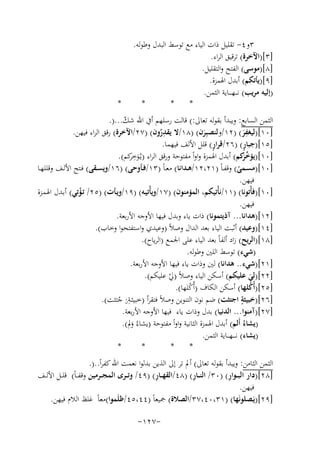 ‫٣و٤- ﺗﻘﻠﻴﻞ ذات اﻟﻴﺎء ﻣﻊ ﺗﻮﺳﻂ اﻟﺒﺪل وﻃﻮﻟﻪ.‬
‫]٣[)اﻵﺧﺮة( ﺗﺮﻗﻴﻖ اﻟﺮاء.‬
‫]٨[)ﻣﻮﺳﻰ( اﻟﻔﺘﺢ واﻟﺘﻘﻠﻴﻞ.‬
‫]٩[)ﻳﺄﺗﻜﻢ( أﺑﺪل اﳍﻤﺰة.‬
‫)إﻟﻴﻪ ﻣﺮﻳﺐ( ﻧ ـ ـﻬ ـ ــﺎﻳﺔ اﻟﺜﻤﻦ.‬
‫*‬
‫*‬
‫*‬

‫*‬

‫اﻟﺜﻤﻦ اﻟﺴﺎﺑﻊ: وﻳﺒﺪأ ﺑﻘﻮﻟﻪ ﺗﻌﺎﱃ:( ﻗﺎﻟﺖ رﺳﻠﻬﻢ أﰲ اﷲ ﺷﻚ...).‬
‫ّ‬
‫ِ‬
‫ِ‬
‫]٠١[)ﻟﻴﻐﻔﺮ( )٢١/وﻟﻨﺼﺒِﺮن( )٨١/ﻻ ﻳﻘﺪرون( )٧٢/اﻵﺧﺮة( رﻗﻖ اﻟﺮاء ﻓﻴﻬﻦ.‬
‫ُ‬
‫َ‬
‫َ‬
‫ٍ‬
‫ٍ‬
‫]٥١[)ﺟﺒﺎر( )٦٢/ﻗﺮار( ﻗﻠﻞ اﻷﻟﻒ ﻓﻴﻬﻤﺎ.‬
‫]٠١[)ﻳﺆﺧ َﻛﻢ( أﺑﺪل اﳍﻤﺰة واواً ﻣﻔﺘﻮﺣﺔ ورﻗﻖ اﻟﺮاء )ﻳـُﻮﺧﻛﻢ(.‬
‫َِﺮ‬
‫ﱢﺮ‬
‫]٠١[)ﻣﺴــﻤﻰ( وﻗﻔـﺎً )١٢،٢١/ﻫــﺪاﻧﺎ( ﻣﻌـﺎً )٣١/ﻓــﺄوﺣﻰ( )٦١/وﻳﺴــﻘﻰ( ﻓــﺘﺢ اﻷﻟــﻒ وﻗﻠﻠﻬــﺎ‬
‫ً‬
‫ﻓﻴﻬﻦ.‬
‫]٠١[)ﻓﺄْﺗﻮﻧﺎ( )١١/ﻧﺄْﺗﻴﻜﻢ، اﻟﻤﺆﻣﻨﻮن( )٧١/وﻳﺄْﺗﻴـﻪ( )٩١/وﻳـﺄت( )٥٢/ ﺗـﺆﺗﻲ( أﺑـﺪل اﳍﻤـﺰة‬
‫ْ‬
‫ﻓﻴﻬﻦ.‬
‫]٢١[)ﻫﺪاﻧﺎ... آذﻳﺘﻤﻮﻧﺎ( ذات ﻳﺎء وﺑﺪل ﻓﻴﻬﺎ اﻷوﺟﻪ اﻷرﺑﻌﺔ.‬
‫]٤١[)وﻋﻴﺪ( أﺛﺒﺖ اﻟﻴﺎء ﺑﻌﺪ اﻟﺪال وﺻﻼً )وﻋﻴﺪي واﺳﺘﻔﺘﺤﻮا وﺧﺎب(.‬
‫]٨١[)اﻟﺮﻳﺢ( زاد أﻟﻔﺎً ﺑﻌﺪ اﻟﻴﺎء ﻋﻠﻰ اﳉﻤﻊ )اﻟﺮﻳﺎح(.‬
‫)ﺷﻲء( ﺗﻮﺳﻂ اﻟﻠﲔ وﻃﻮﻟﻪ.‬
‫]١٢[)ﺷﻲء.. ﻫﺪاﻧﺎ( ﻟﲔ وذات ﻳﺎء ﻓﻴﻬﺎ اﻷوﺟﻪ اﻷرﺑﻌﺔ.‬
‫]٢٢[)ﻟﻲ ﻋﻠﻴﻜﻢ( أﺳﻜﻦ اﻟﻴﺎء وﺻﻼً )ﱄ ﻋﻠﻴﻜﻢ(.‬
‫ْ‬
‫َ‬
‫]٥٢[)أُﻛﻠﻬﺎ( أﺳﻜﻦ اﻟﻜﺎف )أُﻛﻠﻬﺎ(.‬
‫ُ‬
‫ْ‬
‫]٦٢[)ﺧﺒﻴﺜﺔ اﺟﺘﺜﺖ( ﺿﻢ ﻧﻮن اﻟﺘﻨﻮﻳﻦ وﺻﻼً ﻓﺘﻘﺮأ )ﺧﺒﻴﺜـ ِ‬
‫ٍ‬
‫ﺔن ﺟﺘﺜﺖ(.‬
‫ُ ْ‬
‫]٧٢[)آﻣﻨﻮا... اﻟﺪﻧﻴﺎ( ﺑﺪل وذات ﻳﺎء ﻓﻴﻬﺎ اﻷوﺟﻪ اﻷرﺑﻌﺔ.‬
‫)ﻳﺸﺎءُ أَﻟﻢ( أﺑﺪل اﳍﻤﺰة اﻟﺜﺎﻧﻴﺔ واواً ﻣﻔﺘﻮﺣﺔ )ﻳﺸﺎءُ وﱂ(.‬
‫َ‬
‫)ﻳﺸﺎء( ﻧـ ـ ـﻬـ ــﺎﻳﺔ اﻟﺜﻤﻦ.‬
‫*‬
‫*‬
‫*‬
‫*‬
‫اﻟﺜﻤﻦ اﻟﺜﺎﻣﻦ: وﻳﺒﺪأ ﺑﻘﻮﻟﻪ ﺗﻌﺎﱃ( أﱂ ﺗﺮ إﱃ اﻟﺬﻳﻦ ﺑﺪﻟﻮا ﻧﻌﻤﺖ اﷲ ﻛﻔﺮاً..).‬
‫ِ‬
‫ِ‬
‫ِ‬
‫]٨٢[)دار اﻟﺒ ــﻮار( )٠٣/ اﻟﻨ ــﺎر( )٨٤/اﻟﻘﻬ ــﺎر( )٩٤/ وﺗ ــﺮى اﻟﻤﺠ ــﺮﻣﻴﻦ وﻗﻔ ـﺎً( ﻗﻠــﻞ اﻷﻟ ــﻒ‬
‫ﻓﻴﻬﻦ.‬
‫]٩٢[)ﻳَـﺼﻠﻮﻧَﻬﺎ( )١٣،٠٤،٧٣/اﻟﺼﻼة( ﲨﻴﻌﺎً )٤٤،٥٤/ﻇﻠَﻤﻮا(ﻣﻌﺎً ﻏﻠﻆ اﻟﻼم ﻓﻴﻬﻦ.‬
‫-٧٢١-‬

 