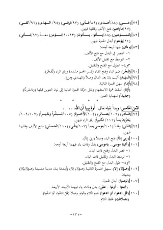 ‫]٩٧[)ﻋﺴ ـ ـ ــﻰ( )٤٨/أﻫ ـ ـ ــﺪى( )٩٨/ﻓ ـ ـ ــﺄﺑﻰ( )٣٩/ﺗﺮﻗ ـ ـ ــﻰ( )٤٩/ اﻟ ـ ـ ـ ـﻬﺪى( )٦٩/ﻛﻔ ـ ـ ــﻰ(‬
‫)٧٩/ﻣﺄواﻫﻢ( ﻓﺘﺢ اﻷﻟﻒ وﻗﻠﻠﻬﺎ ﻓﻴﻬﻦ.‬
‫]٢٨[)ﻟﻠﻤـ ـ ـ ـ ـ ـ ــﺆﻣﻨﻴﻦ( )٨٨/ﻳـ ـ ـ ـ ـ ـ ــﺄﺗﻮا، ﻳـ ـ ـ ـ ـ ـ ــﺄﺗﻮن( )٣٩،٠٩/ﻧـ ـ ـ ـ ـ ـ ــﺆﻣﻦ( ﻣﻌ ـ ـ ـ ـ ـ ـ ـﺎً )٢٩/ﺗـ ـ ـ ـ ـ ـ ــﺄﺗِ‬
‫ﻲ(‬
‫)٤٩/ﻳﺆﻣﻨﻮا( أﺑﺪل اﳍﻤﺰة ﻓﻴﻬﻦ.‬
‫]٣٨[)وﻧﺄى( ﻓﻴﻬﺎ أرﺑﻌﺔ أوﺟﻪ:‬
‫١- اﻟﻘﺼﺮ ﰲ اﻟﺒﺪل ﻣﻊ ﻓﺘﺢ اﻷﻟﻒ.‬
‫٢- اﻟﺘﻮﺳﻂ ﻣﻊ ﺗﻘﻠﻴﻞ اﻷﻟﻒ.‬
‫٣و٤- اﻟﻄﻮل ﻣﻊ اﻟﻔﺘﺢ واﻟﺘﻘﻠﻴﻞ.‬
‫]٠٩[)ﺗِﻔﺠﺮ( ﺿﻢ اﻟﺘﺎء وﻓﺘﺢ اﻟﻔﺎء ﻛﺴﺮ اﳉﻴﻢ ﻣﺸﺪدة ورﻗﻖ اﻟﺮاء )ﺗُـﻔﺠﺮ(.‬
‫و‬
‫ُْ‬
‫َ ﱢَ‬
‫]٧٩[) ِ‬
‫اﻟﻤﻬﺘﺪ( أﺛﺒﺖ ﻳﺎءً ﺑﻌﺪ اﻟﺪال وﺻﻼً )اﳌﻬﺘﺪي وﻣﻦ(.‬
‫]٨٩[)أَإِذا( ﺳﻬﻞ اﳍﻤﺰة اﻟﺜﺎﻧﻴﺔ.‬
‫َِ‬
‫)أَإِﻧﺎ( أﺳﻘﻂ ﳘﺰة اﻻﺳﺘﻔﻬﺎم وﻧﻘﻞ ﻛﺔ اﳍﻤﺰة اﻟﺜﺎﻧﻴﺔ إﱃ ﻧﻮن اﻟﺘﻨﻮﻳﻦ ﻗﺒﻠﻬﺎ )رﻓﺎتنﻧﱠﺎ(.‬
‫ﺣﺮ‬
‫)ﺟﺪﻳﺪاً( ﻧ ـ ــﻬـ ـ ـﺎﻳﺔ اﻟﺜﻤﻦ.‬
‫*‬
‫*‬
‫* *‬
‫ﺍﻟﺜﻤﻦ ﺍﳋﺎﻣﺲ: ﻭﻳﺒﺪﺃ ﺑﻘﻮﻟﻪ ﺗﻌﺎﱃ ﺃﻭﱂ ﻳﺮﻭﺍ ﺃﻥ ﺍ‪. ...‬‬
‫ِ‬
‫ُ ﱢ‬
‫]٩٩[)ﻗ ـ ـ ــﺎدر( )٢٠١/ﺑﺼ ـ ـ ــﺎﺋِﺮ( )٤٠١/اﻵﺧ ـ ـ ــﺮة( )٥٠١/ﻣ ـ ـ ـ ـﺒﺸﺮاً وﻧﺬﻳ ـ ـ ـ ـﺮاً( )٧٠١،٩٠١/‬
‫ﻳَﺨﺮون(ﻣﻌﺎً )١١١/ ﺗﻜﺒﻴﺮاً( رﻗﻖ اﻟﺮاء ﻓﻴﻬﻦ.‬
‫ِﱡ‬
‫]٩٩[)ﻓ ــﺄﺑﻰ( وﻗﻔ ـﺎً )١٠١/ﻣﻮﺳ ــﻰ(ﻣﻌ ـﺎً )٧٠١/ﻳﺘﻠَــﻰ( )٠١١/اﻟﺤﺴ ــﻨَﻰ( ﻓ ـﺘﺢ اﻷﻟ ــﻒ وﻗﻠﻠﻬ ــﺎ‬
‫ﻓﻴﻬﻦ.‬
‫]٠٠١[)رﺑﻲ إِذاً( ﻓﺘﺢ اﻟﻴﺎء وﺻﻼً )رﰊ إِذاً(.‬
‫َ‬
‫]١٠١[)آﺗﻴﻨﺎ ﻣﻮﺳﻰ.. ﻳﺎﻣﻮﺳﻰ( ﺑﺪل وذات ﻳﺎء ﻓﻴﻬﻤﺎ أرﺑﻌﺔ أوﺟﻪ:‬
‫١- ﻗﺼﺮ اﻟﺒﺪل وﻓﺘﺢ ذات اﻟﻴﺎء.‬
‫٢- ﺗﻮﺳﻂ اﻟﺒﺪل وﺗﻘﻠﻴﻞ ذات اﻟﻴﺎء.‬
‫٣و٤- ﻃﻮل اﻟﺒﺪل ﻣﻊ اﻟﻔﺘﺢ واﻟﺘﻘﻠﻴﻞ.‬
‫]٢٠١[)ﻫـ ــﺆﻻء إِﻻ( ﺳـ ــﻬﻞ اﳍﻤ ــﺰة اﻟﺜﺎﻧﻴ ــﺔ )ﻫ ــﺆﻻء اِﻻ( وأﺑـ ــﺪﳍﺎ ﻳ ــﺎء ﻣﺪﻳ ــﺔ ﻣﺸ ــﺒﻌﺔ )ﻫـ ـ ِ‬
‫ِ‬
‫ِ‬
‫ـﺆﻻءﻳْﻼ(‬
‫وﺟﻬﺎن.‬
‫]٧٠١[)ﺗﺆﻣﻨﻮا( أﺑﺪل اﳍﻤﺰة.‬
‫ِ‬
‫)آﻣﻨﻮا.. أوﺗﻮا.. ﺗﺘﻠﻰ( ﺑﺪل وذات ﻳﺎء ﻓﻴﻬﻤﺎ اﻷوﺟﻪ اﻷرﺑﻌﺔ.‬
‫ِ‬
‫ِ‬
‫]٠١١[)ﻗﻞ ادﻋﻮا، أو ادﻋﻮا( ﺿﻢ اﻟﻼم واﻟﻮاو وﺻﻼً )ﻗﻞ ادﻋﻮا، أو ادﻋﻮا(.‬
‫ُ ُ ُ ُ‬
‫)ﺑﺼﻼﺗﻚ( ﻏﻠﻆ اﻟﻼم.‬
‫-٥٣١-‬

 