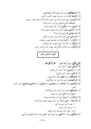 ‫ْ ِ‬
‫ْ ِِ‬
‫]٩٥[)ﻟِـﻤـﻬﻠِﻜﻬﻢ( ﺿﻢ اﳌﻴﻢ وﻓﺘﺢ اﻟﻼم )ﻟِـﻤـﻬﻠَﻜﻬﻢ(.‬
‫َ‬
‫ُ‬
‫]٢٦[)ﻟﻔﺘﺎﻩ آﺗﻨﺎ( ذات ﻳﺎء وﺑﺪل ﻓﻴﻬﻤﺎ اﻷوﺟﻪ اﻷرﺑﻌﺔ.‬
‫]٣٦[)أرأﻳﺖ( ﺳﻬﻞ اﳍﻤﺰة اﻟﺜﺎﻧﻴﺔ ﰲ اﳊﺎﻟﲔ وأﺑﺪﳍﺎ أﻟﻔﺎً ﻣﺸﺒﻌﺔ وﻗﻔﺎً وﺟﻬﺎن.‬
‫)أﻧﺴﺎﻧﻴﻪُ( اﻟﻔﺘﺢ واﻟﺘﻘﻠﻴﻞ ﻣﻊ ﻛﺴﺮ اﳍﺎء وﺻﻼً.‬
‫َِ‬
‫]٤٦[)ﻧﺒﻎ( )٦٦/ ﺗﻌﻠﱢﻤﻦ( أﺛﺒﺖ اﻟﻴﺎء ﻓﻴﻬﻤﺎ وﺻﻼً.‬
‫ِ‬
‫]٢٧،٧٦[)ﻣﻌﻲ ﺻﺒﺮاً( أﺳﻜﻦ اﻟﻴﺎء ﻓﻴﻬﻤﺎ )ﻣﻌﻲ ﺻﱪاً(.‬
‫َ‬
‫ْ‬
‫]٩٦[)ﺳﺘﺠﺪﻧﻲ إن( ﻓﺘﺢ اﻟﻴﺎء وﺻﻼً.‬
‫]٠٧[)ﺗﺴﺄﻟْﻨِﻲ ﻋﻦ( ﻓﺘﺢ اﻟﻼم وﺷﺪد اﻟﻨﻮن )ﺗﺴﺄَﻟَـﲏ(.‬
‫ﱢ‬
‫ِ‬
‫]٠٧/ذﻛﺮاً( )١٧/إِﻣﺮاً( رﻗﻖ اﻟﺮاء وﻓﺨﻤﻬﺎ ﻓﻴﻬﻤﺎ، وﺟﻬﺎن.‬
‫]٤٧[) ﻛِﻴﱠﺔ( زاد أﻟﻔﺎً ﺑﻌﺪ اﻟﺰاي وﺧﻔﻒ اﻟﻴﺎء )زاﻛِﻴَﺔ(.‬
‫ز‬
‫َ‬
‫]٤٧[)ﻧُﻜﺮا( ﺿﻢ اﻟﻜﺎف )ﻧُﻜﺮاً( وﻫﻮ ﻧـ ـﻬـﺎﻳﺔ اﳉﺰء اﳋﺎﻣﺲ ﻋﺸﺮ.‬
‫ْ‬
‫ُ‬
‫*‬
‫*‬
‫* *‬
‫اﻟﺠﺰء اﻟﺴﺎدس ﻋﺸﺮ‬
‫ﻗﺎﻝ ﺃﱂ ﺃﻗﻞ ﻟﻚ... .‬

‫ﺍﻟﺜﻤﻦ ﺍﻷﻭﻝ: ﻭﻳﺒﺪﺃ ﺑﻘﻮﻟﻪ ﺗﻌﺎﱃ:‬
‫]٥٧[)ﻣﻌﻲ ﺻﺒﺮاً( أﺳﻜﻦ اﻟﻴﺎء.‬
‫َ ٍ‬
‫]٦٧، ٤٨[)ﺷﻲء( ﻣﻌﺎً ﺗﻮﺳﻂ اﻟﻠﲔ وﻃﻮﻟﻪ.‬
‫]٦٧[)ﻟَﺪﻧﱢﻲ( ﺧﻔﻒ اﻟﻨﻮن )ﻟﺪِﱐ(.‬
‫ُ‬
‫ُ‬
‫]٧٧[)ﻓﺎﻧﻄَﻠﻘﺎ( )٧٨/ﻇﻠَﻢ( ﻏﻠﻆ اﻟﻼم ﻓﻴﻬﻤﺎ.‬
‫]٧٧[)ﻻﺗﱠﺨﺬت( أدﻏﻢ اﻟﺬال ﰲ اﻟﺘﺎء )ﻻﲣَﺖ(.‬
‫ﱠ ﱠ‬
‫ْ َ‬
‫]٨٧[)ﺑﺘﺄوﻳـﻞ( )٩٧/ﻳﺄﺧـﺬ( )٠٨/ﻣــﺆﻣﻨَﻴﻦ( )٢٨/ﺗﺄوﻳـﻞ( )٤٩/ﻳـﺄﺟﻮج وﻣــﺄﺟﻮج( أﺑـﺪل اﳍﻤــﺰة‬
‫ﻓﻴﻬﻦ.‬
‫ِ‬
‫]١٨[)ﻳُـ ْﺒﺪﻟﻬﻤﺎ( ﻓﺘﺢ اﻟﺒﺎء وﺷﺪد اﻟﺪال )ﻳـُﺒَـﺪﳍﻤﺎ(.‬
‫ﱢَ‬
‫)ﺧﻴﺮاً( )٥٩/ﺧﻴﺮ( رﻗﻖ اﻟﺮاء ﻓﻴﻬﻤﺎ.‬
‫ٌ‬
‫ِ‬
‫ِ‬
‫]٣٨[)ذﻛﺮاً( )٠٩/ﺳﺘﺮاً( رﻗﻖ اﻟﺮاء وﻓﺨﻤﻬﺎ وﺟﻬﺎن.‬
‫ٍ‬
‫]٤٨[)آﺗﻴﻨﺎﻩ... ﺷﻲء ﺳﺒﺒﺎً( ﺑﺪل وﻟﲔ ﻣﻬﻤﻮز ﻓﻴﻬﻤﺎ أرﺑﻌﺔ أوﺟﻪ:‬
‫١- ﻗﺼﺮ اﻟﺒﺪل وﺗﻮﺳﻂ اﻟﻠﲔ.‬
‫٢- ﺗﻮﺳﻂ اﻟﺒﺪل واﻟﻠﲔ.‬
‫٣و٤- ﻃﻮل اﻟﺒﺪل وﺗﻮﺳﻂ اﻟﻠﲔ وﻃﻮﻟﻪ.‬
‫]٥٨[)ﻓﺄَﺗْﺒﻊ( )٩٨،٢٩/أﺗْـﺒَﻊ( ﻣﻌﺎً وﺻﻞ ﳘﺰة اﻟﻘﻄﻊ وﺷﺪد اﻟﺘﺎء )ﻓﺎﺗﱠﺒَﻊ( )ﰒ اﺗﱠﺒَﻊ(.‬
‫ـ‬
‫ـ‬
‫-٨٣١-‬

 