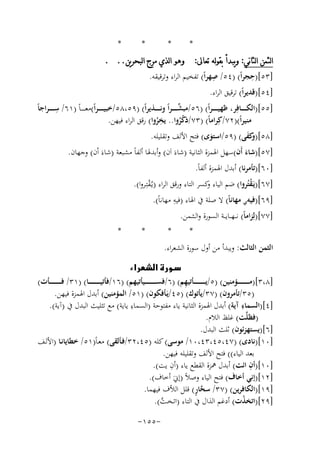 ‫*‬

‫*‬

‫ﺍﻟﺜﻤﻦ ﺍﻟﺜﺎﻧﻲ: ﻭﻳﺒﺪﺃ ﺑﻘﻮﻟﻪ ﺗﻌﺎﱃ:‬
‫ِ‬
‫ِ‬
‫]٣٥[)ﺣﺠﺮاً( )٤٥/ ﺻﻬﺮاً( ﺗﻔﺨﻴﻢ اﻟﺮاء وﺗﺮﻗﻴﻘﻪ.‬

‫*‬

‫*‬

‫ﻭﻫﻮ ﺍﻟﺬﻱ ﻣﺮﺝ ﺍﻟﺒﺤﺮﻳﻦ.. .‬

‫]٤٥[)ﻗﺪﻳﺮاً( ﺗﺮﻗﻴﻖ اﻟﺮاء.‬
‫ِ‬
‫ﱢ‬
‫]٥٥[)اﻟﻜ ـ ـ ــﺎﻓِﺮ، ﻇﻬﻴ ـ ـ ـ ـﺮاً( )٦٥/ﻣﺒﺸ ـ ـ ـ ـﺮاً وﻧ ـ ـ ــﺬﻳﺮاً( )٩٥،٨٥/ﺧﺒﻴ ـ ـ ـ ـﺮاً(ﻣﻌـ ـ ـ ـﺎً )١٦/ ﺳ ـ ـ ـ ـﺮاﺟﺎً‬
‫ِ‬
‫ﻣﻨﻴﺮاً()٢٧/ﻛِﺮاﻣﺎً( )٣٧/ذﻛﺮوا.. ﻳﺨﺮوا( رﻗﻖ اﻟﺮاء ﻓﻴﻬﻦ.‬
‫ُ‬
‫ُّ‬
‫]٨٥[) ﻛﻔﻰ( )٩٥/اﺳﺘﻮى( ﻓﺘﺢ اﻷﻟﻒ وﺗﻘﻠﻴﻠﻪ.‬
‫وَ‬
‫َ‬

‫]٧٥[)ﺷﺎء أَن(ﺳﻬﻞ اﳍﻤﺰة اﻟﺜﺎﻧﻴﺔ )ﺷﺎءَ اَن( وأﺑﺪﳍﺎ أﻟﻔﺎً ﻣﺸﺒﻌﺔ )ﺷﺎءَ اْن( وﺟﻬﺎن.‬
‫َ‬
‫]٠٦[)ﺗﺄﻣﺮﻧﺎ( أﺑﺪل اﳍﻤﺰة أﻟﻔﺎً.‬
‫]٧٦[)ﻳَـﻘﺘُﺮوا( ﺿﻢ اﻟﻴﺎء ﻛﺴﺮ اﻟﺘﺎء ورﻗﻖ اﻟﺮاء )ﻳـُﻘﺘِـﺮوا(.‬
‫و‬
‫ْ‬
‫ْ‬
‫ِ‬
‫]٩٦[)ﻓﻴﻪي ﻣﻬﺎﻧﺎً( ﻻ ﺻﻠﺔ ﰲ اﳍﺎء )ﻓﻴﻪ ﻣﻬﺎﻧﺎً(.‬
‫]٧٧[)ﻟِﺰاﻣﺎً( ﻧـ ـﻬ ــﺎﻳ ــﺔ اﻟﺴﻮرة واﻟ ـﺜــﻤﻦ.‬
‫*‬

‫*‬

‫*‬

‫*‬

‫اﻟﺜﻤﻦ اﻟﺜﺎﻟﺚ: وﻳﺒﺪأ ﻣﻦ أول ﺳﻮرة اﻟﺸﻌﺮاء.‬
‫‪‬‬
‫ِ‬
‫]٨،٣[)ﻣـ ـ ـ ـ ـ ـ ـ ــﺆﻣﻨﻴﻦ( )٥/ﻳـ ـ ـ ـ ـ ـ ـ ــﺄﺗﻴﻬﻢ( )٦/ﻓﺴـ ـ ـ ـ ـ ـ ـ ــﻴﺄﺗﻴﻬﻢ( )٦١/ﻓﺄﺗﻴـ ـ ـ ـ ـ ـ ـ ــﺎ( )١٣/ ﻓـ ـ ـ ـ ـ ـ ـ ــﺄت(‬
‫)٥٣/ﺗﺄﻣﺮون( )٧٣/ﻳﺄﺗﻮك( )٥٤/ﻳَـﺄﻓﻜﻮن( )١٥/ اﻟﻤﺆﻣﻨﻴﻦ( أﺑﺪل اﳍﻤﺰة ﻓﻴﻬﻦ.‬
‫ِ‬
‫ِ‬
‫]٤[)اﻟﺴﻤﺎء آﻳﺔ( أﺑﺪل اﳍﻤﺰة اﻟﺜﺎﻧﻴﺔ ﻳﺎء ﻣﻔﺘﻮﺣﺔ )اﻟﺴﻤﺎء ﻳﺎﻳﺔ( ﻣﻊ ﺗﺜﻠﻴﺚ اﻟﺒﺪل ﰲ )آﻳﺔ(.‬
‫)ﻓﻈﻠﱠﺖ( ﻏﻠﻆ اﻟﻼم.‬
‫]٦[)ﻳﺴﺘﻬﺰﺋﻮن( ﺛﻠﺚ اﻟﺒﺪل.‬
‫]٠١[)ﻧﺎدى( )٧٤،٥٤،٣٤،٠١/ ﻣﻮﺳﻰ( ﻛﻠﻪ )٥٤،٢٣/ﻓـﺄﻟﻘﻰ( ﻣﻌـﺎً)١٥/ ﺧﻄﺎﻳﺎﻧـﺎ )اﻷﻟـﻒ‬
‫ﺑﻌﺪ اﻟﻴﺎء(( ﻓﺘﺢ اﻷﻟﻒ وﺗﻘﻠﻴﻠﻪ ﻓﻴﻬﻦ.‬
‫ِ‬
‫ِ‬
‫]٠١[)أن اﺋﺖ( أﺑﺪل ﳘﺰة اﻟﻘﻄﻊ ﻳﺎء )أن ﻳﺖ(.‬
‫]٢١[)إﻧﻲ أﺧﺎف( ﻓﺘﺢ اﻟﻴﺎء وﺻﻼً )إﱐَ أﺧﺎف(.‬
‫ﱠٍ‬
‫]٩١[)اﻟﻜﺎﻓﺮﻳﻦ( )٧٣/ ﺳﺤﺎر( ﻗﻠﻞ اﻟﻸف ﻓﻴﻬﻤﺎ.‬
‫]٩٢[)اﺗﺨﺬت( أدﻏﻢ اﻟﺬال ﰲ اﻟﺘﺎء )اﺗـﺨـﺖ(.‬
‫ْ‬
‫ﱠ‬
‫-٥٥١-‬

 