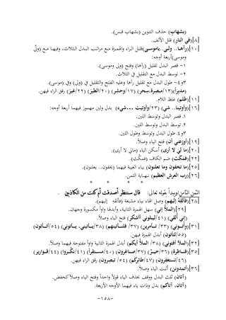 ‫ِ‬
‫ٍ‬
‫)ﺑﺸﻬﺎب( ﺣﺬف اﻟﺘﻨﻮﻳﻦ )ﺑﺸﻬﺎب ﻗﺒﺲ(.‬
‫ِ‬
‫]٨[)ﻓﻲ اﻟﻨﺎر( ﻗﻠﻞ اﻷﻟﻒ.‬
‫]٠١[)رآﻫ ــﺎ.. وﻟ ــﻰ..ﻳﺎﻣﻮﺳ ــﻰ(ﻗﻠ ــﻞ اﻟ ـﺮاء واﳍﻤ ــﺰة ﻣ ــﻊ ﻣﺮاﺗ ــﺐ اﻟﺒ ــﺪل اﻟ ــﺜﻼث، وﻓﻴﻬ ــﺎ ﻣ ــﻊ )وﱃ‬
‫ّ‬
‫وﻣﻮﺳﻰ(أرﺑﻌﺔ أوﺟﻪ:‬
‫١- ﻗﺼﺮ اﻟﺒﺪل ﺗﻘﻠﻴﻞ )رآﻫﺎ( وﻓﺘﺢ )وﱃ وﻣﻮﺳﻰ(.‬
‫٢- ﺗﻮﺳﻂ اﻟﺒﺪل ﻣﻊ اﻟﺘﻘﻠﻴﻞ ﰲ اﻟﺜﻼث.‬
‫٣و٤- ﻃﻮل اﻟﺒﺪل ﻣﻊ ﺗﻘﻠﻴﻞ رآﻫﺎ وﻋﻠﻴﻪ اﻟﻔـﺘﺢ واﻟﺘﻘﻠﻴﻞ ﰲ )وﱃ( وﰲ )ﻣﻮﺳﻰ(.‬
‫ِ‬
‫ِ ِ‬
‫)ﻣﺪﺑِﺮاً()٣١/ﻣﺒﺼﺮة،ﺳﺤﺮ( )٧١/وﺣﺸﺮ( )٠٢/اﻟﻄﻴﺮ( )٢٢/ﻏﻴﺮ( رﻗﻖ اﻟﺮاء ﻓﻴﻬﻦ.‬
‫َ‬
‫َ‬
‫]١١[)ﻇﻠﻢ( ﻏﻠﻆ اﻟﻼم.‬
‫]٦١[)وأوﺗﻴﻨﺎ.. ﺷﻲ( )٣٢/وأوﺗﻴـﺖ …ﺷﻲء( ﺑﺪل وﻟﲔ ﻣﻬﻤﻮز ﻓﻴﻬﻤﺎ أرﺑﻌﺔ أوﺟﻪ:‬
‫١ـ ﻗﺼﺮ اﻟﺒﺪل وﺗﻮﺳﻂ اﻟﻠﲔ.‬
‫٢ـ ﺗﻮﺳﻂ اﻟﺒﺪل وﺗﻮﺳﻂ اﻟﻠﲔ.‬
‫٣و٤ـ ﻃﻮل اﻟﺒﺪل وﺗﻮﺳﻂ وﻃﻮل اﻟﻠﲔ.‬
‫]٩١[)أوزﻋﻨﻲ أن( ﻓﺘﺢ اﻟﻴﺎء وﺻﻼً.‬
‫]٠٢[)ﻣﺎ ﻟﻲ ﻻ أرى( أﺳﻜﻦ اﻟﻴﺎء )ﻣﺎﱄ ﻻ أرى(.‬
‫َ‬
‫]٢٢[)ﻓﻤﻜﺚ( ﺿﻢ اﻟﻜﺎف )ﻓﻤﻜﺚ(.‬
‫ُ‬
‫ََ‬
‫]٥٢[)ﻣﺎ ﺗﺨﻔﻮن وﻣﺎ ﺗﻌﻠﻨﻮن( ﺑﻴﺎء اﻟﻐﻴﺒﺔ ﻓﻴﻬﻤﺎ )ﳜﻔﻮن.. ﻳﻌﻠﻨﻮن(.‬
‫]٦٢[)رب اﻟﻌﺮش اﻟﻌﻈﻴﻢ( ﻧـ ـﻬـ ــﺎﻳﺔ اﻟﺜﻤﻦ.‬
‫*‬
‫*‬
‫*‬
‫*‬
‫ﺍﻟﺜﻤﻦ ﺍﻟﺜﺎﻣﻦ:ﻭﻳﺒﺪﺃ ﺑﻘﻮﻟﻪ ﺗﻌﺎﱃ: ﻗﺎﻝ ﺳﻨﻨﻈﺮ ﺃﺻﺪﻗﺖ ﺃﻡ ﻛﻨﺖ ﻣﻦ ﺍﻟﻜﺎﺫﺑﲔ .‬
‫ِ‬
‫]٨٢[)ﻓﺄﻟﻘﻪ إﻟﻴﻬﻢ( وﺻﻞ اﳍﺎء ﺑﻴﺎء ﻣﺸﺒﻌﺔ )ﻓﺄﻟﻘﻪ إﻟﻴﻬﻢ(.‬
‫ِْ‬
‫]٩٢[)اﻟﻤﻸُ إﻧﻲ( ﺳﻬﻞ اﳍﻤﺰة اﻟﺜﺎﻧﻴﺔ، وأﺑﺪﳍﺎ واواً ﻣﻜﺴﻮرة وﺟﻬﺎن.‬
‫)إﻧﻲ أُﻟﻘﻲ( )١٤/ﻟﻴﺒﻠﻮﻧﻲ أأﺷﻜﺮ( ﻓﺘﺢ اﻟﻴﺎء وﺻﻼً.‬
‫]١٣[)وأْﺗـ ـ ــﻮﻧﻲ( )٣٣/ ﺗـ ـ ــﺄﻣﺮﻳﻦ( )٧٣/ ﻓﻠﻨـ ـ ــﺄﺗﻴﻨﻬﻢ( )٨٣/ﻳـ ـ ــﺄﺗﻴﻨﻲ، ﻳـ ـ ــﺄﺗﻮﻧﻲ( )٤٥/أﺗـ ـ ــﺄﺗﻮن(‬
‫)٥٥/ﻟﺘﺄﺗﻮن( أﺑﺪل اﳍﻤﺰة ﻓﻴﻬﻦ.‬
‫]٢٣[)اﻟﻤﻸ أﻓﺘﻮﻧﻲ( )٨٣/ اﻟﻤﻸُ أﻳﻜﻢ( أﺑﺪل اﳍﻤﺰة اﻟﺜﺎﻧﻴﺔ واواً ﻣﻔﺘﻮﺣﺔ ﻓﻴﻬﻤﺎ وﺻﻼً.‬
‫ِ‬
‫ِ‬
‫ِ‬
‫ﱢ‬
‫]٥٣[)ﻓﻨـ ــﺎﻇﺮة( )٦٣/ﺧﻴـ ــﺮ( )٧٣/ﺻـ ــﺎﻏﺮون( )٠٤/ﻣﺴـ ــﺘﻘﺮاً( )١٤/ﻧﻜـ ــﺮوا( )٤٤/ﻗـ ــﻮارﻳﺮ(‬
‫ٌ‬
‫ِ‬
‫ِ‬
‫)٦٤/ﺗﺴﺘﻐﻔﺮون( )٧٤/ﻃﺎﺋِ ﻛﻢ( )٤٥/ ﺗﺒﺼﺮون( رﻗﻖ اﻟﺮاء ﻓﻴﻬﻦ.‬
‫ﺮ‬
‫]٦٣[)أﺗﻤﺪوﻧﻦ( أﺛﺒﺖ اﻟﻴﺎء وﺻﻼً.‬
‫)آﺗﺎن( ﺛﻠﺚ اﻟﺒﺪل ووﻗﻒ ﲝﺬف اﻟﻴﺎء ﻗﻮﻻً واﺣﺪاً وﻓﺘﺢ اﻟﻴﺎء وﺻﻼً ﻛﺤﻔﺾ.‬
‫)آﺗﺎن، آﺗﺎﻛﻢ( ﺑﺪل وذات ﻳﺎء ﻓﻴﻬﻤﺎ اﻷوﺟﻪ اﻷرﺑﻌﺔ.‬
‫-٨٥١-‬

 