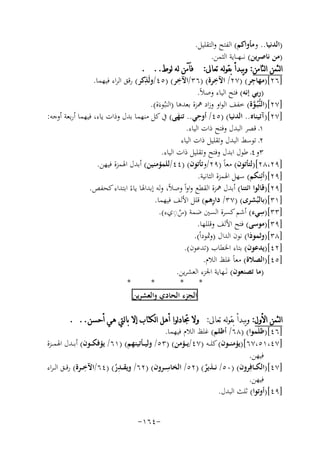 ‫)اﻟﺪﻧﻴﺎ.. وﻣﺄواﻛﻢ( اﻟﻔﺘﺢ واﻟﺘﻘﻠﻴﻞ.‬
‫)ﻣﻦ ﻧﺎﺻﺮﻳﻦ( ﻧـ ــﻬـ ـﺎﻳﺔ اﻟﺜﻤﻦ.‬
‫ﺍﻟﺜﻤﻦ ﺍﻟﺜﺎﻣﻦ: ﻭﻳﺒﺪﺃ ﺑﻘﻮﻟﻪ ﺗﻌﺎﱃ: ﻓﺂﻣﻦ ﻟﻪ ﻟﻮﻁ.. .‬
‫ِ‬
‫ِ‬
‫ِ‬
‫ِ‬
‫]٦٢[)ﻣﻬﺎﺟﺮ( )٧٢/ اﻵﺧﺮة( )٦٣/اﻵﺧﺮ( )٥٤/وﻟَﺬﻛﺮ( رﻗﻖ اﻟﺮاء ﻓﻴﻬﻤﺎ.‬
‫)رﺑﻲ إﻧﻪ( ﻓﺘﺢ اﻟﻴﺎء وﺻﻼً.‬
‫]٧٢[)اﻟﻨﱡﺒُـﻮة( ﺧﻔﻒ اﻟﻮاو وزاد ﳘﺰة ﺑﻌﺪﻫﺎ )اﻟﻨﺒُﻮءَة(.‬
‫ﱠ‬
‫]٧٢[)آﺗﻴﻨﺎﻩ.. اﻟﺪﻧﻴﺎ( )٥٤/ ِ‬
‫أوﺣﻲ.. ﺗﻨﻬﻰ( ﰲ ﻛﻞ ﻣﻨﻬﻤﺎ ﺑﺪل وذات ﻳﺎء، ﻓﻴﻬﻤﺎ أرﺑﻌﺔ أوﺟﻪ:‬
‫َ‬
‫١ـ ﻗﺼﺮ اﻟﺒﺪل وﻓﺘﺢ ذات اﻟﻴﺎء.‬
‫٢ـ ﺗﻮﺳﻂ اﻟﺒﺪل وﺗﻘﻠﻴﻞ ذات اﻟﻴﺎء‬
‫٣و٤ـ ﻃﻮل اﺑﺪل وﻓﺘﺢ وﺗﻘﻠﻴﻞ ذات اﻟﻴﺎء.‬
‫]٩٢،٨٢[)ﻟﺘﺄﺗﻮن( ﻣﻌﺎً )٩٢/وﺗﺄﺗﻮن( )٤٤/ﻟﻠﻤﺆﻣﻨﻴﻦ( أﺑﺪل اﳍﻤﺰة ﻓﻴﻬﻦ.‬
‫]٩٢[)أﺋِﻨﻜﻢ( ﺳﻬﻞ اﳍﻤﺰة اﻟﺜﺎﻧﻴﺔ.‬
‫]٩٢[)ﻗﺎﻟﻮا اﺋﺘﻨﺎ( أﺑﺪل ﳘﺰة اﻟﻘﻄﻊ واواً وﺻﻼً، وﻟﻪ إﺑﺪاﳍﺎ ﻳﺎءً اﺑﺘﺪاء ﻛﺤﻔﺺ.‬
‫ِ‬
‫]١٣[)ﺑﺎﻟﺒُﺸﺮى( )٧٣/ دارﻫﻢ( ﻗﻠﻞ اﻷﻟﻒ ﻓﻴﻬﻤﺎ.‬
‫ِ‬
‫ِ‬
‫]٣٣[)ﺳﻲء( أﺷﻢ ﻛﺴﺮة اﻟﺴﲔ ﺿﻤﺔ )س◌يء(.‬
‫ُ‬
‫]٩٣[)ﻣﻮﺳﻰ( ﻓﺘﺢ اﻷﻟﻒ وﻗﻠﻠﻬﺎ.‬
‫]٨٣[)وﺛﻤﻮدا( ﻧﻮن اﻟﺪال )وﲦﻮداً(.‬
‫َ‬
‫]٢٤[)ﻳﺪﻋﻮن( ﺑﺘﺎء اﳋﻄﺎب )ﺗﺪﻋﻮن(.‬
‫]٥٤[)اﻟﺼﻼة( ﻣﻌﺎً ﻏﻠﻆ اﻟﻼم.‬
‫)ﻣﺎ ﺗﺼﻨﻌﻮن( ﻧـَـﻬﺎﻳﺔ اﳉﺰء اﻟﻌﺸﺮﻳﻦ.‬
‫*‬
‫*‬
‫*‬
‫*‬
‫اﻟﺠﺰء اﻟﺤﺎدي واﻟﻌﺸﺮﻳﻦ‬
‫ﺍﻟﺜﻤﻦ ﺍﻷﻭﻝ: ﻭﻳﺒﺪﺃ ﺑﻘﻮﻟﻪ ﺗﻌﺎﱃ: ﻭﻻ ﲡﺎﺩﻟﻮﺍ ﺃﻫﻞ ﺍﻟﻜﺘﺎﺏ ﺇﻻ ﺑﺎﻟﱵ ﻫﻲ ﺃﺣﺴﻦ.. .‬
‫]٦٤[)ﻇﻠَﻤﻮا( )٨٦/ أﻇﻠﻢ( ﻏﻠﻆ اﻟﻼم ﻓﻴﻬﻤﺎ.‬
‫]٧٤،١٥،٧٦[)ﻳﺆﻣﻨ ــﻮن( ﻛﻠ ــﻪ )٧٤/ﻳ ــﺆﻣﻦ( )٣٥/ وﻟﻴ ــﺄﺗﻴﻨﻬﻢ( )١٦/ ﻳﺆﻓﻜ ــﻮن( أﺑ ــﺪل اﳍﻤ ــﺰة‬
‫ﻓﻴﻬﻦ.‬
‫ِ‬
‫ِ‬
‫ِ‬
‫]٧٤[)اﻟﻜــﺎﻓِﺮون( )٠٥/ ﻧــﺬﻳﺮ( )٢٥/ اﻟﺨﺎﺳــﺮون( )٢٦/ وﻳﻘــﺪر( )٤٦/اﻵﺧ ــﺮة( رﻗــﻖ اﻟ ـﺮاء‬
‫ُ‬
‫ٌ‬
‫ﻓﻴﻬﻦ.‬
‫]٩٤[)أوﺗﻮا( ﺛﻠﺚ اﻟﺒﺪل.‬
‫-٤٦١-‬

 