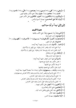 ‫]١٥[)ﻳﺘﻠﻰ( )٢٥/ ﻛﻔﻰ( )٣٥/ﻣﺴﻤﻰ( )٥٥/ ﻳﻐﺸﺎﻫﻢ( )١٦/ ﻓﺄﻧﱠﻰ( )٣٦/ ﻓﺄﺣﻴـﺎ( )٤٦/‬
‫َ‬
‫ً‬
‫اﻟﺪﻧﻴﺎ( )٥٦/ ﻧﺠﺎﻫﻢ( )٨٦/ ﻣﺜﻮى( وﻗﻔﺎً: ﻓﺘﺢ اﻷﻟﻒ وﻗﻠﻠﻬﺎ ﻓﻴﻬﻦ.‬
‫ً‬
‫]١٥[)وذﻛﺮى( )٤٥/ﺑﺎﻟﻜﺎﻓﺮﻳﻦ( )٨٦/اﻓﺘﺮى، ﻟﻠﻜﺎﻓﺮﻳﻦ( ﻗﻠﻞ اﻷﻟﻒ ﻓﻴﻬﻦ.‬
‫]٩٦[)وإن اﷲ ﻟَـﻤﻊ اﻟﻤﺤﺴﻨﻴﻦ( ﻧ ـ ـﻬـ ــﺎﻳﺔ اﻟﺴﻮرة واﻟﺜﻤﻦ.‬
‫َ‬
‫*‬
‫*‬
‫*‬
‫*‬
‫ﺍﻟﺜﻤﻦ ﺍﻟﺜﺎﻧﻲ: ﻭﻳﺒﺪﺃ ﻣﻦ ﺃﻭﻝ ﺳﻮﺭﺓ ﺍﻟﺮﻭﻡ.‬
‫‪‬‬
‫]٣[)أدﻧَﻰ(وﻗﻔﺎً )٨/ ﻣﺴﻤﻰ( وﻗﻔﺎً: ﻓﺘﺢ اﻷﻟﻒ وﻗﻠﻠﻬﺎ.‬
‫ً‬
‫]٤[)اﻟﻤﺆﻣﻨﻮن( أﺑﺪل اﳍﻤﺰة واواً.‬
‫ِ‬
‫ِ‬
‫ِ‬
‫]٧[)ﻇـ ـ ــﺎﻫﺮاً()٨/ﻛﺜﻴ ـ ـ ـﺮاً، ﻟﻜـ ـ ــﺎﻓِﺮون()٩/ ﻳﺴـ ـ ــﻴﺮوا()٦١/ اﻵﺧـ ـ ــﺮة()٨١/ ﺗُﻈﻬـ ـ ــﺮون( )٠٢/‬
‫ِ‬
‫ﺗﻨﺘﺸﺮون( رﻗﻖ اﻟﺮاء ﻓﻴﻬﻦ.‬
‫ِ‬
‫]٧[)اﻟﺪﻧﻴﺎ.. اﻵﺧﺮة( ذات ﻳﺎء وﺑﺪل ﻓﻴﻬﻤﺎ أرﺑﻌﺔ أوﺟﻪ:‬
‫١و٢ـ ﻓﺘﺢ ذات اﻟﻴﺎء وﻗﺼﺮ اﻟﺒﺪل وﻃﻮﻟﻪ. ﻣﻊ ﺗﺮﻗﻴﻖ راء )اﻵﺧﺮة(.‬
‫٣و٤ـ ﺗﻘﻠﻴﻞ ذات اﻟﻴﺎء وﺗﻮﺳﻂ اﻟﺒﺪل وﻃﻮﻟﻪ. ﻣﻊ ﺗﺮﻗﻴﻖ راء )اﻵﺧﺮة(.‬
‫]٠١[)ﻋﺎﻗﺒﺔَ( رﻓﻊ اﻟﺘﺎء )ﻋﺎﻗﺒﺔُ(.‬
‫)أﺳﺎؤوا( ﺛﻠﺚ اﻟﺒﺪل وﻗﻔﺎً.‬
‫)اﻟﺴﻮآى( ﻓﻴﻬﺎ ﻟﺪى اﻟﻮﻗﻒ ﻋﻠﻴﻬﺎ أرﺑﻌﺔ أوﺟﻪ:‬
‫١ـ ﻗﺼﺮ اﻷﻟﻒ ﺑﻌﺪ اﳍﻤﺰة ﻣﻊ ﻓﺘﺤﻬﺎ.‬
‫٢ـ ﺗﻮﺳﻂ اﻷﻟﻒ ﻣﻊ ﺗﻘﻠﻴﻠﻬﺎ.‬
‫٣و٤ـ ﻃﻮل اﻷﻟﻒ ﻣﻊ ﻓﺘﺤﻬﺎ وﺗﻘﻠﻴﻠﻬﺎ.‬
‫وإذا وﺻﻠﺖ )ﺑﺂﻳﺎت …ﻳﺴﺘـﻬﺰﺋﻮن( ﻓﺘﻜﻮن ﻋﻨﺪﺋﺬ ﻣﺪاً ﻣﻨﻔﺼﻼً ﻓﻔﻴﻬﺎ ﺳﺒﻌﺔ أوﺟﻪ:‬
‫١-٣- ﻓﺘﺢ )اﻟﺴﻮآى( وﻗﺼﺮ اﻟﺒﺪل )ﺑﺂﻳﺎت( وﻋﻠﻴﻪ ﺛﻼﺛﺔ اﻟﻌﺎرض )ﻳﺴﺘﻬﺰﺋﻮن(.‬
‫٤- ﻓﺘﺢ )اﻟﺴﻮآى( وﻃﻮل اﻟﺒﺪل وﻋﻠﻴﻪ ﻃﻮل اﻟﻌﺎرض.‬
‫٥و٦- ﺗﻘﻠﻴﻞ )اﻟﺴﻮآى( وﻋﻠﻴﻪ ﺗﻮﺳﻂ اﻟﺒﺪل وﺗﻮﺳﻂ وﻃﻮل اﻟﻌﺎرض.‬
‫٧- ﺗﻘﻠﻴﻞ )اﻟﺴﻮآى( وﻋﻠﻴﻪ ﻃﻮل اﻟﺒﺪل وﻋﻠﻴﻪ ﻃﻮل اﻟﻌﺎرض.‬
‫ِ‬
‫]٣١[)ﻛﺎﻓﺮﻳﻦ( )٣٢/اﻟﻨﻬﺎر( ﻗﻠﻞ اﻷﻟﻒ ﻓﻴﻬﻤﺎ.‬
‫]٢٢[)ﻟﻠﻌﺎﻟِﻤﻴﻦ( ﻓﺘﺢ اﻟﻼم )ﻟﻠﻌﺎﻟَﻤﲔ(.‬
‫]٧٢[)اﻷﻋﻠﻰ( ﻓﻴﻪ اﻟﻨﻘﻞ وﻓﺘﺢ وﺗﻘﻠﻴﻞ ذات اﻟﻴﺎء.‬
‫]٩٢[)ﻇﻠَﻤﻮا( ﻏﻠﻆ اﻟﻼم.‬
‫]٠٣[)ﻻ ﻳﻌﻠﻤﻮن( ﻧ ـ ــﻬـ ـ ـ ــﺎﻳﺔ اﻟﺜﻤﻦ.‬
‫-٥٦١-‬

 