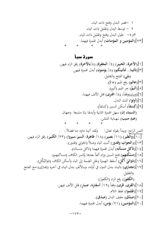 ‫١ - ﻗﺼﺮ اﻟﺒﺪل وﻓﺘﺢ ذات اﻟﻴﺎء.‬
‫٢ - ﺗﻮﺳﻂ اﻟﺒﺪل وﺗﻘﻠﻴﻞ ذات اﻟﻴﺎء.‬
‫٣و٤- ﻃﻮل اﻟﺒﺪل وﻓﺘﺢ وﺗﻘﻠﻴﻞ ذات اﻟﻴﺎء.‬
‫]٣٧[)اﻟﻤﺆﻣﻨﻴﻦ و اﻟﻤﺆﻣﻨﺎت( أﺑﺪل اﳍﻤﺰة ﻓﻴﻬﻤﺎ.‬
‫*‬
‫*‬
‫*‬

‫*‬

‫‪‬‬
‫ِ‬
‫ِ‬
‫]١[)اﻵﺧﺮة، اﻟﺨﺒﻴﺮ( )٤/ اﻟﻤﻐﻔﺮة( )٨/ﺑﺎﻵﺧﺮة( رﻗﻖ اﻟﺮاء ﻓﻴﻬﻦ.‬
‫]٣[)ﺗﺄﺗﻴﻨﺎ.. ﻟﺘﺄﺗﻴﻨﻜﻢ( )٨/ ﻳﺆﻣﻨﻮن( أﺑﺪل اﳍﻤﺰة ﻓﻴﻬﻦ.‬
‫)ﺑﻠﻰ( اﻟﻔﺘﺢ واﻟﺘﻘﻠﻴﻞ.‬
‫ِ‬
‫]٣[)ﻋﺎﻟﻢ( رﻓﻊ اﳌﻴﻢ )ﻋﺎﱂُ(.‬
‫ٍ‬
‫]٥[)أﻟﻴﻢ( ﺟﺮ اﳌﻴﻢ )أﻟﻴﻢ(.‬
‫ٌ‬
‫]٦[)وﻳﺮى(وﻗﻔﺎً، )٨/ اﻓﺘﺮى( ﻗﻠﻞ اﻷﻟﻒ ﻓﻴﻬﻤﺎ.‬
‫]٦[)أوﺗﻮا( ﺛﻠﺚ اﻟﺒﺪل.‬
‫]٩[)ﻛِﺴﻔﺎً( أﺳﻜﻦ اﻟﺴﲔ )ﻛِﺴﻔﺎً(.‬
‫َ‬
‫ْ‬
‫ِ‬
‫)اﻟﺴﻤﺎء إن( ﺳﻬﻞ اﳍﻤﺰة اﻟﺜﺎﻧﻴﺔ وأﺑﺪﳍﺎ ﻳﺎءً ﻣﺸﺒﻌﺔ وﺟﻬﺎن.‬
‫ٍ‬
‫)ﻋﺒﺪ ﻣﻨﻴﺐ( ﻧـ ـﻬـ ــﺎﻳــﺔ اﻟـﺜــﻤـﻦ.‬
‫ُ‬
‫*‬
‫*‬
‫*‬
‫*‬
‫اﻟﺜﻤﻦ اﻟﺮاﺑﻊ: وﻳﺒﺪأ ﺑﻘﻮﻟﻪ ﺗﻌﺎﱃ: وﻟﻘﺪ آﺗﻴﻨﺎ داود ﻣﻨﺎ ﻓﻀﻼً.. .‬
‫ِ‬
‫]٠١[)واﻟﻄﻴﺮ( )١١/ ﺑﺼﻴﺮ( )٨١/ ﻇﺎﻫﺮة، اﻟﺴﻴﺮ،ﺳﻴﺮوا( )٣٢/ اﻟﻜﺒﻴﺮ( رﻗﻖ اﻟﺮاء ﻓﻴﻬﻦ.‬
‫َ‬
‫ِ‬
‫]٣١[)واﻟﺠﻮاب وﻗﺪور( أﺛﺒﺖ اﻟﻴﺎء وﺻﻼً )اﳉﻮاﰊ وﻗﺪور(.‬
‫]٤١[)ﺗﺄﻛﻞ ﻣﻨﺴﺄَﺗَـﻪ( أﺑﺪل اﳍﻤﺰة ﻓﻴﻬﻤﺎ )ﺗﺎﻛﻞ ﻣﻨﺴﺎﺗَـﻪ(.‬
‫َ‬
‫]٥١[)ﻣﺴﻜﻨﻬﻢ( ﻓﺘﺢ اﻟﺴﲔ وزاد أﻟﻔﺎً ﺑﻌﺪﻫﺎ ﻛﺴﺮ اﻟﻜﺎف )ﻣﺴﺎﻛﻨﻬﻢ(.‬
‫و‬
‫َْ‬
‫ْ ٍُ‬
‫]٦١[)ذواﺗَﻲ أُﻛﻞ( أﺳﻘﻂ اﻟـﻬﻤﺰة وﻧﻘﻞ اﻟﻀﻤﺔ إﱃ اﻟﻴﺎء وأﺳﻜﻦ اﻟﻜﺎف )ذواﺗَـﻴُ ْﻞ(.‬
‫ﻜ‬
‫]٧١[)ﻧﺠــﺎزي( ﺑﺎﻟﻴــﺎء ﺑــﺪل اﻟﻨــﻮن ﰲ أوﻟــﻪ، وﺑــﺎﻷﻟﻒ ﺑــﺪل اﻟﻴــﺎء ﰲ آﺧــﺮﻩ )ﳚــﺎزى( ﻣــﻊ اﻟﻔــﺘﺢ‬
‫َ‬
‫واﻟﺘﻘﻠﻴﻞ.‬
‫)اﻟﻜﻔﻮر( رﻓﻊ اﻟﺮاء )اﻟﻜﻔﻮر(.‬
‫َ‬
‫ُ‬
‫ٍ‬
‫ِ‬
‫]٨١[)اﻟﻘﺮى، ﻗﺮى( وﻗﻔﺎً )٩١/ أﺳﻔﺎرﻧﺎ، ﺻﺒﺎر( ﻗﻠﻞ اﻷﻟﻒ ﻓﻴﻬﻦ.‬
‫]٩١[)ﻇﻠﻤﻮا( ﻏﻠﻆ اﻟﻼم.‬
‫]٠٢[)ﺻﺪق( ﺧﻔﻒ اﻟﺪال )ﺻﺪق(.‬
‫ّ‬
‫َ‬
‫]٠٢[)اﻟﻤﺆﻣﻨﻴﻦ( )١٢/ ﻳﺆﻣﻦ( أﺑﺪل اﳍﻤﺰة ﻓﻴﻬﻤﺎ.‬
‫-٢٧١-‬

 