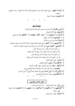 ‫]٦٤[)ﺟﺎء أﺟﻠﻬﻢ( ﺳﻬﻞ اﳍﻤﺰة اﻟﺜﺎﻧﻴﺔ )ﺟـﺎء اَﺟﻠﻬـﻢ( وأﺑـﺪﳍﺎ أﻟﻔـﺎً ﻣـﺪاً ﻃﺒﻴﻌﻴـﺎً )ﺟـﺎء اْﺟﻠﻬـﻢ(‬
‫َ‬
‫َ‬
‫وﺟﻬﺎن.‬
‫]٥٤[)ﺑﺼﻴﺮا( ﻧـ ـﻬ ــﺎﻳﺔ اﻟﺴﻮرة.‬
‫*‬

‫*‬

‫*‬

‫*‬

‫‪‬‬
‫]١[)ﻳﺲ واﻟﻘﺮآن( أدﻏﻢ ﻧﻮن )ﺳﲔ( ﰲ اﻟﻮاو ﺑﻐﻨﺔ )ﻳﺎﺳﻴﻮ اﻟﻘﺮآن(.‬
‫ﱠ‬
‫]٥[)ﺗﻨـﺰﻳﻞ( رﻓﻊ اﻟﻼم )ﺗﻨـﺰﻳﻞ(.‬
‫َ‬
‫ُ‬
‫ِ‬
‫ِ‬
‫ِ‬
‫]٦[)أُﻧﺬر( )٩/ ﻳﺒﺼﺮون( )١١/ ﺗﻨﺬر، اﻟﺬﻛﺮ، ﺑﻤﻐﻔﺮة( )٩١/ ﻃﺎﺋِ‬
‫ِ‬
‫ُﻛﻢ( رﻗﻖ اﻟﺮاء ﻓﻴﻬﻦ.‬
‫ﺮ‬
‫ُ‬
‫َ‬
‫ُ‬
‫]٠١،٧[)ﻳﺆﻣﻨﻮن( ﻣﻌﺎً أﺑﺪل اﳍﻤﺰة.‬
‫]٩[)ﺳﺪاً( ﻣﻌﺎً ﺿﻢ اﻟﺴﲔ )ﺳﺪاً(.‬
‫َّ‬
‫ُّ‬
‫]٠١[)أأَﻧﺬرﺗـﻬﻢ( )٣٢/ أأ ِ‬
‫َﺗﺨﺬ( ﺳﻬﻞ اﳍﻤﺰة اﻟﺜﺎﻧﻴﺔ ﻓﻴﻬﻤﺎ، وأﺑﺪﳍﺎ أﻟﻔﺎً ﻣﺪﻳﺔ ﻣﺸﺒﻌﺔ، وﺟﻬﺎن.‬
‫]٢١[)اﻟﻤﻮﺗﻰ، آﺛﺎرﻫﻢ، ﺷﻲء( ﰲ اﻵﻳﺔ ذات ﻳﺎء وﺑﺪل وﻟﲔ ﻣﻬﻤﻮز، ﻓﻔﻴﻬﺎ ﺳﺘﺔ أوﺟﻪ:‬
‫َ‬
‫١_ ﻓﺘﺢ ذات اﻟﻴﺎء وﻗﺼﺮ اﻟﺒﺪل وﺗﻮﺳﻂ اﻟﻠﲔ.‬
‫٢و٣_ ﻓﺘﺢ ذات اﻟﻴﺎء وﻃﻮل اﻟﺒﺪل وﺗﻮﺳﻂ اﻟﻠﲔ وﻃﻮﻟﻪ.‬
‫٤_ ﺗﻘﻠﻴﻞ ذات اﻟﻴﺎء وﺗﻮﺳﻂ اﻟﺒﺪل وﺗﻮﺳﻂ اﻟﻠﲔ.‬
‫٥و٦_ ﺗﻘﻠﻴﻞ ذات اﻟﻴﺎء وﻃﻮل اﻟﺒﺪل وﺗﻮﺳﻂ اﻟﻠﲔ وﻃﻮﻟﻪ.‬
‫]٩١[)أﺋِﻦ( ﺳﻬﻞ اﳍﻤﺰة اﻟﺜﺎﻧﻴﺔ.‬
‫]٠٢[)أﻗﺼﺎ(وﻗﻔﺎً، ﻳﺴﻌﻰ( اﻟﻔﺘﺢ واﻟﺘﻘﻠﻴﻞ.‬
‫]٣٢[)آﻟﻬﺔ.. ﺷﻴﺌﺎً( ﺑﺪل وﻟﲔ ﻣﻬﻤﻮز، ﻓﻴﻬﺎ اﻷوﺟﻪ اﻷرﺑﻌﺔ.‬
‫ِ ِ‬
‫)ﻳﻨﻘﺬون( زاد ﻳﺎءً ﺑﻌﺪ اﻟﻨﻮن ﻣﺪاً ﻣﻨﻔﺼﻼً وﺻﻼً )ﻳﻨﻘﺬوﱐ إﱐ(.‬
‫]٤٢[)إﻧﱢﻲ إِذاً( )٥٢/إﻧﻲ آﻣﻨﺖ( ﻓﺘﺢ اﻟﻴﺎء ﻓﻴﻬﻤﺎ وﺻﻼً )إﱐَ إذاً، إﱐَ آﻣﻨﺖ(.‬
‫]٧٢[)اﻟﻤﻜﺮﻣﻴﻦ( ﻧـ ـﻬـ ــﺎﻳــﺔ اﳉﺰء اﻟﺜﺎﱐ واﻟﻌﺸﺮﻳﻦ.‬
‫َ‬
‫*‬
‫*‬
‫* *‬
‫اﻟﺠﺰء اﻟﺜﺎﻟﺚ واﻟﻌﺸﺮون‬
‫اﻟﺜﻤﻦ اﻷول: وﻳﺒﺪأ ﺑﻘﻮﻟﻪ ﺗﻌﺎﱃ: وﻣﺎ أﻧﺰﻟﻨﺎ ﻋﻠﻰ ﻗﻮﻣﻪ … .‬
‫]٠٣[)ﻳــﺄﺗﻴﻬﻢ( )٣٣/ ﻳ ـﺄْﻛﻠﻮن()٥٣/ ﻟِﻴــﺄﻛﻠﻮا( )٦٤/ ﺗــﺄﺗﻴﻬﻢ( )٩٤/ ﺗﺄﺧــﺬﻫﻢ( أﺑــﺪل اﳍﻤــﺰة‬
‫ﻓﻴﻬﻦ ﲨﻴﻌﺎً.‬
‫]٢٣[)ﻟـﻤﺎ( ﺧﻔﻒ اﳌﻴﻢ )ﻟـﻤﺎ(.‬
‫ﱠ‬
‫َ‬
‫-٥٧١-‬

 