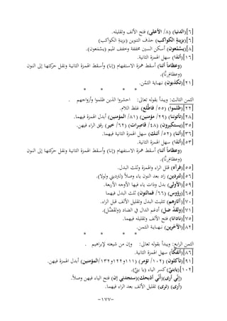 ‫]٦[)اﻟﺪﻧﻴﺎ( )٨/ اﻷﻋﻠﻰ( ﻓﺘﺢ اﻷﻟﻒ وﺗﻘﻠﻴﻠﻪ.‬
‫ِ‬
‫ٍ‬
‫]٦[)ﺑﺰﻳﻨﺔ اﻟﻜﻮاﻛﺐ( ﺣﺬف اﻟﺘﻨﻮﻳﻦ )ﺑﺰﻳﻨﺔ اﻟﻜﻮاﻛﺐ(‬
‫]٨[)ﻳﺴﻤﻌﻮن( أﺳﻜﻦ اﻟﺴﲔ ﳐﻔﻔﺔ وﺧﻔﻒ اﳌﻴﻢ )ﻳﺴﻤﻌﻮن(.‬
‫ﱠّ‬
‫َْ‬
‫]٦١[)أﺋﺬا( ﺳﻬﻞ اﳍﻤﺰة اﻟﺜﺎﻧﻴﺔ.‬
‫)وﻋﻈﺎﻣﺎً أﺋﻨﺎ( أﺳﻘﻂ ﳘـﺰة اﻻﺳـﺘﻔﻬﺎم )إﻧـﺎ( وأﺳـﻘﻂ اﳍﻤـﺰة اﻟﺜﺎﻧﻴـﺔ وﻧﻘـﻞ ﻛﺘﻬـﺎ إﱃ اﻟﻨـﻮن‬
‫ﺣﺮ‬
‫ِ‬
‫)وﻋﻈﺎمنﻧﱠﺎ(.‬
‫َ‬
‫]١٢[)ﺗﻜﺬﺑﻮن( ﻧ ـﻬ ــﺎﻳﺔ اﻟﺜـﻤﻦ.‬
‫ُ‬
‫*‬
‫*‬
‫* *‬
‫اﻟﺜﻤﻦ اﻟﺜﺎﻟﺚ: وﻳﺒﺪأ ﺑﻘﻮﻟﻪ ﺗﻌﺎﱃ: اﺣﺸﺮوا اﻟﺬﻳﻦ ﻇﻠﻤﻮا وأزواﺟﻬﻢ .‬
‫]٢٢[)ﻇﻠﻤﻮا( )٥٥/ ﻓﺎﻃﱠﻠﻊ( ﻏﻠﻆ اﻟﻼم.‬
‫]٨٢[)ﺗﺄﺗﻮﻧﻨﺎ( )٩٢/ ﻣﺆﻣﻨﻴﻦ( )١٨/ اﻟﻤﺆﻣﻨﻴﻦ( أﺑﺪل اﳍﻤﺰة ﻓﻴﻬﻤﺎ.‬
‫ِ‬
‫]٥٣[)ﻳﺴﺘﻜﺒِﺮون( )٨٤/ ﻗﺎﺻﺮات( )٢٦/ ﺧﻴﺮ( رﻗﻖ اﻟﺮاء ﻓﻴﻬﻦ.‬
‫]٦٣[)أﺋﻨﺎ( )٢٥/ أﺋﻨﻚ( ﺳﻬﻞ اﳍﻤﺰة اﻟﺜﺎﻧﻴﺔ ﻓﻴﻬﻤﺎ.‬
‫]٣٥[)أﺋﺬا( ﺳﻬﻞ اﳍﻤﺰة اﻟﺜﺎﻧﻴﺔ.‬
‫)وﻋﻈﺎﻣﺎً أﺋﻨﺎ( أﺳﻘﻂ ﳘـﺰة اﻻﺳـﺘﻔﻬﺎم )إﻧـﺎ( وأﺳـﻘﻂ اﳍﻤـﺰة اﻟﺜﺎﻧﻴـﺔ وﻧﻘـﻞ ﻛﺘﻬـﺎ إﱃ اﻟﻨـﻮن‬
‫ﺣﺮ‬
‫ِ‬
‫)وﻋﻈﺎمنﻧﱠﺎ(.‬
‫َ‬
‫]٥٥[)ﻓﺮآﻩ( ﻗﻠﻞ اﻟﺮاء واﳍﻤﺰة وﺛﻠﺚ اﻟﺒﺪل.‬
‫]٦٥[)ﻟﺘﺮدﻳﻦ( زاد ﺑﻌﺪ اﻟﻨﻮن ﻳﺎء وﺻﻼً )ﻟﱰدﻳﲏ وﻟﻮﻻ(.‬
‫]٩٥[)اﻷوﻟﻰ( ﺑﺪل وذات ﻳﺎء ﻓﻴﻬﺎ اﻷوﺟﻪ اﻷرﺑﻌﺔ.‬
‫]٥٦[)رؤوس( )٦٦/ ﻓﻤﺎﻟﺌﻮن( ﺛﻠﺚ اﻟﺒﺪل ﻓﻴﻬﻤﺎ‬
‫ِ‬
‫]٠٧[)آﺛﺎرﻫﻢ( ﺗﺜﻠﻴﺚ اﻟﺒﺪل وﺗﻘﻠﻴﻞ اﻷﻟﻒ ﻗﺒﻞ اﻟﺮاء.‬
‫]١٧[)وﻟﻘﺪ ﺿﻞ( أدﻏﻢ اﻟﺪال ﰲ اﻟﻀﺎد )وﻟﻘﻀـﻞ(.‬
‫َ ﱠ‬
‫ْ‬
‫]٥٧[)ﻧﺎداﻧﺎ( ﻓﺘﺢ اﻷﻟﻒ وﺗﻘﻠﻴﻠﻪ ﻓﻴﻬﻤﺎ.‬
‫]٢٨[)اﻵﺧﺮﻳﻦ( ﻧـ ـﻬـ ــﺎﻳــﺔ اﻟـﺜـﻤـﻦ.‬
‫َ‬
‫*‬
‫*‬
‫* *‬
‫اﻟﺜﻤﻦ اﻟﺮاﺑﻊ: وﻳﺒﺪأ ﺑﻘﻮﻟﻪ ﺗﻌﺎﱃ: وإن ﻣﻦ ﺷﻴﻌﺘﻪ ﻹﺑﺮاﻫﻴﻢ .‬
‫]٦٨[)أﺋﻔﻜﺎً( ﺳﻬﻞ اﳍﻤﺰة اﻟﺜﺎﻧﻴﺔ.‬
‫]١٩[)ﺗﺄﻛﻠﻮن( )٢٠١/ ﺗﺆﻣﺮ( )١١١و٢٢١و٢٣١/اﻟﻤﺆﻣﻨﻴﻦ( أﺑﺪل اﳍﻤﺰة ﻓﻴﻬﻦ.‬
‫]٢٠١[)ﻳﺎﺑﻨﻲ( ﻛﺴﺮ اﻟﻴﺎء )ﻳﺎ ﺑﲏ(.‬
‫ﱠ‬
‫ﱢ‬
‫)إِﻧّﻲ أرى()أَﻧّﻲ أذﺑﺤﻚ()ﺳﺘﺠﺪﻧِ‬
‫ﻲ إن( ﻓﺘﺢ اﻟﻴﺎء ﻓﻴﻬﻦ وﺻﻼً.‬
‫)أرى( )ﺗﺮى( ﺗﻘﻠﻴﻞ اﻷﻟﻒ ﺑﻌﺪ اﻟﺮاء ﻓﻴﻬﻤﺎ.‬
‫-٧٧١-‬

 