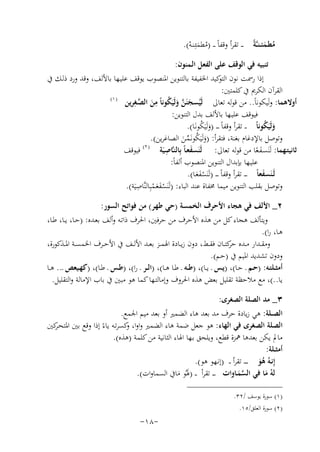 ‫ﻣﻄـﻤﺌ ـﻨ ـﱠﺔً ـ ـ ﺗﻘﺮأ وﻗﻔﺎً ـ ـ )ﻣﻄﻤﺌِـﻨـﻪ(.‬
‫ُ َ ْ‬
‫ُ َ‬
‫ﺗﻨﺒﻴﻪ ﻓﻲ اﻟﻮﻗﻒ ﻋﻠﻰ اﻟﻔﻌﻞ اﻟـﻤﻨﻮن:‬
‫إذا رﲰﺖ ﻧﻮن ﻛﻴﺪ اﳋﻔﻴﻔﺔ ﺑﺎﻟﺘﻨﻮﻳﻦ اﳌﻨﺼﻮب ﻳﻮﻗﻒ ﻋﻠﻴـﻬﺎ ﺑﺎﻷﻟﻒ، وﻗﺪ ورد ذﻟـﻚ ﰲ‬
‫اﻟﺘﻮ‬
‫اﻟﻘﺮآن اﻟﻜﺮﱘ ﰲ ﻛﻠﻤﺘﲔ:‬
‫) ١(‬
‫ﱠ ُ ِ‬
‫أوﻻﻫﻤﺎ: وﻟَﻴﻜﻮﻧﺎً.. ﻣﻦ ﻗﻮﻟﻪ ﺗﻌﺎﱃ ﻟَﻴﺴﺠﻨَﻦ وﻟَﻴﻜﻮﻧﺎً ﻣﻦ اﻟﺼ ِ‬
‫َ ﱠـﻐﺮﻳﻦ‬
‫ُ َ ََ‬
‫ﻓﻴﻮﻗﻒ ﻋﻠﻴـﻬﺎ ﺑﺎﻷﻟﻒ ﺑﺪل اﻟﺘﻨﻮﻳﻦ:‬
‫وﻟَﻴَﻜﻮﻧﺎً ـ ـ ﺗﻘﺮأ وﻗﻔﺎً ـ ـ ـ )وﻟَﻴَﻜﻮﻧَـﺎ(.‬
‫َ ُ‬
‫َ ُ‬
‫وﺗﻮﺻﻞ ﺑﺎﻹدﻏﺎم ﺑﻐﻨﺔ، ﻓﺘﻘﺮأ: )وﻟَﻴَﻜﻮﻧَـﻤـﻦ اﻟﺼﺎﻏﺮﻳﻦ(.‬
‫َ ُ ﱢَ‬
‫) ٢(‬
‫ﺛﺎﻧﻴﺘـﻬﻤﺎ: ﻟَﻨَﺴـﻔـﻌﺎ ﻣﻦ ﻗﻮﻟﻪ ﺗﻌﺎﱃ: ﻟَﻨَﺴﻔﻌـﺎً ﺑِﺎﻟﻨـﱠ ِ‬
‫ﻓﻴﻮﻗﻒ‬
‫ﺎﺻﻴَﺔ‬
‫َ‬
‫ًَ‬
‫ﻋﻠﻴـﻬﺎ ﺑﺈﺑﺪال اﻟﺘﻨﻮﻳﻦ اﳌﻨﺼﻮب أﻟﻔﺎً:‬
‫ﻟَـﻨَﺴﻔﻌﺎً ـ ـ ـ ﺗﻘﺮأ وﻗﻔﺎً ـ ـ ـ )ﻟَﻨَﺴﻔﻌـﺎ(.‬
‫َ‬
‫ََْ‬
‫ِ‬
‫وﺗﻮﺻﻞ ﺑﻘﻠﺐ اﻟﺘﻨﻮﻳﻦ ﻣﻴﻤﺎ ﳐﻔﺎة ﻋﻨﺪ اﻟﺒﺎء: )ﻟَﻨَﺴﻔﻌـﻤﺒِﺎﻟﻨﱠﺎﺻﻴَﺔ(.‬
‫ََْ ْ‬
‫٢_ اﻷﻟﻒ ﻓﻲ ﻫﺠﺎء اﻷﺣﺮف اﻟﺨﻤﺴﺔ )ﺣﻲ ﻃﻬﺮ( ﻣﻦ ﻓﻮاﺗﺢ اﻟﺴﻮر:‬
‫وﻳﺘﺄﻟﻒ ﻫﺠﺎء ﻛﻞ ﻣﻦ ﻫﺬﻩ اﻷﺣﺮف ﻣﻦ ﺣﺮﻓﲔ، اﳊﺮف ذاﺗـﻪ وأﻟﻒ ﺑﻌـﺪﻩ: )ﺣـﺎ، ﻳــﺎ، ﻃـﺎ،‬
‫ﻫـﺎ، را(.‬
‫وﻣﻘــﺪار ﻣــﺪﻩ ﻛﺘــﺎن ﻓﻘــﻂ، دون زﻳــﺎدة اﳍﻤــﺰ ﺑﻌــﺪ اﻷﻟــﻒ ﰲ اﻷﺣــﺮف اﳋﻤﺴــﺔ اﳌــﺬﻛﻮرة،‬
‫ﺣﺮ‬
‫ودون ﺗﺸﺪﻳﺪ اﳌﻴﻢ ﰲ )ﺣـﻢ(.‬
‫أﻣﺜــﻠﺘـﻪ: )ﺣـﻢ ـ ﺣـﺎ(، )ﻳـﺲ ـ ﻳــﺎ(، )ﻃــﻪ ـ ﻃـﺎ ﻫــﺎ(، )اﻟــﺮ ـ را(، )ﻃـﺲ ـ ﻃـﺎ(، )ﻛﻬـﻴﻌﺺ ـ.. ﻫــﺎ‬
‫ﻳﺎ..(، ﻣﻊ ﻣﻼﺣﻈﺔ ﺗﻘﻠﻴﻞ ﺑﻌﺾ ﻫﺬﻩ اﳊﺮوف وإﻣﺎﻟﺘـﻬﺎ ﻛﻤﺎ ﻫﻮ ﻣﺒﲔ ﰲ ﺑﺎب اﻹﻣﺎﻟﺔ واﻟﺘﻘﻠﻴﻞ.‬
‫٣_ ﻣﺪ اﻟﺼﻠﺔ اﻟﺼﻐﺮى:‬
‫اﻟﺼــﻠﺔ: ﻫﻲ زﻳﺎدة ﺣﺮف ﻣﺪ ﺑﻌﺪ ﻫﺎء اﻟﻀﻤﲑ أو ﺑﻌﺪ ﻣﻴﻢ اﳉﻤﻊ.‬
‫اﻟﺼﻠﺔ اﻟﺼﻐﺮى ﻓﻲ اﻟﻬﺎء: ﻫﻮ ﺟﻌﻞ ﺿﻤﺔ ﻫﺎء اﻟﻀﻤﲑ واوا، ﻛﺴﺮﺗـﻪ ﻳﺎءً إذا وﻗﻊ ﺑﲔ اﳌﺘﺤ ﻛﲔ‬
‫ـﺮ‬
‫و‬
‫ﻣﺎﱂ ﻳﻜﻦ ﺑﻌﺪﻫﺎ ﳘﺰة ﻗﻄﻊ، وﻳﻠﺤﻖ ﺑـﻬﺎ اﳍﺎء اﻟﺜﺎﻧﻴﺔ ﻣﻦ ﻛﻠﻤﺔ )ﻫﺬﻩ(.‬
‫أﻣﺜــﻠﺔ:‬
‫إِﻧـﻪُ ﻫﻮ ـ ـ ـ ـ ﺗﻘﺮأ ـ ـ )إﻧـﻬﻮ ﻫﻮ(.‬
‫َُ‬
‫ﻟﻪُ ﻣﺎ ﻓﻲ اﻟﺴﻤـﺎوات ـــ ـ ﺗﻘﺮأ ـ ـ )ﳍُﻮ ﻣﺎﰲ اﻟﺴﻤﺎوات(.‬
‫َ‬
‫ﱠَ‬
‫َ َ‬
‫)١( ﺳﻮرة ﻳﻮﺳﻒ /٢٣.‬
‫)٢( ﺳﻮرة اﻟﻌﻠﻖ/٥١.‬

‫-٨١-‬

 