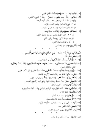 ‫]٠٤[)ﻳﺄﺗﻴﻪ( )٥٤، ٢٥/ ﻳﺆﻣﻨﻮن( أﺑﺪل اﳍﻤﺰة ﻓﻴﻬﻦ.‬
‫]٢٤[)ﻳﺘﻮﻓﻰ –وﻗﻔﺎً- … ﻗﻀﻰ... ﻣﺴﻤﻰ – وﻗﻔﺎً-( اﻟﻔﺘﺢ واﻟﺘﻘﻠﻴﻞ.‬
‫ً‬
‫)ﻵﻳﺎت( ﺗﺜﻠﻴﺚ اﻟﺒﺪل، وﻓﻴﻬﺎ ﻣﻊ ﻣﺎ ﻗﺒﻠﻬﺎ أرﺑﻌﺔ أوﺟﻪ:‬
‫١و٢- ﻓﺘﺢ ذات اﻟﻴﺎء وﻗﺼﺮ اﻟﺒﺪل وﻃﻮﻟﻪ.‬
‫٣و٤- ﺗﻘﻠﻴﻞ ذات اﻟﻴﺎء وﺗﻮﺳﻂ اﻟﺒﺪل وﻃﻮﻟﻪ.‬
‫]٨٤[)ﺳﻴﺌﺎت..ﻳﺴﺘﻬﺰءون( وﻗﻔﺎً ﻓﻴﻬﺎ ﺳﺘﺔ أوﺟﻪ:‬
‫١و٢و٣- ﻗﺼﺮ اﻷول وﻗﺼﺮ وﺗﻮﺳﻂ وﻃﻮل اﻟﺜﺎﱐ.‬
‫٤و٥- ﺗﻮﺳﻂ اﻷول وﺗﻮﺳﻂ وﻃﻮل اﻟﺜﺎﱐ.‬
‫٦- ﻃﻮل اﻷول وﻃﻮل اﻟﺜﺎﱐ.‬
‫]٢٥[)ﻟﻘﻮم ﻳﺆﻣﻨﻮن( ﻧ ـ ـﻬ ــﺎﻳﺔ اﻟﺜﻤﻦ.‬
‫*‬
‫*‬
‫*‬
‫*‬
‫ﺍﻟﺜﻤﻦ ﺍﻟﺜﺎﻧﻲ: ﻭﻳﺒﺪﺃ ﺑﻘﻮﻟﻪ ﺗﻌﺎﱃ: ﻗﻞ ﻳﺎ ﻋﺒﺎﺩﻱ ﺍﻟﺬﻳﻦ ﺃﺳﺮﻓﻮﺍ ﻋﻠﻰ ﺃﻧﻔﺴﻬﻢ .‬
‫ِ‬
‫]٣٥[)ﻳﻐﻔﺮ( رﻗﻖ اﻟﺮاء.‬
‫ُ‬
‫]٤٥، ٥٥[)ﻳﺄﺗﻴَﻜﻢ(ﻣﻌﺎً )١٧/ ﻳﺄﺗﻜﻢ( أﺑﺪل اﳍﻤﺰة ﻓﻴﻬﻦ.‬
‫]٦٥[)ﻳــﺎ ﺣﺴ ـﺮﺗﻰ()٧٥/ ﻫــﺪاﻧﻲ()٠٦،٢٧/ ﻣﺜــﻮى، ﻣﺜــﻮى اﻟﻤﺘﻜﺒـﺮﻳﻦ( وﻗﻔـﺎً )٧٦/ وﺗﻌــﺎﻟﻰ(‬
‫ً‬
‫اﻟﻔﺘﺢ واﻟﺘﻘﻠﻴﻞ ﻓﻴﻬﻦ.‬
‫]٨٥،٠٦[)ﺗﺮى( ﻣﻌﺎً وﻗﻔﺎً )٩٥،١٧/ اﻟﻜﺎﻓﺮﻳﻦ(ﻣﻌﺎً )٨٦/ أﺧﺮى( ﻗﻠﻞ اﻷﻟﻒ ﻓﻴﻬﻦ.‬
‫]٩٥[)ﺑﻠﻰ.. آﻳﺎﺗﻲ( ذات ﻳﺎء وﺑﺪل ﻓﻴﻬﻤﺎ اﻷوﺟﻪ اﻷرﺑﻌﺔ.‬
‫ِ‬
‫]٣٦[)اﻟﺨﺎﺳﺮون( )٤٦/ أﻓﻐﻴﺮ( )١٧/ وﻳﻨﺬروﻧﻜﻢ( رﻗﻖ اﻟﺮاء ﻓﻴﻬﻦ.‬
‫َ‬
‫ِ‬
‫]٤٦[)ﺗﺄﻣﺮوﻧﱢﻲ أﻋﺒﺪ( أﺑﺪل اﳍﻤﺰة وﺧﻔﻒ اﻟﻨﻮن وﻓﺘﺢ اﻟﻴﺎء )ﺗﺄﻣﺮوﱐَ أﻋﺒﺪ(.‬
‫]٥٦[)وﻟﻘﺪ أُوﺣﻲ( اﻟﻨﻘﻞ وﺗﺜﻠﻴﺚ اﻟﺒﺪل.‬
‫ْ َ‬
‫]٩٦[)ﺑﺎﻟﻨﺒﻴﱢـﻴﻦ( ﺧﻔﻒ اﻟﻴﺎء اﻷوﱃ وزاد ﳘﺰة ﺑﲔ اﻟﻴﺎءﻳﻦ وﺛﻠﺚ اﻟﺒﺪل )ﺑﺎﻟﻨﺒﻴﺌﲔ(.‬
‫]٩٦[)ﻳُﻈﻠَﻤﻮن( ﻏﻠﻆ اﻟﻼم.‬
‫]١٧، ٣٧[)ﺟﺎؤوﻫﺎ( ﻣﻌﺎً: ﺛﻼﺛﺔ اﻟﺒﺪل.‬
‫]١٧، ٣٧[)ﻓﺘِﺤﺖ( ﻣﻌﺎً ﺷﺪد اﻟﺘﺎء )ﻓﺘﱢﺤﺖ(.‬
‫]١٧[)آﻳﺎت.. ﺑﻠﻰ( ﺑﺪل وذات ﻳﺎء ﻓﻴﻬﻤﺎ اﻷوﺟﻪ اﻷرﺑﻌﺔ.‬
‫]٢٧[)ﻓﺒﺌﺲ( أﺑﺪل اﳍﻤﺰة ﻳﺎء.‬
‫]٥٧[)رب اﻟﻌﺎﻟﻤﻴﻦ( ﻧ ـ ـﻬـ ــﺎﻳﺔ اﻟﺴﻮرة واﻟﺜﻤﻦ.‬
‫*‬
‫*‬
‫*‬
‫*‬
‫اﻟﺜﻤﻦ اﻟﺜﺎﻟﺚ: وﻳﺒﺪأ ﻣﻦ أول ﺳﻮرة ﻏﺎﻓﺮ.‬
‫-١٨١-‬

 