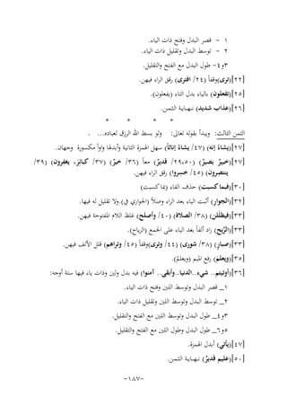 ‫١ - ﻗﺼﺮ اﻟﺒﺪل وﻓﺘﺢ ذات اﻟﻴﺎء.‬
‫٢ - ﺗﻮﺳﻂ اﻟﺒﺪل وﺗﻘﻠﻴﻞ ذات اﻟﻴﺎء.‬
‫٣و٤- ﻃﻮل اﻟﺒﺪل ﻣﻊ اﻟﻔﺘﺢ واﻟﺘﻘﻠﻴﻞ.‬
‫]٢٢[)ﺗﺮى(وﻗﻔﺎً )٤٢/ اﻓﺘﺮى( رﻗﻖ اﻟﺮاء ﻓﻴﻬﻦ.‬
‫]٥٢[)ﺗﻔﻌﻠﻮن( ﺑﺎﻟﻴﺎء ﺑﺪل اﻟﺘﺎء )ﻳﻔﻌﻠﻮن(.‬
‫]٦٢[)ﻋﺬاب ﺷﺪﻳﺪ( ﻧـ ـﻬـ ــﺎﻳــﺔ اﻟـﺜـﻤـﻦ.‬
‫*‬
‫*‬
‫*‬
‫*‬
‫اﻟﺜﻤﻦ اﻟﺜﺎﻟﺚ: وﻳﺒﺪأ ﺑﻘﻮﻟﻪ ﺗﻌﺎﱃ: وﻟﻮ ﺑﺴﻂ اﷲ اﻟﺮزق ﻟﻌﺒﺎدﻩ... .‬
‫]٧٢[)ﻳﺸﺎءُ إﻧﻪ( )٧٤/ ﻳﺸﺎءُ إﻧﺎﺛﺎً( ﺳﻬﻞ اﳍﻤﺰة اﻟﺜﺎﻧﻴﺔ وأﺑﺪﳍﺎ واواً ﻣﻜﺴﻮرة وﺟﻬﺎن.‬
‫ِ‬
‫]٧٢[)ﺧﺒﻴﺮ ﺑﺼﻴﺮ( )٠٥،٩٢/ ﻗﺪﻳﺮ( ﻣﻌﺎً )٦٣/ ﺧﻴﺮ( )٧٣/ ﻛﺒﺎﺋِﺮ، ﻳﻐﻔﺮون( )٩٣/‬
‫ٌ‬
‫ٌ‬
‫ٌ‬
‫ٌ‬
‫َ‬
‫ﻳﻨﺘﺼﺮون( )٥٤/ ِ‬
‫ِ‬
‫ﺧﺴﺮوا( رﻗﻖ اﻟﺮاء ﻓﻴﻬﻦ.‬
‫]٠٣[)ﻓﺒﻤﺎ ﻛﺴﺒﺖ( ﺣﺬف اﻟﻔﺎء )ﲟﺎ ﻛﺴﺒﺖ(‬
‫ِ‬
‫]٢٣[)اﻟﺠﻮار( أﺛﺒﺖ اﻟﻴﺎء ﺑﻌﺪ اﻟﺮاء وﺻﻼً )اﳉﻮاري ﰲ(.وﻻ ﺗﻘﻠﻴﻞ ﻟﻪ ﻓﻴﻬﺎ.‬

‫]٣٣[)ﻓﻴﻈﻠَﻠﻦ( )٨٣/ اﻟﺼﻼة( )٠٤/ وأﺻﻠﺢ( ﻏﻠﻆ اﻟﻼم اﳌﻔﺘﻮﺣﺔ ﻓﻴﻬﻦ.‬
‫]٣٣[)اﻟﺮﻳﺢ( زاد أﻟﻔﺎً ﺑﻌﺪ اﻟﻴﺎء ﻋﻠﻰ اﳉﻤﻊ )اﻟﺮﻳﺎح(.‬
‫ﱢ‬
‫ٍ‬
‫]٣٣[)ﺻﺒﺎر( )٨٣/ ﺷﻮرى( )٤٤/ وﺗﺮى(وﻗﻔﺎً )٥٤/ وﺗﺮاﻫﻢ( ﻗﻠﻞ اﻷﻟﻒ ﻓﻴﻬﻦ.‬
‫]٥٣[)وﻳﻌﻠﻢ( رﻓﻊ اﳌﻴﻢ )وﻳﻌﻠﻢ(.‬
‫َ‬
‫ُ‬

‫]٦٣[)أوﺗﻴﺘﻢ.. ﺷﻲء..اﻟﺪﻧﻴﺎ..وأﺑﻘﻰ.. آﻣﻨﻮا( ﻓﻴﻪ ﺑﺪل وﻟﲔ وذات ﻳﺎء ﻓﻴﻬﺎ ﺳﺘﺔ أوﺟﻪ:‬
‫١_ ﻗﺼﺮ اﻟﺒﺪل وﺗﻮﺳﻂ اﻟﻠﲔ وﻓﺘﺢ ذات اﻟﻴﺎء.‬
‫٢_ ﺗﻮﺳﻂ اﻟﺒﺪل وﺗﻮﺳﻂ اﻟﻠﲔ وﺗﻘﻠﻴﻞ ذات اﻟﻴﺎء.‬
‫٣و٤_ ﻃﻮل اﻟﺒﺪل وﺗﻮﺳﻂ اﻟﻠﲔ ﻣﻊ اﻟﻔﺘﺢ واﻟﺘﻘﻠﻴﻞ.‬
‫٥و٦_ ﻃﻮل اﻟﺒﺪل وﻃﻮل اﻟﻠﲔ ﻣﻊ اﻟﻔﺘﺢ واﻟﺘﻘﻠﻴﻞ.‬
‫]٧٤[)ﻳﺄﺗﻲ( أﺑﺪل اﳍﻤﺰة.‬
‫]٠٥[)ﻋﻠﻴﻢ ﻗﺪﻳﺮ( ﻧـ ـﻬـ ــﺎﻳــﺔ اﻟـﺜـﻤـﻦ.‬
‫ٌ‬
‫-٧٨١-‬

 