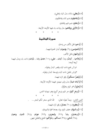 ‫]٥٤[)ﻳﻐﻠﻲ( ﺑﺎﻟﺘﺎء ﺑﺪل اﻟﻴﺎء )ﺗﻐﻠﻲ(.‬
‫]٧٤[)ﻓﺎﻋﺘِﻠﻮﻩ( ﺿﻢ اﻟﺘﺎء )ﻓﺎﻋﺘُﻠﻮﻩ(.‬
‫َ ٍ‬
‫]١٥[)ﻣﻘﺎم( ﺿﻢ اﳌﻴﻢ )ﻣﻘﺎم(.‬
‫ُ‬

‫]٦٥[)اﻷوﻟﻰ ووﻗﺎﻫﻢ( ﺑﺪل وذات ﻳﺎء ﻓﻴﻬﺎ اﻷوﺟﻪ اﻷرﺑﻌﺔ.‬
‫*‬

‫*‬

‫*‬

‫*‬

‫‪‬‬
‫]١[)ﺣﻢ( ﻗﻠﻞ اﻷﻟﻒ ﻣﻦ )ﺣﺎ(.‬
‫]٣[)ﻟﻠﻤﺆﻣﻨﻴﻦ( )٦/ ﻳﺆﻣﻨﻮن( أﺑﺪل اﳍﻤﺰة ﻓﻴﻬﻤﺎ.‬
‫ِ‬
‫]٥[)واﻟﻨﻬﺎر( ﻗﻠﻞ اﻷﻟﻒ.‬
‫]٥[)ﻓﺄﺣﻴﺎ.. آﻳﺎت( )٨/ آﻳﺎت.. ﺗﺘﻠﻰ( )١١/ ﻫﺪى وﻗﻔﺎ.. ﺑﺂﻳﺎت( ذات ﻳﺎء وﺑﺪل ﻓﻴﻬﻤﺎ‬
‫ٌ‬
‫ً‬
‫أرﺑﻌﺔ أوﺟﻪ:‬
‫١و٢_ ﻓﺘﺢ ذات اﻟﻴﺎء وﻗﺼﺮ اﻟﺒﺪل وﻃﻮﻟﻪ.‬
‫٣و٤_ ﺗﻘﻠﻴﻞ ذات اﻟﻴﺎء وﺗﻮﺳﻂ اﻟﺒﺪل وﻃﻮﻟﻪ.‬
‫]٨[)ﻳُﺼﺮ ﻣﺴﺘﻜﺒِﺮاً( رﻗﻖ اﻟﺮاء ﻓﻴﻬﻤﺎ.‬
‫ِﱡ‬
‫]٩[)آﻳﺎﺗﻨﺎ ﺷﻴﺌﺎً( ﺑﺪل وﻟﲔ ﻣﻬﻤﻮز ﻓﻴﻬﻤﺎ اﻷوﺟﻪ اﻷرﺑﻌﺔ.‬
‫]٩[)ﻫﺰواً( ﳘﺰ اﻟﻮاو )ﻫﺰؤاً(.‬
‫ُ‬
‫ُ‬
‫ٍ ٍ‬
‫]١١[)رﺟﺰ أﻟﻴﻢ( ﺟﺮ اﳌﻴﻢ )رﺟﺰ أﻟﻴﻢ( وﻫﻮ ﻧـ ـﻬــﺎﻳــﺔ اﻟﺜﻤﻦ.‬
‫ٍ ٌ‬

‫*‬
‫*‬
‫*‬
‫اﷲ اﻟﺬي ﺳﺨﺮ ﻟﻜﻢ اﻟﺒﺤﺮ... .‬

‫*‬
‫اﻟﺜﻤﻦ اﻟﺜﺎﻣﻦ: وﻳﺒﺪأ ﺑﻘﻮﻟﻪ ﺗﻌﺎﱃ:‬
‫ِ‬
‫]٤١[)ﻳﻐﻔﺮوا( )٠٢/ ﺑﺼﺎﺋِﺮ( رﻗﻖ اﻟﺮاء ﻓﻴﻬﻤﺎ.‬
‫ُ‬
‫]٦١[)واﻟﻨﺒﻮة( ﺧﻔﻒ اﻟﻮاو وزاد ﺑﻌﺪﻫﺎ ﳘﺰة )اﻟﻨﺒﻮءة(.‬
‫ّ‬

‫]٠٢[)وﻫﺪى( وﻗﻔﺎً )٢٢/ وﻟﺘﺠﺰى( )٣٢/ ﻫﻮاﻩ( )٤٢/ اﻟﺪﻧﻴﺎ، وﻧﺤﻴﺎ(‬
‫ً‬
‫)٨٢/ ﺗُﺪﻋﻰ( )٤٣/ ﻧﻨﺴﺎﻛﻢ، وﻣﺄواﻛﻢ( اﻟﻔﺘﺢ واﻟﺘﻘﻠﻴﻞ ﻓﻴﻬﻦ.‬
‫-١٩١-‬

 