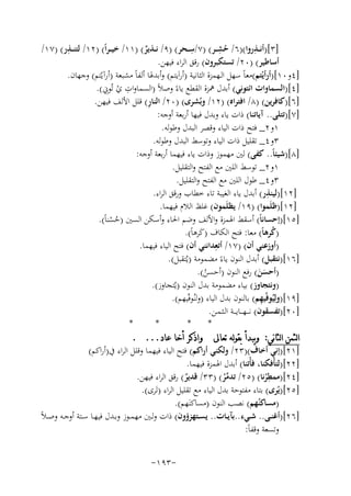 ‫ِ‬
‫ِ‬
‫ِ‬
‫ِ‬
‫]٣[)أﻧ ــﺬروا()٦/ ﺣﺸ ــﺮ( )٧/ﺳ ــﺤﺮ( )٩/ ﻧ ــﺬﻳﺮ( )١١/ ﺧﻴـ ـﺮاً( )٢١/ ﻟﺘﻨ ــﺬر( )٧١/‬
‫ُ‬
‫ٌ‬
‫أﺳﺎﻃﻴﺮ( )٠٢/ ﺗﺴﺘﻜﺒﺮون( رﻗﻖ اﻟﺮاء ﻓﻴﻬﻦ.‬
‫]٤و٠١[)أرأﻳْﺘﻢ(ﻣﻌﺎً ﺳﻬﻞ اﻟـﻬﻤﺰة اﻟﺜﺎﻧﻴﺔ )أراَﻳﺘﻢ( وأﺑﺪﳍﺎ أﻟﻔﺎً ﻣﺸﺒﻌﺔ )أرآﻳْﺘﻢ( وﺟﻬﺎن.‬
‫ِ ْ ِ‬
‫]٤[)اﻟﺴﻤﺎوات اﺋﺘﻮﻧﻲ( أﺑﺪل ﳘﺰة اﻟﻘﻄﻊ ﻳﺎءً وﺻﻼً )اﻟﺴﻤﺎوات ي ﺗُﻮﱐ(.‬
‫ِ‬
‫]٦[)ﻛﺎﻓﺮﻳﻦ( )٨/ اﻓﺘﺮاﻩ( )٢١/ وﺑُﺸﺮى( )٠٢/ اﻟﻨﺎر( ﻗﻠﻞ اﻷﻟﻒ ﻓﻴﻬﻦ.‬
‫]٧[)ﺗﺘﻠﻰ.. آﻳﺎﺗﻨﺎ( ذات ﻳﺎء وﺑﺪل ﻓﻴﻬﺎ أرﺑﻌﺔ أوﺟﻪ:‬
‫١و٢_ ﻓﺘﺢ ذات اﻟﻴﺎء وﻗﺼﺮ اﻟﺒﺪل وﻃﻮﻟﻪ.‬
‫٣و٤_ ﺗﻘﻠﻴﻞ ذات اﻟﻴﺎء وﺗﻮﺳﻂ اﻟﺒﺪل وﻃﻮﻟﻪ.‬
‫]٨[)ﺷﻴﺌﺎً.. ﻛﻔﻰ( ﻟﲔ ﻣﻬﻤﻮز وذات ﻳﺎء ﻓﻴﻬﻤﺎ أرﺑﻌﺔ أوﺟﻪ:‬
‫١و٢_ ﺗﻮﺳﻂ اﻟﻠﲔ ﻣﻊ اﻟﻔﺘﺢ واﻟﺘﻘﻠﻴﻞ.‬
‫٣و٤_ ﻃﻮل اﻟﻠﲔ ﻣﻊ اﻟﻔﺘﺢ واﻟﺘﻘﻠﻴﻞ.‬
‫ِ‬
‫]٢١[)ﻟﻴﻨﺬر( أﺑﺪل ﻳﺎء اﻟﻐﻴﺒﺔ ﺗﺎء ﺧﻄﺎب ورﻗﻖ اﻟﺮاء.‬
‫]٢١[)ﻇﻠَﻤﻮا( )٩١/ ﻳﻈﻠَﻤﻮن( ﻏﻠﻆ اﻟﻼم ﻓﻴﻬﻤﺎ.‬
‫]٥١[)إﺣﺴﺎﻧﺎً( أﺳﻘﻂ اﳍﻤﺰة واﻷﻟﻒ وﺿﻢ اﳊﺎء وأﺳﻜﻦ اﻟﺴﲔ )ﺣﺴﻨﺎً(.‬
‫ُْ‬
‫)ﻛﺮﻫﺎً( ﻣﻌﺎ: ﻓﺘﺢ اﻟﻜﺎف )ﻛﺮﻫﺎً(.‬
‫ُ‬
‫َ‬
‫)أوزﻋﻨﻲ أن( )٧١/ ِ‬
‫أﺗﻌﺪاﻧﻨﻲ أن( ﻓﺘﺢ اﻟﻴﺎء ﻓﻴﻬﻤﺎ.‬
‫]٦١[)ﻧﺘﻘﺒﻞ( أﺑﺪل اﻟﻨﻮن ﻳﺎءً ﻣﻀﻤﻮﻣﺔ )ﻳُﺘﻘﺒﻞ(.‬
‫)أﺣﺴﻦ( رﻓﻊ اﻟﻨﻮن )أﺣﺴﻦ(.‬
‫ََ‬
‫ُ‬
‫)وﻧﺘﺠﺎوز( ﺑﻴﺎء ﻣﻀﻤﻮﻣﺔ ﺑﺪل اﻟﻨﻮن )ﻳُﺘﺠﺎوز(.‬
‫ِ‬
‫]٩١[)وﻟِﻴُﻮﻓّﻴﻬﻢ( ﺑﺎﻟﻨﻮن ﺑﺪل اﻟﻴﺎء )وﻟﻨُﻮﻓّﻴﻬﻢ(.‬
‫]٠٢[)ﺗﻔﺴﻘﻮن( ﻧ ـ ـﻬـ ــﺎﻳـ ــﺔ اﻟـﺜـﻤـﻦ.‬
‫*‬
‫*‬
‫*‬
‫*‬
‫ﺍﻟﺜﻤﻦ ﺍﻟﺜﺎﻧﻲ: ﻭﻳﺒﺪﺃ ﺑﻘﻮﻟﻪ ﺗﻌﺎﱃ ﻭﺍﺫﻛﺮ ﺃﺧﺎ ﻋﺎﺩ... .‬
‫]١٢[)إﻧﻲ أﺧﺎف()٣٢/ وﻟﻜﻨﻲ أراﻛﻢ( ﻓﺘﺢ اﻟﻴﺎء ﻓﻴﻬﻤﺎ وﻗﻠﻞ اﻟﺮاء ﰲ)أراﻛﻢ(‬
‫]٢٢[)ﻟﺘﺄْﻓﻜﻨﺎ، ﻓﺄْﺗﻨﺎ( أﺑﺪل اﳍﻤﺰة ﻓﻴﻬﻤﺎ.‬
‫ِ‬
‫]٤٢[)ﻣﻤﻄﺮﻧﺎ( )٥٢/ ﺗﺪﻣﺮ( )٣٣/ ﻗﺪﻳﺮ( رﻗﻖ اﻟﺮاء ﻓﻴﻬﻦ.‬
‫ٌ‬
‫ﱢُ‬
‫ُ‬
‫]٥٢[)ﻳُﺮى( ﺑﺘﺎء ﻣﻔﺘﻮﺣﺔ ﺑﺪل اﻟﻴﺎء ﻣﻊ ﺗﻘﻠﻴﻞ اﻟﺮاء )ﺗَﺮى(.‬
‫)ﻣﺴﺎﻛﻨُﻬﻢ( ﻧﺼﺐ اﻟﻨﻮن )ﻣﺴﺎﻛﻨَﻬﻢ(.‬
‫]٦٢[)أﻏﻨــﻰ.. ﺷــﻲء..ﺑﺂﻳــﺎت.. ﻳﺴــﺘﻬﺰؤون( ذات وﻟــﲔ ﻣﻬﻤــﻮز وﺑــﺪل ﻓﻴﻬــﺎ ﺳــﺘﺔ أوﺟــﻪ وﺻ ـﻼً‬
‫وﺗﺴﻌﺔ وﻗﻔﺎً:‬
‫-٣٩١-‬

 