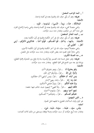 ‫أ _ اﻟـﻤﺪ اﻟﻮاﺟﺐ اﻟﻤﺘﺼﻞ:‬
‫ﺗﻌﺮﻳﻔﻪ: وﻫﻮ أن ﻳﺄﰐ ﺣﺮف اﳌﺪ واﳍﻤﺰة ﺑﻌﺪﻩ ﰲ ﻛﻠﻤﺔ واﺣﺪة.‬
‫اﻷﻣﺜﻠــﺔ:‬
‫ِ‬
‫َ َِ َ َ ِ‬
‫اﻟـﻤﻼَﺋِﻜﺔ ، ﺟــﺂء ، ﺑَﺮﻳـﺌﺎً ، اﻟﻨﱠﺴﻲءُ ، ﻟِﻴَﺴـﻮءوا ، ﻗَـﺮوء .‬
‫ُ‬
‫ُ‬
‫ــﻲ ﻣﺘﺼــﻼ ﺠﻤﻟــﻲء ﺣــﺮف اﳌــﺪ واﳍﻤــﺰة ﺑﻌــﺪﻩ ﰲ ﻛﻠﻤــﺔ واﺣــﺪة، وﲰــﻲ واﺟﺒــﺎ ﻹﲨــﺎع اﻟﻘ ـﺮاء‬
‫ﻋﻠﻰ ﻣﺪﻩ أﻛﺜﺮ ﻣﻦ ﻛﺘﲔ، وﻣﻘﺪار ﻣﺪﻩ ﺳﺖ ﻛﺎت.‬
‫ﺣﺮ‬
‫ﺣﺮ‬
‫ب _ اﻟـﻤـﺪ اﻟﺠﺎﺋﺰ اﻟﻤﻨﻔﺼﻞ:‬
‫ﺗﻌﺮﻳﻔﻪ: وﻫﻮ أن ﻳﺄﰐ ﺣﺮف اﳌﺪ ﰲ آﺧﺮ اﻟﻜﻠﻤﺔ واﳍﻤﺰة ﰲ أول اﻟﻜﻠﻤﺔ ﺑﻌﺪﻩ.‬
‫اﻷﻣﺜ ـﻠــﺔ: ﻳـﺎأﻳـﻬــﺎ ، ﻳَـﺎآدم ، ﻗُــﻮا أَﻧﻔﺴــﻜﻢ ، ﻗُﻮﻟُــﻮا آﻣﻨﱠــﺎ ، ﻓــﺎذﻛﺮوﻧﻲ أذﻛـ ﻛﻢ ، أرﻧــﻲ‬
‫ـﺮ‬
‫َُ‬
‫َ‬
‫َُ‬
‫أﻧﻈﺮ ، أﻧﻈﺮﻧﻲ إﻟﻰ .‬
‫وﲰﻲ ﻣﻨﻔﺼﻼً ﻟﻮﺟﻮد ﺣﺮف اﳌﺪ ﰲ آﺧﺮ اﻟﻜﻠﻤﺔ واﳍﻤﺰة ﰲ أول اﻟﻜﻠﻤﺔ اﻷﺧﺮى.‬
‫وﲰﻲ ﺟﺎﺋﺰاً ﳉﻮاز ﻗﺼﺮﻩ ﻋﻨﺪ ﺑﻌﺾ اﻟﻘﺮاء، وﻣﻘﺪار ﻣﺪﻩ ﺳﺖ ﻛﺎت ﻣﺜﻞ اﳌﺘﺼﻞ.‬
‫ﺣﺮ‬
‫ﺟـ _ ﻣـﺪ اﻟﺼــﻠﺔ اﻟﻜﺒﺮى:‬
‫ﺗﻌﺮﻳﻔـﻪ: وﻫــﻮ ﺟﻌـﻞ ﺿــﻤﺔ ﻫــﺎء اﻟﻀـﻤﲑ واواً ﻛﺴﺮﺗــﻪ ﻳـﺎءً إذا وﻗــﻊ ﺑــﲔ اﳌﺘﺤـﺮك وﳘــﺰة اﻟﻘﻄــﻊ،‬
‫و‬
‫وزﻳﺎدة واو ﺑﻌﺪ ﻣﻴﻢ اﳉﻤﻊ ﻗﺒﻞ ﳘﺰة اﻟﻘﻄﻊ، وﻣﻘﺪار ﻣﺪﻩ ﺳﺖ ﻛﺎت.‬
‫ﺣﺮ‬
‫اﻷﻣﺜﻠــﺔ:‬
‫وﻫﻮ ﻳﺤﺎورﻩُ أﻧَﺎ ـ ـ ـ ﺗﻘﺮأ ـ ـ ـ )وﻫﻮ ﳛﺎورﻫﻮ~أَﻧﺎ(.‬
‫ُ‬
‫َ ُ َ َ ُِ‬
‫وأَﻣﺮﻩُ إِﻟﻰ اﷲ ـ ـ ـ ﺗﻘﺮأ ـ ـ ـ )وأﻣﺮﻫﻮ~إِﱃ اﷲ(.‬
‫ُ‬
‫َ ُ‬
‫ِ‬
‫وﻣﻦ آﻳَﺎﺗـﻪ أَن ﺧﻠَﻘﻜﻢ ـ ﺗﻘﺮأ ـ ـ )وﻣﻦ آﻳﺎﺗـﻬﻲ~أن ﺧﻠﻘﻜﻢ(.‬
‫َ َُ‬
‫َ‬
‫ِ‬
‫ﻋﻨﺪ رﺑـﻪ إِ‬
‫َ َ ﻧـﻪ ـ ـ ﺗﻘﺮأ ـ ـ )ﻋﻨﺪ رﺑـﻬﻲ~إﻧـﻪ(.‬
‫ﱠ ِِ‬
‫وإن ﻫﺬﻩِ أُﻣﺘُﻜﻢ ـ ـ ﺗﻘﺮأ ـ ـ )وإن ﻫﺬﻫﻲ~أُﻣﺘﻜﻢ(.‬
‫ﱠ َِ ﱠ ُ‬
‫ِ‬
‫ﻓﺄﻟﻘﻪ إﻟﻴـﻬﻢ ـ ـ ﺗﻘﺮأ ـ )ﻓﺄ ﻟﻘﻬﻲ~ إﻟﻴـﻬﻢ( ﺣﻴﺚ ﺧﺎﻟﻒ ﻓﻴـﻬﺎ ﺣﻔﺼﺎ.‬
‫إﻧـﻬﻢ آﻣﻨﻮا ﺑﺮﺑـﻬﻢ ـ ﺗﻘﺮأ ـ ـ )إﻧـﻬﻤﻮ~آﻣﻨﻮا(.‬
‫ﻋﻠﻴﻜﻢ أﻧﻔﺴﻜﻢ ـ ـ ﺗﻘﺮأ ـ ـ ـ )ﻋﻠﻴﻜﻤﻮ~ أﻧﻔﺴﻜﻢ(.‬
‫د _ اﻟﻠﻴﻦ اﻟﻤﻬﻤﻮز:‬
‫ﻫﻮ اﻟﻮاو واﻟﻴﺎء اﻟﺴﺎﻛﻨﺎن اﳌﻔﺘﻮح ﻣﺎ ﻗﺒﻠﻬﻤﺎ ﻗﺒﻞ اﳍﻤﺰة.‬
‫أﻣﺜﻠﺘـﻪ:‬
‫ﻳَـﻴﺄس، ﺳـَﻮء ، ﻫـﻴـﺌَـﺔ ، ﺳـﻮءة ، ﺷ ْﻴـﺌـﺎ، ﺷﻲء .‬
‫َ‬
‫َْ‬
‫ْ‬
‫َْ‬
‫ْ‬
‫َْ‬
‫وﻣﻘﺪار ﻣﺪﻩ أرﺑﻊ ﻛﺎت أو ﺳﺖ ﻛﺎت وﺻﻼ ووﻗﻔﺎ، وﻳﺴﺘﺜﲎ ﻣﻦ ذﻟﻚ ﺛﻼث ﻛﻠﻤﺎت:‬
‫ﺣﺮ‬
‫ﺣﺮ‬

‫-٠٢-‬

 