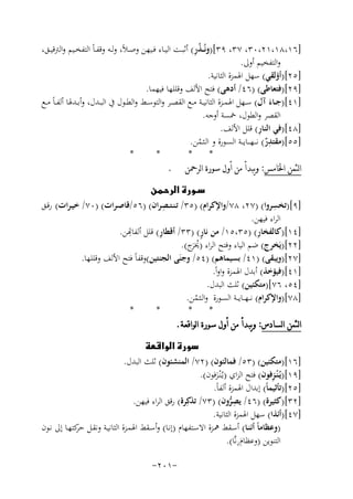 ‫ُِ‬
‫]٦١،٨١،١٢،٠٣، ٧٣، ٩٣[)وﻧُـ ـﺬر( أﺛﺒــﺖ اﻟﻴــﺎء ﻓــﻴﻬﻦ وﺻ ـﻼً، وﻟــﻪ وﻗﻔ ـﺎً اﻟﺘﻔﺨــﻴﻢ واﻟﱰﻗﻴــﻖ،‬
‫واﻟﺘﻔﺨﻴﻢ أوﱃ.‬
‫]٥٢[)أؤﻟﻘﻲ( ﺳﻬﻞ اﳍﻤﺰة اﻟﺜﺎﻧﻴﺔ.‬
‫]٩٢[)ﻓﺘﻌﺎﻃﻰ( )٦٤/ أدﻫﻰ( ﻓﺘﺢ اﻷﻟﻒ وﻗﻠﻠﻬﺎ ﻓﻴﻬﻤﺎ.‬
‫]١٤[)ﺟــﺎء آل( ﺳــﻬﻞ اﳍﻤــﺰة اﻟﺜﺎﻧﻴــﺔ ﻣــﻊ اﻟﻘﺼــﺮ واﻟﺘﻮﺳــﻂ واﻟﻄــﻮل ﰲ اﻟﺒــﺪل، وأﺑــﺪﳍﺎ أﻟﻔ ـﺎً ﻣــﻊ‬
‫َ‬
‫اﻟﻘﺼﺮ واﻟﻄﻮل، ﲬﺴﺔ أوﺟﻪ.‬
‫ِ‬
‫]٨٤[)ﻓﻲ اﻟﻨﺎر( ﻗﻠﻞ اﻷﻟﻒ.‬
‫ِ‬
‫]٥٥[)ﻣﻘﺘﺪر( ﻧ ـ ـﻬـ ــﺎﻳ ــﺔ اﻟﺴـﻮرة و اﻟـﺜـﻤﻦ.‬
‫ٌ‬
‫ُ‬
‫*‬
‫*‬
‫*‬
‫*‬
‫ﺍﻟﺜﻤﻦ ﺍﳋﺎﻣﺲ: ﻭﻳﺒﺪﺃ ﻣﻦ ﺃﻭﻝ ﺳﻮﺭﺓ ﺍﻟﺮﲪﻦ .‬
‫‪ ‬‬
‫ِ‬
‫ِ‬
‫]٩[)ﺗﺨﺴﺮوا( )٧٢، ٨٧/واﻹﻛﺮام( )٥٣/ ﺗـﻨـﺘــﺼﺮان( )٦٥/ﻗﺎﺻـﺮات( )٠٧/ ﺧﻴـﺮات( رﻗـﻖ‬
‫اﻟﺮاء ﻓﻴﻬﻦ.‬
‫ِ‬
‫ِ‬
‫ٍ‬
‫ِ‬
‫]٤١[)ﻛﺎﻟﻔﺨﺎر( )٥٣،٥١/ ﻣﻦ ﻧﺎر( )٣٣/ أﻗﻄﺎر( ﻠﻞ أﻟﻔﺎﻬﺗﻦ.‬
‫]٢٢[)ﻳَﺨﺮج( ﺿﻢ اﻟﻴﺎء وﻓﺘﺢ اﻟﺮاء )ﳜَج(.‬
‫ُﺮ‬
‫]٧٢[)وﻳﺒﻘﻰ( )١٤/ ﺑﺴﻴﻤﺎﻫﻢ( )٤٥/ وﺟﻨَﻰ اﻟﺠﻨﺘﻴﻦ(وﻗﻔﺎً ﻓﺘﺢ اﻷﻟﻒ وﻗﻠﻠﻬﺎ.‬
‫]١٤[)ﻓﻴﺆﺧﺬ( أﺑﺪل اﳍﻤﺰة واواً.‬
‫]٤٥، ٦٧[)ﻣﺘﻜﺌﻴﻦ( ﺛﻠﺚ اﻟﺒﺪل.‬
‫]٨٧[)واﻹﻛﺮام( ﻧـ ـﻬـ ـﺎﻳ ــﺔ اﻟﺴـﻮرة واﻟـﺜـﻤﻦ.‬
‫ُ‬
‫*‬
‫*‬
‫*‬
‫*‬
‫ﺍﻟﺜﻤﻦ ﺍﻟﺴﺎﺩﺱ: ﻭﻳﺒﺪﺃ ﻣﻦ ﺃﻭﻝ ﺳﻮﺭﺓ ﺍﻟﻮﺍﻗﻌﺔ.‬
‫‪‬‬
‫]٦١[)ﻣﺘﻜﺌﻴﻦ( )٣٥/ ﻓﻤﺎﻟﺌﻮن( )٢٧/ اﻟﻤﻨﺸﺌﻮن( ﺛﻠﺚ اﻟﺒﺪل.‬
‫ِ‬
‫]٩١[)ﻳُـ ْﻨـﺰﻓﻮن( ﻓﺘﺢ اﻟﺰاي )ﻳـُْﻨـﺰﻓﻮن(.‬
‫َ‬
‫]٥٢[)ﺗﺄﺛﻴﻤﺎً( إﺑﺪال اﳍﻤﺰة أﻟﻔﺎً.‬
‫]٢٣[)ﻛﺜﻴﺮة( )٦٤/ ﻳﺼﺮون( )٣٧/ ﺗﺬﻛِ‬
‫ﺮة( رﻗﻖ اﻟﺮاء ﻓﻴﻬﻦ.‬
‫ِﱡ‬
‫]٧٤[)أﺋﺬا( ﺳﻬﻞ اﳍﻤﺰة اﻟﺜﺎﻧﻴﺔ.‬
‫)وﻋﻈﺎﻣﺎً أﺋﻨـﺎ( أﺳـﻘﻂ ﳘـﺰة اﻻﺳـﺘﻔﻬﺎم )إﻧـﺎ( وأﺳـﻘﻂ اﳍﻤـﺰة اﻟﺜﺎﻧﻴـﺔ وﻧﻘـﻞ ﻛﺘﻬـﺎ إﱃ ﻧـﻮن‬
‫ﺣﺮ‬
‫ِ‬
‫اﻟﺘﻨﻮﻳﻦ )وﻋﻈﺎمنﻧﱠﺎ(.‬
‫َ‬
‫-١٠٢-‬

 