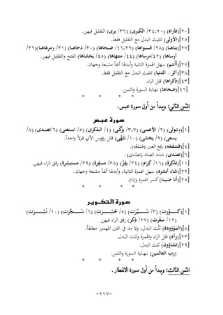 ‫]٠٢[)ﻓﺄراﻩ( )٠٢،٤٣/ اﻟﻜﺒﺮى( )٦٣/ ﻳﺮى( اﻟﺘﻘﻠﻴﻞ ﻓﻴﻬﻦ.‬
‫]٥٢[)اﻷوﻟﻰ( ﺗﺜﻠﻴﺚ اﻟﺒﺪل ﻣﻊ اﻟﺘﻘﻠﻴﻞ ﻓﻘﻂ.‬
‫]٧٢[)ﺑﻨﺎﻫ ــﺎ( )٨٢/ ﻓﺴ ــﻮاﻫﺎ( )٩٢،٦٤/ ﺿ ــﺤﺎﻫﺎ( )٠٣/ دﺣﺎﻫ ــﺎ( )١٣/ وﻣﺮﻋﺎﻫ ــﺎ()٢٣/‬
‫أرﺳﺎﻫﺎ( )٢٤/ﻣﺮﺳﺎﻫﺎ( )٤٤/ ﻣﻨﺘﻬﺎﻫﺎ( )٥٤/ ﻳﺨﺸﺎﻫﺎ( اﻟﻔﺘﺢ واﻟﺘﻘﻠﻴﻞ ﻓﻴﻬﻦ.‬
‫]٧٢[)أَأَﻧﺘﻢ( ﺳﻬﻞ اﳍﻤﺰة اﻟﺜﺎﻧﻴﺔ وأﺑﺪﳍﺎ أﻟﻔﺎً ﻣﺸﺒﻌﺔ وﺟﻬﺎن.‬
‫]٨٣[)آﺛﺮ.. اﻟﺪﻧﻴﺎ( ﺗﺜﻠﻴﺚ اﻟﺒﺪل ﻣﻊ اﻟﺘﻘﻠﻴﻞ ﻓﻘﻂ.‬
‫]٣٤[)ذﻛﺮاﻫﺎ( ﻗﻠﻞ اﻟﺮاء.‬
‫]٦٤[)ﺿﺤﺎﻫﺎ( ﻧـﻬــﺎﻳﺔ اﻟﺴﻮرة واﻟﺜﻤﻦ.‬
‫*‬
‫*‬
‫*‬
‫*‬
‫ﺍﻟﺜﻤﻦ ﺍﻟﺜﺎﻧﻲ: ﻭﻳﺒﺪﺃ ﻣﻦ ﺃﻭﻝ ﺳﻮﺭﺓ ﻋﺒﺲ.‬
‫‪‬‬
‫]١[)وﺗــﻮﻟﻰ( )٢/ اﻷﻋﻤــﻰ( )٧،٣/ ﻳ ّﻛــﻰ( )٤/ اﻟــﺬﻛﺮى( )٥/ اﺳــﺘﻐﻨﻰ( )٦/ﺗﺼــﺪى( )٨/‬
‫ﺰّ‬
‫ﻳﺴﻌﻰ( )٩/ ﻳﺨﺸﻰ( )٠١/ ﺗﻠَﻬﻰ( ﻗﻠﻞ رؤوس اﻵي ﻗﻮﻻً واﺣﺪاً.‬
‫ﱠ‬
‫]٤[)ﻓـﺘـﻨـﻔـﻌـﻪ( رﻓﻊ اﻟﻌﲔ )ﻓﺘﻨﻔﻌﻪ(.‬
‫ََ‬
‫ُ‬
‫]٦[)ﺗﺼﺪى( ﺷﺪد اﻟﺼﺎد )ﺗﺼﺪى(.‬
‫َ‬
‫ّ‬
‫ِ‬
‫]١١[)ﺗﺬﻛِﺮة( )٦١/ ﻛِﺮام( )٤٣/ ﻳﻔﺮ( )٨٣/ ِ‬
‫ِ‬
‫ﻣﺴﻔﺮة( )٩٣/ ﻣﺴﺘﺒﺸﺮة( رﻗﻖ اﻟﺮاء ﻓﻴﻬﻦ.‬
‫ﱡ‬
‫]٢٢[)ﺷﺎء أﻧﺸﺮﻩ( ﺳﻬﻞ اﳍﻤﺰة اﻟﺜﺎﻧﻴﺔ، وأﺑﺪﳍﺎ أﻟﻔﺎً ﻣﺸﺒﻌﺔ وﺟﻬﺎن.‬
‫َ‬
‫]٥٢[)أَﻧﺎ ﺻﺒﺒﻨﺎ( ﻛﺴﺮ اﳍﻤﺰة )إﻧﺎ(.‬
‫*‬
‫*‬
‫* *‬
‫‪‬‬
‫ِ‬
‫ِ‬
‫]١[)ﻛـ ـ ـ ـ ـ ـ ــﻮرت( )٣/ ﺳ ـ ـ ـ ـ ـ ـ ـﻴﱢـﺮت( )٥/ ﺣﺸـ ـ ـ ـ ـ ـ ــﺮت( )٦/ ﺳ ـ ـ ـ ـ ـ ـ ـﺠﺮت( )٠١/ ﻧُﺸـ ـ ـ ـ ـ ـ ــﺮت(‬
‫ﱢ‬
‫ُ‬
‫َ‬
‫ُ ﱢَ‬
‫َ‬
‫ُ َ‬
‫)٢١/ ﺳﻌﺮت( )٧٢/ ِ‬
‫ذﻛﺮ( رﻗﻖ اﻟﺮاء ﻓﻴﻬﻦ.‬
‫ﱢ‬
‫]٨[)اﻟﻤﻮؤودة( ﺛﻠّﺚ اﻟﺒﺪل، وﻻ ﻣﺪ ﰲ اﻟﻠﲔ اﳌﻬﻤﻮز ﻣﻄﻠﻘﺎً.‬
‫َْ‬
‫]٣٢[)رآﻩ( ﻗﻠﻞ اﻟﺮاء واﳍﻤﺰة وﺛﻠﺚ اﻟﺒﺪل.‬
‫]٩٢[)ﺗﺸﺎؤون( ﺛﻠﺚ اﻟﺒﺪل.‬
‫)رب اﻟﻌﺎﻟﻤﻴﻦ( ﻧ ـﻬ ــﺎﻳﺔ اﻟﺴﻮرة واﻟﺜﻤﻦ.‬
‫*‬
‫*‬
‫*‬
‫*‬
‫ﺍﻟﺜﻤﻦ ﺍﻟﺜﺎﻟﺚ: ﻭﻳﺒﺪﺃ ﻣﻦ ﺃﻭﻝ ﺳﻮﺭﺓ ﺍﻻﻧﻔﻄﺎﺭ.‬
‫-٧١٢-‬

 