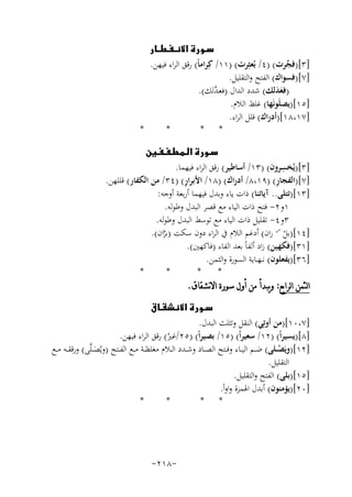 ‫‪‬‬
‫]٣[)ﻓﺠﺮت( )٤/ ﺑُﻌﺜِﺮت( )١١/ ﻛِﺮاﻣﺎً( رﻗﻖ اﻟﺮاء ﻓﻴﻬﻦ.‬
‫ﱢ‬
‫]٧[)ﻓﺴﻮاك( اﻟﻔﺘﺢ واﻟﺘﻘﻠﻴﻞ.‬
‫)ﻓﻌﺪﻟﻚ( ﺷﺪد اﻟﺪال )ﻓﻌـ ﱠﻟﻚ(.‬
‫ﺪ‬
‫ََ‬
‫]٥١[)ﻳﺼﻠَﻮﻧَﻬﺎ( ﻏﻠﻆ اﻟﻼم.‬
‫]٧١،٨١[)أدراك( ﻗﻠﻞ اﻟﺮاء.‬
‫*‬
‫*‬
‫* *‬
‫‪‬‬
‫ِ‬
‫]٣[)ﻳُﺨﺴﺮون( )٣١/ أﺳﺎﻃﻴﺮ( رﻗﻖ اﻟﺮاء ﻓﻴﻬﻤﺎ.‬
‫ِ‬
‫ِ‬
‫]٧[)اﻟﻔﺠﺎر( )٩١،٨/ أدراك( )٨١/ اﻷﺑﺮار( )٤٣/ ﻣﻦ اﻟﻜﻔﺎر( ﻗﻠﻠﻬﻦ.‬
‫]٣١[)ﺗﺘﻠﻰ.. آﻳﺎﺗﻨﺎ( ذات ﻳﺎء وﺑﺪل ﻓﻴﻬﻤﺎ أرﺑﻌﺔ أوﺟﻪ:‬
‫١و٢- ﻓﺘﺢ ذات اﻟﻴﺎء ﻣﻊ ﻗﺼﺮ اﻟﺒﺪل وﻃﻮﻟﻪ.‬
‫٣و٤- ﺗﻘﻠﻴﻞ ذات اﻟﻴﺎء ﻣﻊ ﺗﻮﺳﻂ اﻟﺒﺪل وﻃﻮﻟﻪ.‬
‫]٤١[)ﺑﻞ س ران( أدﻏﻢ اﻟﻼم ﰲ اﻟﺮاء دون ﺳﻜﺖ )ﺑﺮان(.‬
‫ﱠ‬
‫ْ‬
‫]١٣[)ﻓﻜﻬﻴﻦ( زاد أﻟﻔﺎً ﺑﻌﺪ اﻟﻔﺎء )ﻓﺎﻛﻬﲔ(.‬
‫]٦٣[)ﻳﻔﻌﻠﻮن( ﻧ ـﻬــﺎﻳﺔ اﻟﺴﻮرة واﻟﺜﻤﻦ.‬
‫*‬
‫*‬
‫*‬
‫*‬
‫ﺍﻟﺜﻤﻦ ﺍﻟﺮﺍﺑﻊ: ﻭﻳﺒﺪﺃ ﻣﻦ ﺃﻭﻝ ﺳﻮﺭﺓ ﺍﻻﻧﺸﻘﺎﻕ.‬
‫‪‬‬
‫]٧،٠١[)ﻣﻦ أوﺗِﻲ( اﻟﻨﻘﻞ وﺗﺜﻠﺚ اﻟﺒﺪل.‬
‫]٨[)ﻳﺴﻴﺮاً( )٢١/ ﺳﻌﻴﺮاً( )٥١/ ﺑﺼﻴﺮاً( )٥٢/ﻏﲑ( رﻗﻖ اﻟﺮاء ﻓﻴﻬﻦ.‬
‫ُ‬
‫]٢١[)وﻳَﺼــﻠﻰ( ﺿــﻢ اﻟﻴــﺎء وﻓــﺘﺢ اﻟﺼــﺎد وﺷــﺪد اﻟــﻼم ﻣﻐﻠﻈــﺔ ﻣــﻊ اﻟﻔــﺘﺢ )وﻳُﺼ ـﻠﱠﻰ( ورﻗﻘ ـﻪ ﻣــﻊ‬
‫ْ‬
‫َ‬
‫اﻟﺘﻘﻠﻴﻞ.‬
‫]٥١[)ﺑﻠﻰ( اﻟﻔﺘﺢ واﻟﺘﻘﻠﻴﻞ.‬
‫]٠٢[)ﻳﺆﻣﻨﻮن( أﺑﺪل اﳍﻤﺰة واواً.‬
‫*‬
‫*‬
‫* *‬

‫-٨١٢-‬

 