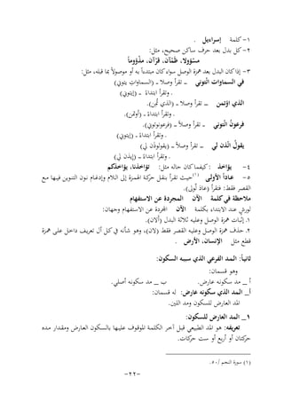 ‫١- ﻛﻠﻤﺔ إﺳﺮاءﻳﻞ .‬
‫٢- ﻛﻞ ﺑﺪل ﺑﻌﺪ ﺣﺮف ﺳﺎﻛﻦ ﺻﺤﻴﺢ، ﻣﺜﻞ:‬
‫ْ‬
‫ﻣﺴﺆوﻻ، ﻇَﻤﺂن، ﻗﺮآن، ﻣﺬؤوﻣﺎً‬
‫ْ‬
‫ْ‬
‫ْ‬
‫٣- إذا ﻛﺎن اﻟﺒﺪل ﺑﻌﺪ ﳘﺰة اﻟﻮﺻﻞ ﺳﻮاء ﻛﺎن ﻣﺒﺘﺪءاً ﺑـﻪ أو ﻣﻮﺻﻮﻻً ﲟﺎ ﻗﺒﻠﻪ، ﻣﺜﻞ:‬
‫ِ‬
‫ﻓﻲ اﻟﺴﻤﺎوات اﺋْﺘﻮﻧﻲ ـ ـ ـ ﺗﻘﺮأ وﺻﻼ ـ ـ )اﻟﺴﻤﺎوات ﻳﺘﻮﱐ(‬
‫ـ وﺗﻘﺮأ اﺑﺘﺪاءً ـ ـ )إﻳﺘﻮﱐ(‬
‫اﻟﺬي اؤﺗﻤﻦ ـ ـ ـ ـ ﺗﻘﺮأ وﺻﻼ ـ ـ )اﻟﺬي ﲤِﻦ(.‬
‫ُ‬
‫ـ وﺗﻘﺮأ اﺑﺘﺪاءً ـ ـ )أوﲤﻦ(.‬
‫ﻓﺮﻋﻮن اﺋْﺘﻮﻧﻲ ـ ـ ﺗﻘﺮأ وﺻﻼً ـ ـ ـ )ﻓﺮﻋﻮﻧﻮﺗﻮﱐ(.‬
‫ُ‬
‫ـ وﺗﻘﺮأ اﺑﺘﺪاءً ـ ـ )إﻳﺘﻮﱐ(‬
‫ﻳﻘﻮل اﺋْﺬن ﻟﻲ ـ ـ ـ ﺗﻘﺮأ وﺻﻼً ـ ـ ـ )ﻳﻘﻮﻟﻮذن ﱄ(‬
‫ُ‬
‫َ‬
‫ـ وﺗﻘﺮأ اﺑﺘﺪاءً ـ ـ ـ )إِﻳﺬن ﱄ(‬
‫٤- ﻳﺆاﺧﺬ : ﻛﻴﻔﻤﺎ ﻛﺎن ﺣﺎﻟﻪ ﻣﺜﻞ: ﺗﺆاﺧﺬﻧﺎ، ﻳﺆاﺧﺬﻛﻢ‬
‫٥- ﻋــﺎداً اﻷوﻟــﻰ ) ١(ﺣﻴــﺚ ﺗﻘـﺮأ ﺑﻨﻘــﻞ ﻛــﺔ اﳍﻤــﺰة إﱃ اﻟــﻼم وإدﻏــﺎم ﻧــﻮن اﻟﺘﻨــﻮﻳﻦ ﻓﻴــﻬﺎ ﻣــﻊ‬
‫ﺣﺮ‬
‫اﻟﻘﺼﺮ ﻓﻘﻂ: ﻓﺘﻘﺮأ )ﻋﺎد ﻟّﻮﱃ(.‬
‫َ‬
‫ﻣﻼﺣﻈﺔ ﻓﻲ ﻛﻠﻤﺔ اﻵن اﻟﻤﺠﺮدة ﻋﻦ اﻻﺳﺘﻔﻬﺎم‬
‫ٍ‬
‫ﻟﻮرش ﻋﻨﺪ اﻻﺑﺘﺪاء ﺑﻜﻠﻤﺔ اﻵن ﻤﻟﺮدة ﻋﻦ اﻻﺳﺘﻔﻬﺎم وﺟﻬﺎن:‬
‫١ـ إﺛﺒﺎت ﳘﺰة اﻟﻮﺻﻞ وﻋﻠﻴـﻪ ﺛﻼﺛﺔ اﻟﺒﺪل )أَﻻن(.‬
‫٢ـ ﺣﺬف ﳘﺰة اﻟﻮﺻﻞ وﻋﻠﻴـﻪ اﻟﻘﺼﺮ ﻓﻘﻂ )ﻻن(، وﻫﻮ ﺷﺄﻧﻪ ﰲ ﻛـﻞ أل ﺗﻌﺮﻳـﻒ داﺧـﻞ ﻋﻠـﻰ ﳘـﺰة‬
‫ﻗﻄﻊ ﻣﺜﻞ اﻹﻧﺴﺎن، اﻷرض .‬
‫ﺛﺎﻧﻴـﺎً: اﻟـﻤـﺪ اﻟﻔﺮﻋﻲ اﻟﺬي ﺳﺒﺒـﻪ اﻟﺴﻜﻮن:‬
‫وﻫﻮ ﻗﺴﻤﺎن:‬
‫ب _ ﻣﺪ ﺳﻜﻮﻧـﻪ أﺻﻠﻲ.‬
‫أ _ ﻣﺪ ﺳﻜﻮﻧـﻪ ﻋﺎرض.‬
‫أ_ اﻟـﻤﺪ اﻟﺬي ﺳﻜﻮﻧﻪ ﻋﺎرض: ﻟﻪ ﻗﺴﻤﺎن:‬
‫اﳌﺪ اﻟﻌﺎرض ﻟﻠﺴﻜﻮن وﻣﺪ اﻟﻠﲔ.‬
‫١_ اﻟﻤﺪ اﻟﻌﺎرض ﻟﻠﺴﻜﻮن:‬
‫ﺗﻌﺮﻳﻔﻪ: ﻫﻮ اﳌﺪ اﻟﻄﺒﻴﻌﻲ ﻗﺒـﻞ آﺧـﺮ اﻟﻜﻠﻤـﺔ اﳌﻮﻗـﻮف ﻋﻠﻴــﻬﺎ ﺑﺎﻟﺴـﻜﻮن اﻟﻌـﺎرض وﻣﻘـﺪار ﻣـﺪﻩ‬
‫ﻛﺘﺎن أو أرﺑﻊ أو ﺳﺖ ﻛﺎت.‬
‫ﺣﺮ‬
‫ﺣﺮ‬
‫)١( ﺳﻮرة اﻟﻨﺠﻢ /٠٥.‬

‫-٢٢-‬

 