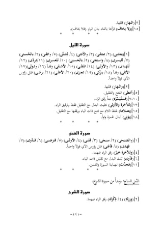 ‫ِ‬
‫]٣[)اﻟﻨﻬﺎر( ﻗﻠﻠﻬﺎ.‬
‫]٥١[)وﻻ ﻳﺨﺎف( ﻗﺮأﻫﺎ ﺑﺎﻟﻔﺎء ﺑﺪل اﻟﻮاو )ﻓﻼ ﳜﺎف(.‬
‫*‬
‫* *‬

‫*‬

‫‪‬‬
‫]١[)ﻳﻐﺸــﻰ( )٢/ ﺗﺠﻠــﻰ( )٣/ واﻷﻧﺜــﻰ( )٤/ ﻟﺸ ـﺘﱠﻰ( )٥/ واﺗﻘــﻰ( )٦/ ﺑﺎﻟﺤﺴــﻨﻰ(‬
‫ُ‬
‫)٧/ ﻟﻠﻴﺴــﺮى( )٨/ واﺳــﺘﻐﻨﻰ( )٩/ ﺑﺎﻟﺤﺴــﻨﻰ( )٠١/ ﻟﻠﻌﺴــﺮى( )١١/ﺗــﺮدى( )٢١/‬
‫ّ‬
‫ﻟَﻠﻬ ــﺪى( )٣١/ واﻷوﻟ ــﻰ( )٤١/ ﺗﻠﻈ ــﻰ( )٥١/ اﻷﺷ ــﻘﻰ( وﻗﻔ ـﺎً )٦١/ وﺗ ــﻮﻟﻰ()٧١/‬
‫اﻷﺗﻘﻰ( وﻗﻔـﺎً )٨١/ ﻛـﻰ( )٩١/ ﺗﺠـﺰى( )٠٢/ اﻷﻋﻠـﻰ( )١٢/ ﻳﺮﺿـﻰ( ﻗﻠـﻞ رؤوس‬
‫ﻳﺘﺰ‬
‫اﻵي ﻗﻮﻻً واﺣﺪاً.‬
‫ِ‬
‫]٢[)واﻟﻨﻬﺎر( ﻗﻠﻠﻬﺎ.‬
‫]٥[)أﻋﻄﻰ( اﻟﻔﺘﺢ واﻟﺘﻘﻠﻴﻞ.‬
‫]٠١،٧[)ﻓﺴﻨُـﻴَﺴﺮﻩ( ﻣﻌﺎً رﻗﻖ اﻟﺮاء.‬
‫ﱢُ‬
‫]٣١[)ﻟﻶﺧﺮة واﻷوﻟﻰ( ﺗﺜﻠﻴﺚ اﻟﺒﺪل ﻣﻊ اﻟﺘﻘﻠﻴﻞ ﻓﻘﻂ وﺗﺮﻗﻴﻖ اﻟﺮاء.‬
‫]٥١[)ﻳﺼﻼﻫﺎ( ﻏﻠﻆ اﻟﻼم ﻣﻊ ﻓﺘﺢ ذات اﻟﻴﺎء ورﻗﻘﻬﺎ ﻣﻊ اﻟﺘﻘﻠﻴﻞ.‬
‫]٨١[)ﻳﺆﺗِﻲ( أﺑﺪل اﳍﻤﺰة واواً.‬
‫*‬
‫*‬
‫* *‬
‫‪‬‬
‫]١[)واﻟﻀ ـ ــﺤﻰ( )٢/ ﺳ ـ ــﺠﻰ( )٣/ ﻗﻠ ـ ــﻰ( )٤/ اﻷوﻟ ـ ــﻰ( )٥/ ﻓﺘﺮﺿ ـ ــﻰ( )٦/ ﻓ ـ ــﺂوى( )٧/‬
‫ﻓﻬﺪى( )٨/ ﻓﺄﻏﻨﻰ( ﻗﻠﻞ رؤوس اﻵي ﻗﻮﻻً واﺣﺪاً.‬
‫]٤[)وﻟﻶﺧﺮة ﺧﻴﺮ( رﻗﻖ اﻟﺮاء ﻓﻴﻬﻤﺎ.‬
‫ٌ‬
‫]٦[)ﻓﺂوى( ﺛﻠﺚ اﻟﺒﺪل ﻣﻊ ﺗﻘﻠﻴﻞ ذات اﻟﻴﺎء.‬
‫]١١[)ﻓﺤ ﱢث( ﻧ ـﻬ ــﺎﻳــﺔ اﻟﺴﻮرة واﻟـﺜـﻤـﻦ.‬
‫ﺪ‬
‫*‬
‫*‬
‫*‬
‫*‬
‫ﺍﻟﺜﻤﻦ ﺍﻟﺴﺎﺑﻊ: ﻭﻳﺒﺪﺃ ﻣﻦ ﺳﻮﺭﺓ ﺍﻟﺸﺮﺡ.‬
‫‪‬‬
‫ِ‬
‫]٢[)وزرك( )٤/ ذﻛﺮك( رﻗﻖ اﻟﺮاء ﻓﻴﻬﻤﺎ.‬
‫َِ‬
‫َْ‬
‫-١٢٢-‬

 