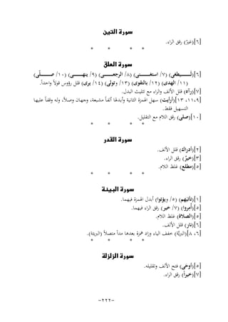 ‫]٦[)ﻏﲑ( رﻗﻖ اﻟﺮاء.‬
‫ُ‬

‫‪‬‬
‫*‬

‫*‬

‫*‬

‫*‬

‫‪‬‬
‫]٦[)ﻟَـ ـ ـ ـ ـ ـ ـ ـ ـ ـﻴﻄﻐﻰ( )٧/ اﺳﺘﻐـ ـ ـ ـ ـ ـ ـ ـ ـ ـﻨﻰ( )٨/ اﻟﺮﺟﻌـ ـ ـ ـ ـ ـ ـ ـ ــﻰ( )٩/ ﻳﻨﻬـ ـ ـ ـ ـ ـ ـ ـ ــﻰ( )٠١/ ﺻ ـ ـ ـ ـ ـ ـ ـ ـ ـﻠّﻰ(‬
‫)١١/ اﻟﻬﺪى( )٢١/ ﺑﺎﻟﺘﻘﻮى( )٣١/ وﺗﻮﻟﻰ( )٤١/ ﻳﺮى( ﻗﻠﻞ رؤوس ﻗﻮﻻً واﺣﺪاً.‬
‫]٧[)رآﻩ( ﻗﻠﻞ اﻷﻟﻒ واﻟﺮاء ﻣﻊ ﺗﺜﻠﻴﺚ اﻟﺒﺪل.‬
‫]٩،١١، ٣١[)أرأﻳﺖ( ﺳﻬﻞ اﳍﻤﺰة اﻟﺜﺎﻧﻴﺔ وأﺑـﺪﳍﺎ أﻟﻔـﺎً ﻣﺸـﺒﻌﺔ، وﺟﻬـﺎن وﺻـﻼً، وﻟـﻪ وﻗﻔـﺎً ﻋﻠﻴﻬـﺎ‬
‫اﻟﺘﺴﻬﻴﻞ ﻓﻘﻂ.‬
‫]٠١[)ﺻﻠﻰ( رﻗﻖ اﻟﻼم ﻣﻊ اﻟﺘﻘﻠﻴﻞ.‬
‫*‬
‫*‬
‫* *‬
‫]٢[)أدراك( ﻗﻠﻞ اﻷﻟﻒ.‬
‫]٣[)ﺧﻴﺮ( رﻗﻖ اﻟﺮاء.‬
‫ٌ‬
‫]٥[)ﻣﻄﻠﻊ( ﻏﻠﻆ اﻟﻼم.‬

‫‪‬‬

‫*‬

‫*‬

‫*‬

‫*‬

‫‪‬‬
‫]١[)ﺗﺄﺗﻴَﻬﻢ( )٥/ وﻳﺆﺗﻮا( أﺑﺪل اﳍﻤﺰة ﻓﻴﻬﻤﺎ.‬
‫ِ‬
‫]٥[)أُﻣﺮوا( )٧/ ﺧﻴﺮ( رﻗﻖ اﻟﺮاء ﻓﻴﻬﻤﺎ.‬
‫]٥[)اﻟﺼﻼة( ﻏﻠﻆ اﻟﻼم.‬
‫ِ‬
‫]٦[)ﻧﺎر( ﻗﻠﻞ اﻷﻟﻒ.‬
‫]٦، ٨[)اﻟﱪﻳﱠﺔ( ﺧﻔﻒ اﻟﻴﺎء وزاد ﳘﺰة ﺑﻌﺪﻫﺎ ﻣﺪاً ﻣﺘﺼﻼً )اﻟﱪﻳﺌﺔ(.‬
‫*‬
‫*‬
‫* *‬
‫]٥[)أوﺣﻰ( ﻓﺘﺢ اﻷﻟﻒ وﺗﻘﻠﻴﻠﻪ.‬
‫َ‬
‫]٧[)ﺧﻴﺮاً( رﻗﻖ اﻟﺮاء.‬

‫‪‬‬

‫-٢٢٢-‬

 