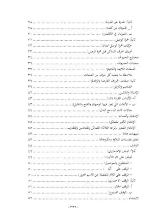 ‫ﺛﺎﻧﻴﺎً: اﳍﻤــﺰة ﻏﲑ اﳌﻔﺮدة: ................................ ........................ ٨٢‬
‫أ _ اﳍﻤﺰﺗﺎن ﻣﻦ ﻛﻠﻤﺔ:................................ ......................... ٨٢‬
‫ب ـ اﳍﻤﺰﺗـﺎن ﰲ اﻟﻜﻠﻤﺘﲔ: ................................ ..................... ٠٣‬
‫ﺛﺎﻧﻴﺎً: ﳘﺰة اﻟﻮﺻـﻞ: ................................ ............................... ٢٣‬
‫ﻛﺎت ﳘﺰة اﻟﻮﺻﻞ اﺑﺘﺪاءً: ................................ ..................... ٣٣‬
‫ﺣﺮ‬
‫ﲢﺮﻳﻚ اﳊﺮف اﻟﺴﺎﻛﻦ ﻗﺒﻞ ﳘﺰة اﻟﻮﺻﻞ: ................................ .......... ٣٣‬
‫ﻣـﺨـ ـ ج اﻟـﺤ ــﺮوف ................................ ................................ ..٤٣‬
‫ـﺎر‬
‫ﺻـﻔـ ــﺎت اﻟـﺤ ـ ــﺮوف ................................ ................................ .٦٣‬
‫اﻟﺼﻔﺎت اﻟﻼزﻣﺔ )اﻟﺬاﺗﻴﺔ(: ................................ ........................ ٧٣‬
‫ﻣﻼﺣﻈﺔ ﻣﺎ ﻳﺘﻄﻠﺒﻪ ﻛﻞ ﺣﺮف ﻣﻦ اﻟﺼﻔﺎت ................................ ........ ٩٣‬
‫ﺛﺎﻧﻴﺎ: ﺻﻔﺎت اﳊﺮوف اﻟﻌﺎرﺿﺔ )اﻟﺰاﺋﺪة(: ................................ ............ ٩٣‬
‫اﻟﺘﻔﺨﻴــﻢ واﻟﱰﻗﻴﻖ:................................ .............................. ٩٣‬
‫اﻹﻣ ــﺎﻟـﺔ واﻟـﺘﻘـﻠﻴـ ــﻞ ................................ ................................ ... ٢٤‬
‫أ- اﻷﻟـﻔـﺎت اﳌﻘـﻠﻠﺔ داﺋﻤﺎ: ................................ ......................... ٣٤‬
‫ب - اﻷﻟﻔﺎت اﻟﱵ ﳚﻮز ﻓﻴـﻬﺎ اﻟﻮﺟﻬﺎن )اﻟﻔﺘﺢ واﻟﺘﻘﻠﻴﻞ(: .............................. ٣٤‬
‫ﺣـﺎﻻت ذات اﻟﻴﺎء ﻣﻊ اﻟﺒﺪل: ................................ ................... ٤٤‬
‫اﻹدﻏـ ــﺎم وأﻗﺴ ــﺎﻣﻪ................................ ................................ ... ٤٤‬
‫اﻹدﻏﺎم اﻟﻜﺒﲑ اﳌﺘﻤﺎﺛﻞ: ................................ ........................... ٥٤‬
‫اﻹدﻏﺎم اﻟﺼﻐﲑ ﺑﺄﻧﻮاﻋﻪ اﻟﺜﻼﺛﺔ: اﳌﺘﻤﺎﺛﻞ واﳌﺘﺠﺎﻧﺲ واﳌﺘﻘﺎرب. .......................... ٥٤‬
‫ﺗﻨﺒﻴﻬــﺎت ﻫـﺎﻣﺔ ................................ ................................ ..... ٧٤‬
‫ﺘﻌﻠﻖ ﲟﻔﺴﺪات اﻟﺘﻼوة وﻣﻜﺮوﻫﺎﻬﺗﺎ ................................ ................... ٧٤‬
‫اﻟــﻮﻗـ ــﻒ ................................ ................................ ........... ٨٤‬
‫أوﻻً: اﻟﻮﻗﻒ اﻻﺿﻄﺮاري: ................................ ......................... ٩٤‬
‫اﻟﻮﻗﻒ ﻋﻠﻰ ﺗﺎء اﻟﺘﺄﻧﻴﺚ: ................................ ....................... ٩٤‬
‫ اﻟـﻤﻘـﻄـﻮع واﻟـﻤﻮﺻـﻮل: ................................ ....................... ٠٥‬‫ اﻟﻮﻗﻒ ﻋﻠﻰ أَﻳﱡــﻪ : ................................ ...................... ٠٥‬‫ ﻮﻗﻒ ﻋﻠﻰ اﻟﻼم اﳌﻨﻔﺼﻠﺔ ﻋﻦ اﻻﺳﻢ اﺠﻤﻟﺮور: ................................ ... ٠٥‬‫ﺛﺎﻧﻴﺎً: اﻟﻮﻗﻒ اﻻﺧﺘﻴﺎري: ................................ .......................... ١٥‬
‫أ ـ اﻟﻮﻗﻒ اﳉﺎﺋﺰ: ................................ .............................. ١٥‬
‫ب ـ اﻟﻮﻗــﻒ اﳌﻤﻨ ــﻮع: ................................ .......................... ١٥‬
‫اﻻﺑـﺘ ـ ــﺪاء ................................ ................................ .......... ٢٥‬

‫-٦٢٢-‬

 