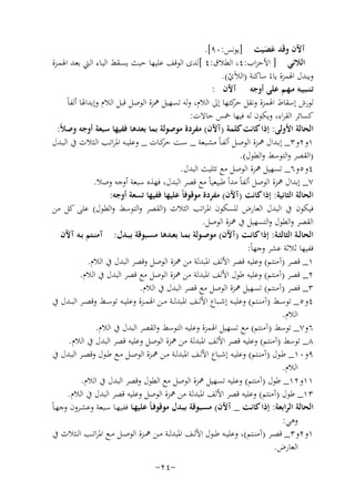 ‫آﻵن وﻗَﺪ ﻋﺼﻴﺖ ]ﻳﻮﻧﺲ:٠٩[.‬
‫َ َ‬
‫اﻟﻼﺋﻲ ] اﻷﺣﺰاب:٤، اﻟﻄﻼق:٤ [ﻟﺪى اﻟﻮﻗﻒ ﻋﻠﻴﻬﺎ ﺣﻴﺚ ﻳﺴـﻘﻂ اﻟﻴـﺎء اﻟـﱵ ﺑﻌـﺪ اﳍﻤـﺰة‬
‫وﻳﺒﺪل اﳍﻤﺰة ﻳﺎءً ﺳﺎﻛﻨﺔ )اﻟﻶي(.‬
‫ْ‬
‫ﺗـﻨ ـﺒـﻴـﻪ ﻣـﻬـﻢ ﻋﻠﻰ أوﺟﻪ آﻵن :‬
‫ﺣﺮ‬
‫ﻟﻮرش إﺳﻘﺎط اﳍﻤﺰة وﻧﻘﻞ ﻛﺘﻬﺎ إﱃ اﻟﻼم، وﻟﻪ ﺗﺴﻬﻴﻞ ﳘﺰة اﻟﻮﺻﻞ ﻗﺒﻞ اﻟﻼم وإﺑﺪاﳍﺎ أﻟﻔﺎً‬
‫ﻛﺴﺎﺋﺮ اﻟﻘﺮاء، وﻳﻜﻮن ﻟﻪ ﻓﻴﻬﺎ ﲬﺲ ﺣﺎﻻت:‬
‫اﻟﺤﺎﻟﺔ اﻷوﻟﻰ: إذا ﻛﺎﻧﺖ ﻛﻠﻤﺔ )آﻵن( ﻣﻔﺮدة ﻣﻮﺻﻮﻟﺔ ﺑﻤﺎ ﺑﻌﺪﻫﺎ ﻓﻔﻴﻬﺎ ﺳﺒﻌﺔ أوﺟﻪ وﺻﻼً:‬
‫١و٢و٣_ إﺑــﺪال ﳘــﺰة اﻟﻮﺻــﻞ أﻟﻔـﺎً ﻣﺸــﺒﻌﺔ _ ﺳــﺖ ﻛــﺎت _ وﻋﻠﻴــﻪ اﳌﺮاﺗــﺐ اﻟــﺜﻼث ﰲ اﻟﺒــﺪل‬
‫ﺣﺮ‬
‫)اﻟﻘﺼﺮ واﻟﺘﻮﺳﻂ واﻟﻄﻮل(.‬
‫٤و٥و٦_ ﺗﺴﻬﻴﻞ ﳘﺰة اﻟﻮﺻﻞ ﻣﻊ ﺗﺜﻠﻴﺚ اﻟﺒﺪل.‬
‫٧_ إﺑﺪال ﳘﺰة اﻟﻮﺻﻞ أﻟﻔﺎً ﻣﺪاً ﻃﺒﻴﻌﻴﺎً ﻣﻊ ﻗﺼﺮ اﻟﺒﺪل، ﻓﻬﺬﻩ ﺳﺒﻌﺔ أوﺟﻪ وﺻﻼ.‬
‫اﻟﺤﺎﻟﺔ اﻟﺜﺎﻧﻴﺔ: إذا ﻛﺎﻧﺖ )آﻵن( ﻣﻔﺮدة ﻣﻮﻗﻮﻓﺎً ﻋﻠﻴﻬﺎ ﻓﻔﻴﻬﺎ ﺗﺴﻌﺔ أوﺟﻪ:‬
‫ﻓﻴﻜﻮن ﰲ اﻟﺒﺪل اﻟﻌﺎرض ﻟﻠﺴﻜﻮن اﳌﺮاﺗﺐ اﻟﺜﻼث )اﻟﻘﺼﺮ واﻟﺘﻮﺳﻂ واﻟﻄﻮل( ﻋﻠﻰ ﻛﻞ ﻣﻦ‬
‫اﻟﻘﺼﺮ واﻟﻄﻮل واﻟﺘﺴﻬﻴﻞ ﰲ ﳘﺰة اﻟﻮﺻﻞ.‬
‫اﻟﺤﺎﻟــﺔ اﻟﺜﺎﻟﺜــﺔ: إذا ﻛﺎﻧــﺖ )آﻵن( ﻣﻮﺻــﻮﻟﺔ ﺑﻤــﺎ ﺑﻌــﺪﻫﺎ ﻣﺴــﺒﻮﻗﺔ ﺑﺒــﺪل: آﻣﻨــﺘﻢ ﺑــﻪ آﻵن‬
‫ﻓﻔﻴﻬﺎ ﺛﻼﺛﺔ ﻋﺸﺮ وﺟﻬﺎً:‬
‫١_ ﻗﺼﺮ )آﻣﻨﺘﻢ( وﻋﻠﻴﻪ ﻗﺼﺮ اﻷﻟﻒ اﳌﺒﺪﻟﺔ ﻣﻦ ﳘﺰة اﻟﻮﺻﻞ وﻗﺼﺮ اﻟﺒﺪل ﰲ اﻟﻼم.‬
‫٢_ ﻗﺼﺮ )آﻣﻨﺘﻢ( وﻋﻠﻴﻪ ﻃﻮل اﻷﻟﻒ اﳌﺒﺪﻟﺔ ﻣﻦ ﳘﺰة اﻟﻮﺻﻞ ﻣﻊ ﻗﺼﺮ اﻟﺒﺪل ﰲ اﻟﻼم.‬
‫٣_ ﻗﺼﺮ )آﻣﻨﺘﻢ( ﺗﺴﻬﻴﻞ ﳘﺰة اﻟﻮﺻﻞ ﻣﻊ ﻗﺼﺮ اﻟﺒﺪل ﰲ اﻟﻼم.‬
‫٤و٥_ ﺗﻮﺳــﻂ )آﻣﻨــﺘﻢ( وﻋﻠﻴــﻪ إﺷــﺒﺎع اﻷﻟــﻒ اﳌﺒﺪﻟــﺔ ﻣــﻦ اﳍﻤــﺰة وﻋﻠﻴــﻪ ﺗﻮﺳــﻂ وﻗﺼــﺮ اﻟﺒــﺪل ﰲ‬
‫اﻟﻼم.‬
‫٦و٧_ ﺗﻮﺳﻂ )آﻣﻨﺘﻢ( ﻣﻊ ﺗﺴﻬﻴﻞ اﳍﻤﺰة وﻋﻠﻴﻪ اﻟﺘﻮﺳﻂ واﻟﻘﺼﺮ اﻟﺒﺪل ﰲ اﻟﻼم.‬
‫٨_ ﺗﻮﺳﻂ )آﻣﻨﺘﻢ( وﻋﻠﻴﻪ ﻗﺼﺮ اﻷﻟﻒ اﳌﺒﺪﻟﺔ ﻣﻦ ﳘﺰة اﻟﻮﺻﻞ وﻋﻠﻴﻪ ﻗﺼﺮ اﻟﺒﺪل ﰲ اﻟﻼم.‬
‫٩و٠١_ ﻃــﻮل )آﻣﻨــﺘﻢ( وﻋﻠﻴــﻪ إﺷــﺒﺎع اﻷﻟــﻒ اﳌﺒﺪﻟــﺔ ﻣــﻦ ﳘــﺰة اﻟﻮﺻــﻞ ﻣــﻊ ﻃــﻮل وﻗﺼــﺮ اﻟﺒــﺪل ﰲ‬
‫اﻟﻼم.‬
‫١١و٢١_ ﻃﻮل )آﻣﻨﺘﻢ( وﻋﻠﻴﻪ ﺗﺴﻬﻴﻞ ﳘﺰة اﻟﻮﺻﻞ ﻣﻊ اﻟﻄﻮل وﻗﺼﺮ اﻟﺒﺪل ﰲ اﻟﻼم.‬
‫٣١_ ﻃﻮل )آﻣﻨﺘﻢ( وﻋﻠﻴﻪ ﻗﺼﺮ اﻷﻟﻒ اﳌﺒﺪﻟﺔ ﻣﻦ ﳘﺰة اﻟﻮﺻﻞ وﻋﻠﻴﻪ ﻗﺼﺮ اﻟﺒﺪل ﰲ اﻟﻼم.‬
‫اﻟﺤﺎﻟﺔ اﻟﺮاﺑﻌﺔ: إذا ﻛﺎﻧـﺖ _ آﻵن( ﻣﺴـﺒﻮﻗﺔ ﺑﺒـﺪل ﻣﻮﻗﻮﻓـﺎً ﻋﻠﻴﻬـﺎ ﻓﻔﻴﻬـﺎ ﺳـﺒﻌﺔ وﻋﺸـﺮون وﺟﻬـﺎً‬
‫وﻫﻲ:‬
‫١و٢و٣_ ﻗﺼــﺮ )آﻣﻨــﺘﻢ(، وﻋﻠﻴــﻪ ﻃــﻮل اﻷﻟــﻒ اﳌﺒﺪﻟــﺔ ﻣــﻦ ﳘــﺰة اﻟﻮﺻــﻞ ﻣــﻊ اﳌﺮاﺗــﺐ اﻟــﺜﻼث ﰲ‬
‫اﻟﻌﺎرض.‬
‫-٤٢-‬

 