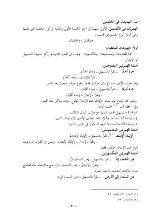 ‫ب ـ اﻟﻬﻤﺰﺗـﺎن ﻓﻲ اﻟﻜﻠﻤﺘﻴﻦ:‬
‫اﻟﻬﻤﺰﺗﺎن ﻓﻲ اﻟﻜﻠﻤﺘﻴﻦ: اﻷوﱃ ﻣﻨﻬﻤﺎ ﰲ آﺧـﺮ اﻟﻜﻠﻤـﺔ اﻷوﱃ واﻟﺜﺎﻧﻴـﺔ ﰲ أول اﻟﻜﻠﻤـﺔ اﻟـﱵ ﺗﻠﻴــﻬﺎ‬
‫وﻫﻲ ﲦﺎﻧﻴﺔ أﻧﻮاع ﺗﻨﻘﺴﻢ إﱃ ﻗﺴﻤﲔ:‬
‫ﻣﺘﻔﻘﺘﺎن ؛ وﳐﺘﻠﻔﺘﺎن.‬
‫أوﻻً: اﻟﻬﻤﺰﺗــﺎن اﻟﻤﺘﻔﻘﺘﺎن:‬
‫ﳘـﺎ اﳌﻔﺘﻮﺣﺘــﺎن واﳌﻀــﻤﻮﻣﺘﺎن واﳌﻜﺴــﻮرﺗﺎن. وﳚــﺐ ﰲ اﳍﻤـﺰة اﻟﺜﺎﻧﻴــﺔ ﻣــﻦ ﻛــﻞ ﻣﻨــﻬﻤﺎ اﻟﺘﺴــﻬﻴﻞ‬
‫أو اﻹﺑﺪال.‬
‫أﻣﺜــﻠﺔ اﻟﻬﻤﺰﺗـﻴﻦ اﻟﻤﻔﺘﻮﺣﺘﻴﻦ:‬
‫ﺟـﺎء أَﺣـﺪ ـ ـ ﺗﻘﺮأ ﺑﺎﻟﺘﺴﻬﻴﻞ ـ ـ ـ )ﺟﺎءَ اَﺣﺪ(.‬
‫َ ٌَ‬
‫ٌَ‬
‫ـ ﺗﻘﺮأ ﺑﺎﻹﺑﺪال ـ ـ ـ )ﺟﺎءَ اْﺣﺪ(.‬
‫ٌَ‬
‫وﳝﺪ ﺣﺮف اﻷﻟﻒ ﻋﻨﺪ اﻹﺑﺪال ﻛﺘﺎن ﻓﻘﻂ ﻟﻮﻗﻮع ﺣﺮف ﻣﺘﺤﺮك ﺑﻌﺪ اﳍﻤﺰ.‬
‫ﺣﺮ‬
‫ﺟـﺎء أَﻣﺮﻧﺎ ـ ـ ﺗﻘﺮأ ﺑﺎﻟﺘﺴﻬﻴﻞ ـ ـ ـ )ﺟﺎءَ اَﻣﺮﻧَﺎ(.‬
‫َ ْ‬
‫ُْ‬
‫ـ وﺗﻘﺮأ ﺑﺎﻹﺑﺪال ـ ـ )ﺟﺎءَ اْﻣﺮﻧَﺎ(.‬
‫ُْ‬
‫وﳚﺐ ﻫﻨﺎ إﺷﺒﺎع اﳌﺪ ﺳﺖ ﻛﺎت ﻋﻨﺪ اﻹﺑﺪال ﻟﻮﻗﻮع ﺣﺮف ﺳﺎﻛﻦ ﺑﻌﺪ اﳍﻤﺰ.‬
‫ﺣﺮ‬
‫وﰲ ﺟﺎء آل ) ١( ﲬﺴﺔ أوﺟﻪ:‬
‫١و٢و٣- ﺗﺴﻬﻴﻞ اﳍﻤﺰة اﻟﺜﺎﻧﻴﺔ ﻣﻊ ﻣﺮاﺗﺐ اﻟﺒﺪل اﻟﺜﻼث.‬
‫٤- إﺑﺪاﳍﺎ أﻟﻔﺎً ﻣﺪاً ﻃﺒﻴﻌﻴﺎً ﻹﺳﻘﺎط إﺣﺪى اﻷﻟﻔﲔ ﻻﻟﺘﻘﺎء اﻟﺴﺎﻛﻨﲔ.‬
‫٥-إﺑﺪاﳍﺎ أﻟﻔﺎً ﻣﺪاً ﻣﺸﺒﻌﺎً ﻟﻠﺰوم اﻟﺴﻜﻮن ﰲ اﻷﻟﻒ اﻟﺜﺎﻧﻴﺔ.‬
‫أﻣﺜــﻠﺔ اﻟﻬﻤﺰﺗﻴﻦ اﻟﻤﻀﻤﻮﻣﺘﻴﻦ:‬
‫أَوﻟِﻴــﺎء أُوﻟَﺌـِﻚ ) ٢(ـ ـ ﺗﻘﺮأ ﺑﺎﻟﺘﺴﻬﻴﻞ ـ ـ )أوﻟﻴﺎء اُوﻟَﺌِ‬
‫ُ ﻚ(.‬
‫َ ُ‬
‫ـ وﺗﻘﺮأ ﺑﺎﻹﺑﺪال ـ ـ )أوﻟﻴﺎء وﻟَﺌِ‬
‫ُ ْ ـﻚ(. وﻟـﻴﺲ ﰲ اﻟﻘـﺮآن ﻏـﲑﻩ وﳝـﺪ‬
‫اﻟﻮاو ﻋﻨﺪ اﻹﺑﺪال ﻛﺘﲔ ﻓﻘﻂ.‬
‫ﺣﺮ‬
‫أﻣﺜــﻠﺔ اﻟﻬﻤﺰﺗﻴﻦ اﻟﻤﻜﺴﻮرﺗﻴﻦ:‬
‫ﻣﻦ اﻟﺴﻤﺎء إِن ـ ـ ـ ﺗﻘﺮأ ﺑﺎﻟﺘﺴﻬﻴﻞ ـ ـ )ﻣﻦ اﻟﺴﻤﺎء اِ‬
‫ِ‬
‫ِ َ ﱠَ ِ ﱠ‬
‫ن(.‬
‫ّ‬
‫ِ‬
‫ـ ـ وﺗﻘ ـﺮأ ﺑﺎﻹﺑــﺪال ـ ـ ـ )ﻣــﻦ اﻟﺴــﻤﺎء ﻳْــﻦ(. ﻣــﻊ ﻣﻼﺣﻈــﺔ اﳌــﺪ اﳌﺸــﺒﻊ‬
‫ّ‬
‫ﺳﺖ ﻛﺎت ﻟﺘﺸﺪﻳﺪ ﻣﺎ ﺑﻌﺪ اﳍﻤﺰة.‬
‫ﺣﺮ‬
‫ﻣﻦ اﻟﺴﻤﺎء إﻟﻰ اﻷرض ـ ـ ﺗﻘﺮأ ﺑﺎﻟﺘﺴﻬﻴﻞ ـ ـ )ﻣﻦ اﻟﺴﻤﺎء اِ‬
‫ِ‬
‫ﱃ(.‬
‫)١( اﳊﺠﺮ: ١٦، واﻟﻘﻤﺮ: ١٤.‬
‫)٢( اﻷﺣﻘﺎف: ٢٣.‬

‫-٠٣-‬

 