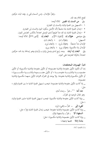 ‫ِ‬
‫ـ وﺗﻘﺮأ ﺑﺎﻹﺑﺪال ـ )ﻣـﻦ اﻟﺴـﻤﺎء ﻳْﻠـﻰ ). وﳝـﺪ اﻟﻴـﺎء ﺣ ﻛﺘﲔ‬
‫ـﺮ‬

‫ﻟﻔﺘﺢ اﻟﻼم ﺑﻌﺪ اﳌﺪ.‬
‫ِ‬
‫وﰲ ﻣﻦ اﻟﻨﺴﺎء إن اﺗﻘﻴﺘﻦ ﺛﻼﺛﺔ أوﺟﻪ:‬
‫ِ ِ‬
‫١ - اﻟﺘﺴﻬﻴﻞ ﺑﲔ اﳍﻤﺰة واﻟﻴﺎء )اﻟﻨﺴﺎء اِن اﺗﻘﻴﱳ(‬
‫٢ - إﺑﺪال اﳍﻤﺰة اﻟﺜﺎﻧﻴﺔ ﻳﺎءً ﻣﺸﺒﻌﺔً ﻷن اﻷﺻﻞ ﺳﻜﻮن اﻟﻨﻮن )اﻟﻨﺴﺎء ﻳْـﻦ اﺗﻘﻴﱳ(.‬
‫٣ - إﺑﺪال اﳍﻤﺰة اﻟﺜﺎﻧﻴﺔ ﻳﺎء ﲤﺪ ﻣﺪاً ﻃﺒﻴﻌﻴﺎً ﻟﺪى اﻟﻮﺻﻞ اﻋﺘﺪاداً ﺑﺎﻟﻜﺴﺮ اﻟﻌﺎرض ﻟﻠﻨﻮن.‬
‫ِ‬
‫ِ‬
‫وﰲ ﻣﻮﺿﻌﻲ ﻫـﺆﻻء إن ]اﻟﺒﻘﺮة:١٣[ و اﻟﺒﻐـﺎء إِن ]اﻟﻨﻮر:٣٣[. ﺛﻼﺛﺔ أوﺟـﻪ:‬
‫ِ‬
‫ِ‬
‫)ﻫﺆﻻء اِن( ؛ )اﻟﺒﻐﺎء اِن(.‬
‫اﻟﺘﺴﻬﻴﻞ:‬
‫اﻹﺑﺪال ﻣﺪاً ﻣﺸﺒﻌﺎً: )ﻫـﺆﻻء ﻳـﻦ( ؛ ) ِ‬
‫ِ‬
‫اﻟﺒﻐﺎء ﻳْـﻦ(.‬
‫ْ‬
‫ِ‬
‫ِ‬
‫اﻹﺑﺪال ﻳﺎء ﻣﻜﺴﻮرة: )ﻫـﺆﻻء ﻳِﻦ( ؛ )اﻟﺒﻐﺎء ﻳِ‬
‫ـﻦ(.‬
‫ً‬
‫ِ‬
‫وﰲ اﻟﺒﻐــﺎء إِن أردن وﺟــﻪ راﺑــﻊ ﻟــﺪى وﺻــﻞ )إن( ﺑـ ـ )أردن( وﻫــﻮ إﺑــﺪاﳍﺎ ﻳــﺎء ﲤــﺪ ﺣـ ﻛﺘﲔ‬
‫ـﺮ‬
‫اﻋﺘﺪاداً ﻛﺔ اﻟﻌﺎرﺿﺔ ﻋﻠﻰ اﻟﻨﻮن.‬
‫ﺑﺎﳊﺮ‬
‫ﺛﺎﻧﻴﺎً: اﻟﻬﻤ ـﺰﺗﺎن اﻟﻤﺨﺘﻠﻔﺘـﺎن:‬
‫إﻣــﺎ أن ﺗﻜــﻮن اﻷوﱃ ﻣﻔﺘﻮﺣــﺔ واﻟﺜﺎﻧﻴــﺔ ﻣﻀــﻤﻮﻣﺔ؛ أو اﻷوﱃ ﻣﻔﺘﻮﺣــﺔ واﻟﺜﺎﻧﻴــﺔ ﻣﻜﺴــﻮرة؛ أو اﻷوﱃ‬
‫ﻣﻀﻤﻮﻣـ ـ ـ ـ ـ ـ ـ ـ ـ ـ ـ ـﺔ واﻟﺜﺎﻧﻴـ ـ ـ ـ ـ ـ ـ ـ ـ ـ ــﺔ ﻣﻔﺘﻮﺣـ ـ ـ ـ ـ ـ ـ ـ ـ ـ ــﺔ ؛ أو اﻷوﱃ ﻣﻀـ ـ ـ ـ ـ ـ ـ ـ ـ ـ ــﻤﻮﻣﺔ واﻟﺜﺎﻧـ ـ ـ ـ ـ ـ ـ ـ ـ ـ ـ ـﻴﺔ ﻣﻜﺴـ ـ ـ ـ ـ ـ ـ ـ ـ ـ ــﻮرة ؛‬
‫أو اﻷوﱃ ﻣﻜﺴــﻮرة واﻟﺜﺎﻧﻴــﺔ ﻣﻔﺘﻮﺣــﺔ. وﻻ ﻳﻮﺟــﺪ ﰲ اﻟﻘــﺮآن ﳘﺰﺗــﺎن اﻷوﱃ ﻣﻨ ــﻬﻤﺎ ﻣﻜﺴــﻮرة واﻟﺜﺎﻧﻴــﺔ‬
‫ﻣﻀﻤﻮﻣﺔ.‬
‫_ إذا ﻛﺎﻧﺖ اﻷوﱃ ﻣﻔﺘﻮﺣﺔ واﻟﺜﺎﻧﻴﺔ ﻣﻀﻤﻮﻣﺔ: ﻓﻴﺠﺐ ﺗﺴﻬﻴﻞ اﳍﻤﺰة اﻟﺜﺎﻧﻴﺔ ﻣﺎ ﺑﲔ اﳍﻤﺰة واﻟﻮاو ؛‬
‫ﻣﺜﻞ:‬
‫) ١(‬
‫ـ ـ ﺗﻘﺮأ ـ ـ )ﺟﺎءَ اُﻣﺔ(.‬
‫ﺟﺎء أُﻣﺔ‬
‫َ‬
‫وﻫﻮ اﳌﺜﺎل اﻟﻮﺣﻴﺪ ﰲ اﻟﻘﺮآن.‬
‫_ وإذا ﻛﺎﻧﺖ اﻷوﱃ ﻣﻔﺘﻮﺣﺔ واﻟﺜﺎﻧﻴﺔ ﻣﻜﺴﻮرة: ﻓﻴﺠﺐ ﺗﺴـﻬﻴﻞ اﳍﻤـﺰة اﻟﺜﺎﻧﻴـﺔ ﻣـﺎﺑﲔ اﳍﻤـﺰة واﻟﻴـﺎء‬
‫؛ ﻣﺜﻞ:‬
‫ﺗـﻔﻲء إِﻟﻰ ـ ـ ـ ﺗﻘﺮأ ـ ـ ـ ـ )ﺗﻔﻲء اِ‬
‫ِ‬
‫َ ﱃ(.‬
‫َ َ‬
‫_ وإذا ﻛﺎﻧﺖ اﻷوﱃ ﻣﻀﻤﻮﻣﺔ واﻟﺜﺎﻧﻴﺔ ﻣﻔﺘﻮﺣﺔ: ﻓﻴﺠﺐ إﺑﺪال اﳍﻤﺰة اﻟﺜﺎﻧﻴﺔ واواً ؛ ﻣﺜﻞ:‬
‫اﻟﺴﻔﻬﺎءُ أَﻻ ـ ـ ﺗﻘﺮأ ـ ـ ـ )اﻟﺴﻔﻬﺎءُ وﻻ(.‬
‫َ‬
‫_ وإذا ﻛﺎﻧﺖ اﻷوﱃ ﻣﻀﻤﻮﻣـﺔ واﻟﺜﺎﻧﻴﺔ ﻣﻜﺴﻮرة ؛ ﻣﺜـﻞ:‬
‫ﻳﺸـﺎءُ إِﻧـﺎﺛﺎ ﻓﻔﻴـﻬﺎ وﺟﻬﺎن:‬
‫)١( اﳌﺆﻣﻨﻮن /٤٤.‬

‫-١٣-‬

 