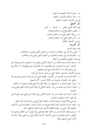 ‫ب - اﻟﻮاو اﻟﺴﺎﻛﻨﺔ اﳌﻀﻤﻮم ﻣﺎ ﻗﺒﻠﻬﺎ.‬
‫ﺣـ - اﻟﻴﺎء اﻟﺴﺎﻛﻨﺔ اﳌﻜﺴﻮر ﻣﺎ ﻗﺒﻠﻬﺎ.‬
‫وﺗﺴﻤﻰ اﻷﺣﺮف اﳌﺪﻳﺔ أو اﳉﻮﻓﻴﺔ.‬
‫2_ اﻟﺤ ــﻠﻖ:‬
‫وﻓﻴـﻪ ﺛﻼﺛﺔ ج: أﻗﺼﻰ ؛ أوﺳﻂ ؛ أدﱏ.‬
‫ﳐﺎر‬
‫َ‬
‫أ _ أﻗﺼﻰ اﳊﻠﻖ ج ﻣﻨـﻪ: )اﳍﻤﺰة واﳍﺎء(.‬
‫وﳜﺮ‬
‫ب _ وﺳﻂ اﳊﻠﻖ ج ﻣﻨـﻪ: )اﻟﻌﲔ واﳊﺎء(.‬
‫وﳜﺮ‬
‫ﺟـ _ أدﱏ اﳊﻠﻖ ج ﻣﻨـﻪ: )اﻟﻐﲔ واﳋﺎء(.‬
‫وﳜﺮ‬
‫وﺗﺴﻤﻰ اﻷﺣﺮف اﳊﻠﻘﻴﺔ.‬
‫3_ اﻟﻠﺴــﺎن:‬
‫وﻓﻴـﻪ ﻋﺸﺮة ج:‬
‫ﳐﺎر‬
‫أ - أﻗﺼﻰ اﻟﻠﺴﺎن ﻣﻊ اﺳﺘﻌﻼﺋﻪ وﻣﺎ ﳛﺎذﻳـﻪ ﻣﻦ اﳊﻨﻚ اﻷﻋﻠﻰ ج ﻣﻨـﻪ )اﻟﻘﺎف(.‬
‫وﳜﺮ‬
‫ب - أﻗﺼﯩﺎﻟﻠﺴﺎن ﻣﻊ اﺳﺘﻔﺎﻟﻪ وﻣﺎﳛﺎذﻳـﻪ ﻣﻦ اﳊﻨﻚ اﻷﻋﻠﻰ ج ﻣﻨـﻪ )اﻟﻜﺎف(.‬
‫وﳜﺮ‬
‫وﻳﺴﻤﻴﺎن ﺑﺎﻟﻠﻬﻮﻳﲔ ﻟﻘﺮﺑـﻬﻤﺎ ﻣﻦ اﻟﻠﻬﺎة.‬
‫ﺟـ ـ - وﺳــﻂ اﻟﻠﺴــﺎن وﻣــﺎ ﳛﺎذﻳ ــﻪ ﻣــﻦ اﳊﻨ ــﻚ اﻷﻋﻠ ـ ــﻰ وﳜـ ج ﻣﻨ ــﻪ: )اﳉــﻴﻢ و اﻟﺸــﲔ واﻟﻴــﺎء ﻏــﲑ‬
‫ـﺮ‬
‫اﳌﺪﻳــﺔ( ؛ أي اﻟﻴــﺎء اﳌﻔﺘ ــﻮﺣﺔ ﻣﺜــﻞ )ﻳَﻌﻠﻤــﻮن( ؛ أو اﳌﻀ ـﻤﻮﻣﺔ ﻣﺜــﻞ )ﻳُﻮﻗﻨــﻮن( ؛ أو اﳌﻜﺴــﻮرة‬
‫ِ‬
‫ﻣﺜﻞ )ﻳَـﺪي اﷲ( ؛ أو اﻟﺴﺎﻛﻨﺔ ﺑﻌﺪ ﻓﺘﺢ ﻣﺜﻞ )ﻋﻠَﻴـﻬﻢ(.‬
‫وﺗﺴﻤﻰ اﻷﺣﺮف اﻟﺸﺠﺮﻳﺔ ؛ ﻷﻧـﻬﺎ ج ﻣﻦ ﺷﺠﺮ اﻟﻠﺴﺎن أي أﺻﻠﻪ.‬
‫ﲣﺮ‬
‫د - ﺣﺎﻓــﺔ اﻟﻠﺴــﺎن وﻣــﺎ ﳛﺎذﻳــﻬﺎ ﻣــﻦ اﻷﺿـﺮاس اﻟﻌﻠﻮﻳــﺔ اﻟﻴﻤــﲎ أو اﻟﻴﺴــﺮى أو اﻟﻴﻤــﲎ واﻟﻴﺴــﺮى ﻣﻌــﺎ‬
‫ج ﻣﻨـﻪ: )اﻟﻀﺎد(. وﺧﺮوﺟﻪ ﻣﻦ اﳊﺎﻓﺔ اﻟﻴﺴﺮى أﻛﺜﺮ وأﺳﻬﻞ.‬
‫وﳜﺮ‬
‫ﻫـ - ﻣﺎﺑﲔ ﺣﺎﻓﱵ اﻟﻠﺴﺎن و ﻣﺎ ﳛﺎذﻳـﻬﻤﺎ ﻣﻦ اﻟﻠﺜﺔ اﻟﻌﻠﻴﺎ ﺑﻌﺪ ج اﻟﻀﺎد ج ﻣﻨـﻪ: )اﻟﻼم(.‬
‫وﳜﺮ‬
‫ﳐﺮ‬
‫و - ﻃـﺮف اﻟﻠﺴـﺎن وﻣـﺎ ﳛﺎذﻳــﻪ ﻣـﻦ ﻏـﺎر اﳊﻨـﻚ اﻷﻋﻠـﻰ أو ﻓـﻮق أﺻـﻮل اﻟﺜﻨﺎﻳـﺎ اﻟﻌﻠﻴـﺎ وﳜ ج ﻣﻨــﻪ:‬
‫ـﺮ‬
‫)اﻟﻨﻮن(.‬
‫ز - ﻃـﺮف اﻟﻠﺴـﺎن وﻣــﺎ ﳛﺎذﻳــﻪ ﻣــﻦ ﻏـﺎر اﳊﻨـﻚ اﻷﻋﻠــﻰ ﻣـﻊ اﳓـﺮاف ﻋـﻦ ﳐ ج اﻟﻨــﻮن وﻫـﻮ أدﺧــﻞ‬
‫ـﺮ‬
‫إﱃ ﻇﻬﺮ اﻟﻠﺴﺎن ج ﻣﻨـﻪ )اﻟﺮاء(.‬
‫وﳜﺮ‬
‫وﺗﺴﻤﻰ )اﻟﻼم واﻟﻨﻮن واﻟﺮاء( اﻷﺣﺮف اﻟﺬﻟﻘﻴﺔ ﻷﻧـﻬﺎ ج ﻣﻦ ذﻟﻖ اﻟﻠﺴﺎن أي: ﻃﺮﻓﻪ.‬
‫ﲣﺮ‬
‫ح - ﻃــﺮف اﻟﻠﺴــﺎن وأﺻــﻮل اﻟﺜﻨﺎﻳــﺎ اﻟﻌﻠﻴــﺎ وﳜـ ج ﻣﻨــﻪ: )اﻟــﺪال واﻟﺘــﺎء واﻟﻄــﺎء( وﺗﺴــﻤﻰ اﻷﺣــﺮف‬
‫ـﺮ‬
‫اﻟﻨﻄﻌﻴﺔ؛ ﻷﻧـﻪ ج ﻣﻦ اﳉﻠﺪة اﳌﻐﻄﻴﺔ ﻷﺻﻮل اﻟﺜﻨﺎﻳﺎ اﻟﻌﻠﻴﺎ؛ واﻟﻨﻄﻊ: اﳉﻠﺪ.‬
‫ﲣﺮ‬
‫ط - ﻣﻦ ﺑﲔ ﻃﺮف اﻟﻠﺴﺎن وﻣﻦ ﺑﲔ اﻟﺜﻨﺎﻳﺎ اﻟﻌﻠﻴﺎ واﻟﺴﻔﻠﻰ ﻣﻊ اﻧﻔﺮاج ﻣﺎ ﺑﲔ اﻟﻔﻜـﲔ وﳜ ج ﻣﻨــﻪ‬
‫ـﺮ‬
‫)اﻟﺰاي و اﻟﺴﲔ واﻟﺼﺎد(. وﺗﺴﻤﻰ اﻷﺣﺮف اﻷﺳﻠﻴﺔ ﻷﻧـﻬﺎ ج ﻣﻦ ﻣﻨﺘـﻬﻰ ﻃـﺮف اﻟﻠﺴـﺎن؛‬
‫ﲣﺮ‬
‫وأﺳﻞ اﻟﺸﻲء ﻣﻨﺘـﻬﻰ ﻃﺮﻓﻪ.‬
‫-٥٣-‬

 