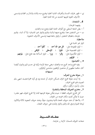 ‫ي - ﻇﻬ ــﺮ ﻃ ــﺮف اﻟﻠﺴ ــﺎن وأﻃـ ـﺮاف اﻟﺜﻨﺎﻳ ــﺎ اﻟﻌﻠﻴ ــﺎ وﳜ ـ ج ﻣﻨ ــﻪ )اﻟﺜ ــﺎء واﻟ ــﺬال و اﻟﻈ ــﺎء( وﺗﺴ ــﻤﻰ‬
‫ـﺮ‬
‫اﻷﺣﺮف اﻟﻠﺜﻮﻳﺔ ﻟﻘﺮﺑـﻬﺎ اﻟﺸﺪﻳﺪ ﻣﻦ ﻟﺜﺔ اﻟﺜﻨﺎﻳﺎ اﻟﻌﻠﻴﺎ.‬
‫4_ اﻟﺸـﻔـﺘـﺎن:‬
‫وﻓﻴـﻬﻤﺎ ﳐﺮﺟﺎن:‬
‫أ - ﺑﻄﻦ اﻟﺸﻔﺔ اﻟﺴﻔﻠﻰ ﻣﻊ أﻃﺮاف اﻟﺜﻨﺎﻳﺎ اﻟﻌﻠﻴﺎ ج ﻣﻨـﻪ )اﻟﻔﺎء(.‬
‫وﳜﺮ‬
‫ب - ﻣ ــﻦ اﻟﺸ ــﻔﺘﲔ ﻣﻌ ــﺎ: وﳜ ـ ج ﻣﻨ ــﻬﻤﺎ )اﻟﺒ ــﺎء واﳌ ــﻴﻢ واﻟ ـﻮاو ﻏ ــﲑ اﳌﺪﻳ ــﺔ( ؛ إﻻ أن اﻟﺒ ــﺎء واﳌ ــﻴﻢ‬
‫ـﺮ‬
‫ﳜﺮﺟﺎن ﺑﺎﻧﻄﺒﺎق اﻟﺸﻔﺘﲔ ؛ واﻟﻮاو ﺑﺎﻧﻔﺘﺎﺣﻬﻤﺎ وﺗﺴﻤﻰ اﻷﺣﺮف اﻟﺸﻔﻮﻳﺔ.‬
‫ﻣﻼﺣﻈ ــﺔ:‬
‫اﻟﻮاو ﻏﲑ اﳌﺪﻳﺔ ﻫﻲ:‬
‫ اﻟﻮاو اﳌﻔﺘﻮﺣﺔ ﻣﺜﻞ: ﻗﻞ ﻫـﻮ اﷲ أﺣﺪ ؛ ﻛﻔﻮاً أﺣﺪ .‬‫َُ‬
‫َ‬
‫ اﻟﻮاو اﳌﻀﻤﻮﻣﺔ ﻣﺜﻞ: ﺗﻠﻮوا ؛ اﻟﻮﺳﻄﻰ ؛ اﻟﻮﺛﻘﻰ .‬‫ُ‬
‫ُ‬
‫ُ‬
‫ِ‬
‫ِ‬
‫ اﻟﻮاو اﳌﻜﺴﻮرة ﻣﺜـﻞ: وﻗـﺮا ؛ وزرا . اﻟـﻮاو اﻟﺴـﺎﻛﻨﺔ ﺑﻌـﺪ ﻓـﺘﺢ ﻣﺜـﻞ: ﻳَــﻮﻣﻬﻢ‬‫ْ‬
‫؛ ﻗَـﻮﻟﻬﻢ .‬
‫ْ‬
‫٥ _ اﻟﺨﻴﺸــﻮم:‬
‫وﻓﻴـﻪ ج واﺣﺪ ﲣ ج ﻣﻨـﻪ )اﻟﻐﻨـﺔ( ؛ وﻫـﻲ ﺻـﻔﺔ ﻻزﻣـﺔ ﻛﺒـﺔ ﰲ ﺟﺴـﻢ اﳌـﻴﻢ واﻟﻨﻮن،ﻛﻴﻔﻤـﺎ‬
‫ﻣﺮ‬
‫ـﺮ‬
‫ﳐﺮ‬
‫ﻛﺎن ﺣﺎﳍﻤﺎ ﻣﻈﻬﺮﻳﻦ أو ﻣﺪﻏﻤﲔ أوﳐﻔﻴﲔ ﻣﺸﺪدﻳﻦ ﻛﲔ.‬
‫أوﳏﺮ‬
‫ﺗـﻨـﺒـﻴـﻬـﺎت‬
‫١_ ﻣﻌﺮﻓﺔ ﻣﺨﺮج اﻟﺤﺮف:‬
‫إذا أردت ﻣﻌﺮﻓﺔ ج اﳊﺮف ﻓﺴـﻜﻦ اﳊـﺮف أو ﺷـﺪدﻩ وزد ﰲ أوﻟـﻪ ﳘـﺰة ﻓﺤﻴـﺚ اﻧﺘــﻬﻰ ﺑـﻚ‬
‫ﳐﺮ‬
‫اﻟﺼﻮت ﻓﺜﻢ ج اﳊﺮف.‬
‫ﳐﺮ‬
‫ﻣﺜﺎل: )أب( ؛ )أق( ؛ )أم(.‬
‫ْ‬
‫ْ‬
‫ْ‬
‫٢_ ﻣﺨـﺎرج اﻟﺤﺮوف اﻟﻤﺤﻘﻘﺔ واﻟﻤﻘﺪرة:‬
‫ﻛـﻞ ﳐـ ج اﳊــﺮوف ﳏﻘﻘــﺔ ؛ ﺣﻴــﺚ ﳝﻜــﻦ ﻣﻌﺮﻓـﺔ ﳐﺮﺟﻬــﺎ ﲤﺎﻣــﺎ إﻻ ﳐـ ج اﳉــﻮف ﻓﻬــﻮ ﻣﻘــﺪر؛‬
‫ـﺮ‬
‫ـﺎر‬
‫ﺣﻴﺚ ﻻ ﳝﻜﻦ ﲢﺪﻳﺪ ﻣﻜﺎن ﳐﺮﺟﻪ ﻣﻦ اﳉﻮف.‬
‫٣- ﻳﻼﺣﻆ أن ﻋﺪد ﺣﺮوف اﳍﺠﺎء ﲦﺎﻧﻴﺔ وﻋﺸﺮون ﺣﺮﻓﺎً، وﻋﺪد ﺣﺮوف اﻟﺘﺠﻮﻳﺪ ﺛﻼﺛـﺔ وﺛﻼﺛـﻮن‬
‫ﻟﺰﻳﺎدة اﳍﻤﺰة وﺣﺮﰲ اﳌﺪ واﻟﻠﲔ )اﻟﻮاو واﻟﻴﺎء( ﻋﻠﻰ ﺣﺮوف اﳍﺠﺎء.‬

‫‪‬‬
‫ﺻﻔﺎت اﳊﺮوف ﻗﺴﻤﺎن: ﻻزﻣﺔ _ ﻋﺎرﺿﺔ.‬
‫-٦٣-‬

 