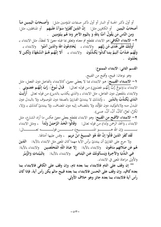 ‫ِ‬
‫أو أول ذﻛ ــﺮ اﳉﻨ ــﺔ أو اﻟﻨ ــﺎر أو أول ذﻛ ــﺮ ﺻ ــﻔﺎت اﳌ ــﺆﻣﻨﲔ ﻣﺜ ــﻞ: وأَﺻ ــﺤﺎب اﻟﻴَﻤ ــﻴﻦ ﻣ ــﺂ‬
‫َ َ ُ‬
‫َِ‬
‫ِ‬
‫ﱠ ِ َ َ َ ُ َ َ آء َ ِ‬
‫أَﺻﺤﺎب اﻟﻴَﻤﻴﻦ أو اﻟﻜﺎﻓﺮﻳﻦ ﻣﺜـﻞ: إِن اﻟـﺬﻳﻦ ﻛﻔـﺮوا ﺳـﻮ ٌ ﻋﻠَـﻴﻬﻢ أو اﳌﻨـﺎﻓﻘﲔ، ﻣﺜـﻞ:‬
‫َ ُ‬
‫ِ‬
‫َِ َ ِ َ ُ ُ َ ِ َ ِ ِ ِ‬
‫وﻣﻦ اﻟﻨﱠﺎس ﻣﻦ ﻳَـﻘﻮل آﻣﻨﱠﺎ ﺑِﺎﷲ و ﺑِﺎﻟﻴَﻮم اﻵﺧﺮ وﻣﺎ ﻫﻢ ﺑِﻤﺆﻣﻨِﻴﻦ .‬
‫ََ ُ ُ‬
‫٢- اﻻﺑﺘﺪاء اﻟﻜﺎﻓﻲ:ﻫﻮ اﻻﺑﺘﺪاء ﲟﻘﻄﻊ ﰎ ﻣﻌﻨﺎﻩ وﺗﻌﻠﻖ ﲟـﺎ ﻗﺒﻠـﻪ ﻣﻌـﲎ ﻻ ﻟﻔﻈـﺎً، ﻣﺜـﻞ اﻻﺑﺘـﺪاء ﺑ ـ‬
‫ً‬
‫َ َ َُ ّ ﱠِ‬
‫أُوﻟَﺌِﻚ ﻋﻠَﻰ ﻫﺪى ﻣﻦ رﺑّﻬﻢ واﻻﺑﺘﺪاء ﺑـ ﻳُﺨﺎدﻋﻮن اﷲَ واﻟﺬﻳﻦ آﻣﻨُﻮا واﻻﺑﺘـﺪاء ﺑ ـ‬
‫َ ُِ َ‬
‫َ َ‬
‫ِ‬
‫َﱢ‬
‫وﻟَﻬ ــﻢ ﻋـ ـﺬاب أﻟِــﻴﻢ ﺑِﻤ ــﺎ ﻛ ــﺎﻧُﻮا ﻳُﻜـ ـﺬﺑُﻮن واﻻﺑﺘــﺪاء ﺑـ ـ أَﻻ إِﻧﱠـﻬ ــﻢ ﻫ ــﻢ اﻟﺴـ ـﻔﻬﺂءُ وﻟَﻜ ــﻦ ﻻ‬
‫َُ ََ ٌ ٌ َ َ‬
‫ُ ُ ُ ﱡ ََ َ‬
‫ﻳَﻌﻠَﻤﻮن .‬
‫ُ‬
‫ع:‬
‫اﻟﻘﺴﻢ اﻟﺜﺎﻧﻲ: اﻻﺑﺘﺪاء اﻟﻤﻤﻨﻮ‬
‫وﻫﻮ ﻧﻮﻋﺎن: ﻗﺒﻴﺢ، وأﻗﺒﺢ ﻣﻦ اﻟﻘﺒﻴﺢ.‬
‫١- اﻻﺑﺘـ ــﺪاء اﻟﻘﺒﻴـ ــﺢ: ﻫــﻮ اﻻﺑﺘــﺪاء ﲟــﺎ ﻻ ﻳﻌﻄــﻲ ﻣﻌــﲎ، ﻛﺎﻻﺑﺘــﺪاء ﺑﺎﻟﻔﺎﻋــﻞ دون اﻟﻔﻌــﻞ، ﻣﺜــﻞ‬
‫ً‬
‫ٌﱠﱢ ُ ََ ِ‬
‫اﻻﺑﺘــﺪاء ﺑـ ـ:)ﻧــﻮح رب إِﻧـﱠﻬ ــﻢ ﻋﺼــﻮﱐ( ﻣــﻦ ﻗﻮﻟــﻪ ﺗﻌ ــﺎﱃ: ﻗَــﺎل ﻧُــﻮح◌ رب إِﻧﱠـﻬ ــﻢ ﻋﺼ ــﻮﻧﻲ .‬
‫َ ُُ ﱠ‬
‫ّ ُ َ َ‬
‫واﻻﺑﺘﺪاء ﺑـﺎﳌﻔﻌﻮل دون اﻟﻔﺎﻋﻞ، ﻣﺜﻞ اﻻﺑﺘﺪاء ﺑـ )اﻟﺬي ﻳﻜـﺬب ﺑﺎﻟـﺪﻳﻦ( ﻣـﻦ ﻗﻮﻟـﻪ ﺗﻌـﺎﱃ أَرأَﻳـﺖ‬
‫َ َ‬
‫اﻟــﺬي ﻳُﻜ ـﺬب ﺑِﺎﻟ ـﺪﻳﻦ ، ﻛــﺬﻟﻚ ﻻ ﻳﺒﺘــﺪئ اﻟﻘــﺎرئ ﺑﺎﻟﺼــﻔﺔ دون اﳌﻮﺻــﻮف وﻻ ﺑﺎﻟﺒــﺪل دون‬
‫و‬
‫َّ ُ ّ‬
‫اﳌﺆﱠ‬
‫ﻛﻴــﺪ دون ﻛــﺪ وﻻ ﺑﺎﳌﻀــﺎف إﻟﻴــﻪ دون اﳌﻀــﺎف، وﻻ ﻳﺒﺘــﺪئ ﻛــﺬﻟﻚ ﺑـ ـ )إﻻ،‬
‫اﳌﺒــﺪل ﻣﻨــﻪ وﻻﺑﺎﻟﺘﻮ‬
‫ﱠ ﱠ ﱠ ْ ﱠ‬
‫ﻟﻜﻦ، ﻟﻌﻞ، ﻛﺄن، أن، أن، ﻋﺴﻰ(.‬
‫٢- اﻻﺑﺘــﺪاء اﻷﻗﺒﺢ ﻣﻦ اﻟﻘﺒﻴﺢ: وﻫﻮ اﻻﺑﺘﺪاء ﲟﻘﻄﻊ ﻳﻌﻄﻲ ﻣﻌﲎ ﻋﻜﺲ ﻣﺎ أراد اﻟﺸ ع، ﻣﺜـﻞ‬
‫ـﺎر‬
‫ً‬
‫اﻻﺑﺘﺪاء ﺑـ )اﲣﺬ اﻟﺮﲪﻦ وﻟﺪا( ﻣـﻦ ﻗﻮﻟـﻪ ﺗﻌـﺎﱃ: وﻗَـﺎﻟُﻮا اﺗﱠﺨـﺬ اﻟـﺮﺣﻤﻦ وﻟَـﺪاً ، وﻣﺜـﻞ اﻻﺑﺘـﺪاء‬
‫ََ ﱠ َُ َ‬
‫َ‬
‫ﺑ ـ ـ ـ ـ ـ ـ ـ ـ ـ ـ ـ ـ ـ ـ ـ ـ ـ ـ ـ ـ ـ ـ )إن اﷲ ﻫ ـ ـ ـ ـ ـ ـ ـ ـ ـ ـ ـ ـ ـ ـ ـ ـ ـ ـ ـ ـ ــﻮ اﳌﺴ ـ ـ ـ ـ ـ ـ ـ ـ ـ ـ ـ ـ ـ ـ ـ ـ ـ ـ ـ ـ ــﻴﺢ( ﻣ ـ ـ ـ ـ ـ ـ ـ ـ ـ ـ ـ ـ ـ ـ ـ ـ ـ ـ ـ ـ ــﻦ ﻗﻮﻟ ـ ـ ـ ـ ـ ـ ـ ـ ـ ـ ـ ـ ـ ـ ـ ـ ـ ـ ـ ـ ــﻪ ﺗﻌ ـ ـ ـ ـ ـ ـ ـ ـ ـ ـ ـ ـ ـ ـ ـ ـ ـ ـ ـ ـ ــﺎﱃ:‬
‫ِ‬
‫ﻟَﻘﺪ ﻛﻔﺮ اﻟﺬﻳﻦ ﻗَﺎﻟُﻮا إِن اﷲَ ﻫﻮ اﻟﻤﺴﻴﺢ اﺑﻦ ﻣﺮﻳﻢ ، وﻗﺲ ﻋﻠﻴﻬﺎ أﻣﺜﺎﳍﺎ.‬
‫ُ َُ‬
‫ﱠ َُ‬
‫َ‬
‫َ َََ‬
‫وﻻ ج ﻋﻠﻰ اﻟﻘﺎرئ أن ﻳﺒﺘﺪئ ﺑﺮأس اﻵﻳﺔ ﻣﻬﻤﺎ ﻛﺎن اﳌﻌﲎ ﻣﺜﻞ اﻻﺑﺘﺪاء ﺑﺎﻵﻳـﺔ: اﻟـﺬﻳﻦ‬
‫ﺣﺮ‬
‫َ‬
‫ِ َ ِ‬
‫ﻫﻢ ﻋﻦ ﺻﻼﺗِﻬﻢ ﺳﺎﻫﻮن واﻻﺑﺘﺪاء ﺑﺎﻵﻳﺔ: إِﻻ ﻋﺒَﺎد اﻟﻠّﻪ اﻟﻤﺨﻠَﺼ ـِ‬
‫ﻴﻦ واﻻﺑﺘـﺪاء ﺑﺎﻵﻳـﺔ:‬
‫ُ َ َ ِ َُ‬
‫ُ‬
‫ﻓــﻲ اﻟـ ـ ﱡﻧﻴﺎ واﻵﺧ ــﺮةِ‬
‫َ َِ‬
‫ِ وﻳَﺴـ ـﺄﻟﻮﻧَﻚ ﻋـ ـﻦ اﻟﻴَﺘَــﺎﻣﻰ واﻻﺑﺘــﺪاء ﺑﺎﻵﻳ ــﺔ: ﺑِﺎﻟﺒَـﻴّﻨ ــﺎت واﻟﺰﺑ ـ ـُﺮ‬
‫ِ َ ﱡ‬
‫ﺪَ‬
‫َ‬
‫َ‬
‫واﻷَوﱃ ﻣﺮاﻋﺎة اﳌﻌﲎ ﰲ اﻻﺑﺘﺪاء.‬
‫** إن وﻗﻒ ﻋﻠﻰ اﻟﺘﺎم ﻓﺎﻻﺑﺘﺪاء ﺑﻤﺎ ﺑﻌﺪﻩ ﺗﺎم، وإن وﻗﻒ ﻋﻠﻰ اﻟﻜﺎﻓﻲ ﻓﺎﻻﺑﺘﺪاء ﺑﻤﺎ‬
‫ٍ‬
‫ﺑﻌﺪﻩ ﻛﺎف، وإن وﻗﻒ ﻋﻠﻰ اﻟﺤﺴﻦ ﻓﺎﻻﺑﺘﺪاء ﺑﻤﺎ ﺑﻌﺪﻩ ﻗﺒﻴﺢ ﻣﺎﻟﻢ ﻳﻜﻦ رأس آﻳﺔ، ﻓﺈذا ﻛﺎن‬
‫رأس آﻳﺔ ﻓﺎﻻﺑﺘﺪاء ﺑﻤﺎ ﺑﻌﺪﻩ ﺟﺎﺋﺰ وﻫﻮ ﺧﻼف اﻷَوﻟﻰ.‬

‫-٣٥-‬

 