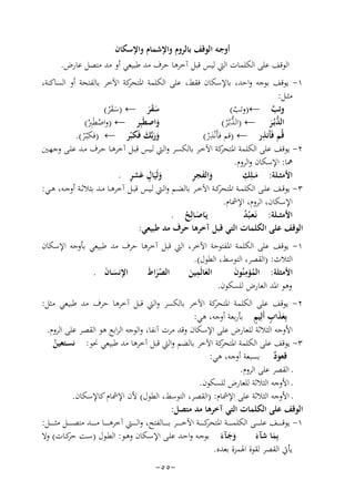 ‫أوﺟـﻪ اﻟﻮﻗﻒ ﺑﺎﻟﺮوم واﻹﺷﻤﺎم واﻹﺳﻜﺎن‬
‫اﻟﻮﻗﻒ ﻋﻠﻰ اﻟﻜﻠﻤﺎت اﻟﱵ ﻟﻴﺲ ﻗﺒﻞ آﺧﺮﻫﺎ ﺣﺮف ﻣﺪ ﻃﺒﻴﻌﻲ أو ﻣﺪ ﻣﺘﺼﻞ ﻋﺎرض.‬
‫١- ﻳﻮﻗﻒ ﺑﻮﺟﻪ واﺣﺪ، ﺑﺎﻹﺳﻜﺎن ﻓﻘﻂ، ﻋﻠﻰ اﻟﻜﻠﻤﺔ ﻛﺔ اﻵﺧﺮ ﺑﺎﻟﻔﺘﺤﺔ أو اﻟﺴﺎﻛﻨﺔ،‬
‫اﳌﺘﺤﺮ‬
‫ﻣﺜــﻞ:‬
‫ﺳﻘﺮ ← )ﺳﻘ ْﺮ(‬
‫وﺗﺐ ←)وﺗﺐ(‬
‫ﱠ‬
‫ََ‬
‫َ ََ‬
‫ّ‬
‫واﺻﻄَﺒِﺮ ← )واﺻﻄَِ‬
‫ﱡ‬
‫ْ ﱪ(‬
‫اﻟﺪﺑُـﺮ ← )اﻟﺪﺑـُْﺮ(‬
‫َ‬
‫ْ‬
‫ﱡَ‬
‫ﻗُﻢ ﻓَﺄَﻧﺬر ← )ﻗﻢ ﻓﺄَﻧْ ِ‬
‫ِ‬
‫ورﺑﱠﻚ ﻓَﻜﺒّﺮ ← )ﻓﻜﺒّـْﺮ(.‬
‫ﺬ ر(‬
‫ََ َ‬
‫ْ‬
‫٢- ﻳﻮﻗﻒ ﻋﻠﻰ اﻟﻜﻠﻤﺔ ﻛﺔ اﻵﺧـﺮ ﺑﺎﻟﻜﺴـﺮ واﻟـﱵ ﻟـﻴﺲ ﻗﺒـﻞ آﺧﺮﻫـﺎ ﺣـﺮف ﻣـﺪ ﻋﻠـﻰ وﺟﻬـﲔ‬
‫اﳌﺘﺤﺮ‬
‫ﳘﺎ: اﻹﺳﻜﺎن واﻟﺮوم.‬
‫ِ‬
‫وﻟَﻴَ ٍ‬
‫َ ِ‬
‫َ َ ِ‬
‫َ ﺎل ﻋﺸﺮ .‬
‫واﻟﻔﺠﺮ‬
‫اﻷﻣﺜــﻠﺔ: ﻣــﻠِﻚ‬
‫َ‬
‫٣- ﻳﻮﻗــﻒ ﻋﻠــﻰ اﻟﻜﻠﻤــﺔ ﻛــﺔ اﻵﺧــﺮ ﺑﺎﻟﻀــﻢ واﻟــﱵ ﻟــﻴﺲ ﻗﺒــﻞ آﺧﺮﻫــﺎ ﻣــﺪ ﺑﺜﻼﺛــﺔ أوﺟــﻪ، ﻫــﻲ:‬
‫اﳌﺘﺤﺮ‬
‫اﻹﺳﻜﺎن، اﻟﺮوم، اﻹﴰﺎم.‬
‫ﻳـﺎﺻـﺎﻟِ‬
‫َ َ ﺢ .‬
‫اﻷﻣﺜ ــﻠﺔ: ﻧَـﻌـﺒُﺪ‬
‫ُ‬
‫ُ‬
‫اﻟﻮﻗﻒ ﻋﻠﻰ اﻟﻜﻠﻤﺎت اﻟﺘﻲ ﻗﺒﻞ آﺧﺮﻫﺎ ﺣﺮف ﻣﺪ ﻃﺒﻴﻌﻲ:‬
‫١- ﻳﻮﻗﻒ ﻋﻠﻰ اﻟﻜﻠﻤﺔ اﳌﻔﺘﻮﺣﺔ اﻵﺧﺮ، اﻟﱵ ﻗﺒﻞ آﺧﺮﻫﺎ ﺣﺮف ﻣﺪ ﻃﺒﻴﻌﻲ ﺑﺄوﺟﻪ اﻹﺳﻜﺎن‬
‫اﻟﺜﻼث: )اﻟﻘﺼﺮ، اﻟﺘﻮﺳﻂ، اﻟﻄﻮل(.‬
‫ِ‬
‫اﻹﻧﺴـﺎن .‬
‫اﻟﺼﺮاط‬
‫اﻟﻌﺎﻟَﻤﻴﻦ‬
‫اﻷﻣﺜﻠﺔ: اﻟﻤﺆﻣﻨُﻮن‬
‫َّ َ‬
‫َ َ‬
‫ُ ِ َ‬
‫َ َ‬
‫وﻫﻮ اﳌﺪ اﻟﻌﺎرض ﻟﻠﺴﻜﻮن.‬
‫ﻛﺔ اﻵﺧﺮ ﺑﺎﻟﻜﺴﺮ واﻟﱵ ﻗﺒﻞ آﺧﺮﻫﺎ ﺣﺮف ﻣﺪ ﻃﺒﻴﻌﻲ ﻣﺜﻞ:‬
‫٢- ﻳﻮﻗﻒ ﻋﻠﻰ اﻟﻜﻠﻤﺔ اﳌﺘﺤﺮ‬
‫ََ ٍ ٍ‬
‫ﺑِﻌﺬاب أَﻟِﻴﻢ ﺑﺄرﺑﻌﺔ أوﺟﻪ، ﻫﻲ:‬
‫اﻷوﺟﻪ اﻟﺜﻼﺛﺔ ﻟﻠﻌﺎرض ﻋﻠﻰ اﻹﺳﻜﺎن وﻗﺪ ﻣﺮت آﻧﻔﺎ، واﻟﻮﺟﻪ اﻟﺮاﺑﻊ ﻫﻮ اﻟﻘﺼﺮ ﻋﻠﻰ اﻟﺮوم.‬
‫٣- ﻳﻮﻗﻒ ﻋﻠﻰ اﻟﻜﻠﻤﺔ ﻛﺔ اﻵﺧﺮ ﺑﺎﻟﻀﻢ واﻟﱵ ﻗﺒﻞ آﺧﺮﻫﺎ ﻣﺪ ﻃﺒﻴﻌﻲ ﳓﻮ: ﻧﺴـﺘﻌﻴﻦ‬
‫اﳌﺘﺤﺮ‬
‫ُ‬
‫ﻗﻌﻮد ﺑﺴﺒﻌﺔ أوﺟﻪ، ﻫﻲ:‬
‫ٌ‬
‫ـ اﻟﻘﺼﺮ ﻋﻠﻰ اﻟﺮوم.‬
‫ـ اﻷوﺟﻪ اﻟﺜﻼﺛﺔ ﻟﻠﻌﺎرض ﻟﻠﺴﻜﻮن.‬
‫ـ اﻷوﺟﻪ اﻟﺜﻼﺛﺔ ﻋﻠﻰ اﻹﴰﺎم: )اﻟﻘﺼﺮ، اﻟﺘﻮﺳﻂ، اﻟﻄﻮل( ﻷن اﻹﴰﺎم ﻛﺎﻹﺳﻜﺎن.‬
‫اﻟﻮﻗﻒ ﻋﻠﻰ اﻟﻜﻠﻤﺎت اﻟﺘﻲ آﺧﺮﻫﺎ ﻣﺪ ﻣﺘﺼﻞ:‬
‫١- ﻳﻮﻗ ـ ـ ــﻒ ﻋﻠ ـ ـ ــﻰ اﻟﻜﻠﻤ ـ ـ ــﺔ ﻛ ـ ـ ــﺔ اﻵﺧ ـ ـ ــﺮ ﺑ ـ ـ ــﺎﻟﻔﺘﺢ، واﻟ ـ ـ ــﱵ آﺧﺮﻫ ـ ـ ــﺎ ﻣ ـ ـ ــﺪ ﻣﺘﺼ ـ ـ ــﻞ ﻣﺜـ ـ ـ ــﻞ:‬
‫اﳌﺘﺤﺮ‬
‫وﺟـﺂء ﺑﻮﺟـﻪ واﺣـﺪ ﻋﻠـﻰ اﻹﺳـﻜﺎن وﻫـﻮ: اﻟﻄـﻮل )ﺳـﺖ ﻛـﺎت( وﻻ‬
‫ﺣﺮ‬
‫ﺑِﻤﺎ ﺷﺂء‬
‫ََ َ‬
‫َ َ‬
‫ﻳﺄﰐ اﻟﻘﺼﺮ ﻟﻘﻮة اﳍﻤﺰة ﺑﻌﺪﻩ.‬
‫-٥٥-‬

 