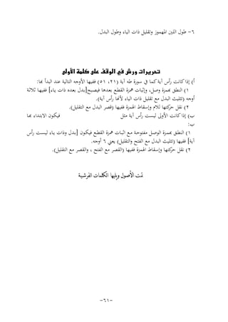 ‫٦- ﻃﻮل اﻟﻠﲔ اﳌﻬﻤﻮز وﺗﻘﻠﻴﻞ ذات اﻟﻴﺎء وﻃﻮل اﻟﺒﺪل.‬

‫‪‬‬
‫أ( إذا ﻛﺎﻧﺖ رأس آﻳﺔ ﻛﻤﺎ ﰲ ﺳﻮرة ﻃﻪ آﻳﺔ )١٢، ١٥( ﻔﻴﻬﺎ اﻷوﺟﻪ اﻟﺘﺎﻟﻴﺔ ﻋﻨﺪ اﻟﺒﺪأ ﻬﺑﺎ:‬
‫١( ﻟﻨﻄﻖ ﻬﺑﻤﺰة وﺻﻞ، وإﺛﺒﺎت ﳘـﺰة اﻟﻘﻄـﻊ ﺑﻌـﺪﻫﺎ ﻓﻴﺼـﺒﺢ]ﺑـﺪل ﺑﻌـﺪﻩ ذات ﻳـﺎء[ ﻓﻔﻴﻬـﺎ ﺛﻼﺛـﺔ‬
‫أوﺟﻪ )ﺗﺜﻠﻴﺚ اﻟﺒﺪل ﻣﻊ ﺗﻘﻠﻴﻞ ذات اﻟﻴﺎء ﻷ�ﺎ رأس آﻳﺔ(.‬
‫٢( ﻧﻘﻞ ﻛﺘﻬﺎ ﻟﻼم وإﺳﻘﺎط اﳍﻤﺰة ﻓﻔﻴﻬﺎ )ﻗﺼﺮ اﻟﺒﺪل ﻣﻊ اﻟﺘﻘﻠﻴﻞ(.‬
‫ﺣﺮ‬
‫ﻴﻜـﻮن اﻻﺑﺘـﺪاء ﻬﺑـﺎ‬
‫ب( إذا ﻛﺎﻧﺖ اﻷوﱃ ﻟﻴﺴﺖ رأس آﻳﺔ ﻣﺜﻞ‬
‫ب:‬
‫١( ﻟﻨﻄــﻖ ﻬﺑﻤــﺰة اﻟﻮﺻــﻞ ﻣﻔﺘﻮﺣــﺔ ﻣــﻊ اﺛﺒــﺎت ﳘــﺰة اﻟﻘﻄــﻊ ﻓﻴﻜــﻮن ]ﺑــﺪل وذات ﻳــﺎء ﻟﻴﺴــﺖ رأس‬
‫آﻳﺔ[ ﻓﻔﻴﻬﺎ )ﺗﺜﻠﻴﺚ اﻟﺒﺪل ﻣﻊ اﻟﻔﺘﺢ واﻟﺘﻘﻠﻴﻞ( ﻳﻌﲏ ٦ أوﺟﻪ.‬
‫٢( ﻧﻘﻞ ﻛﺘﻬﺎ وإﺳﻘﺎط اﳍﻤﺰة ﻓﻔﻴﻬﺎ )اﻟﻘﺼﺮ ﻣﻊ اﻟﻔﺘﺢ ، واﻟﻘﺼﺮ ﻣﻊ اﻟﺘﻘﻠﻴﻞ(.‬
‫ﺣﺮ‬
‫ﲤﺖ ﺍﻷﺻﻮﻝ ﻭﻳﻠﻴﻬﺎ ﺍﻟﻜﻠﻤﺎﺕ ﺍﻟﻔﺮﺷﻴﺔ‬

‫-١٦-‬

 