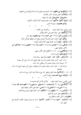 ‫]٦٨١[)وﻟْﻴُـﺆﻣﻨﻮا ﺑﻲ ﻟﻌﻠﱠﻬﻢ( أﺑﺪل اﳍﻤﺰة واوا وﻓﺘﺢ اﻟﻴﺎء وﺻﻼ )وﻟْﻴﻮﻣﻨﻮا ﰊ ﻟﻌﻠﻬﻢ(.‬
‫ْ‬
‫ْ‬
‫َ‬
‫]٧٨١[)ﻓﺎﻵن( اﻟﻨﻘﻞ وﺗﺜﻠﻴﺚ اﻟﺒﺪل )ﻓَﻼَن(.‬
‫)ﺑﺎﺷﺮوﻫﻦ، ﺗﺒﺎﺷﺮوﻫﻦ( رﻗﻖ اﻟﺮاء ﻓﻴﻬﻤﺎ.‬
‫ِ ﱠ ِ ﱠ‬
‫]٨٨١[)وﻻ ﺗﺄْﻛﻠﻮا، ﻟِﺘﺄْﻛﻠﻮا( أﺑﺪل اﳍﻤﺰة ﻓﻴﻬﻤﺎ أﻟﻔﺎً )ﺗﺎﻛﻠﻮا، ﻟﺘﺎﻛﻠﻮا(.‬
‫)وأﻧﺘﻢ ﺗﻌﻠﻤﻮن(: ﻧ ــﻬ ـ ـ ــﺎﻳﺔ اﻟﺜﻤﻦ.‬
‫*‬
‫*‬
‫*‬
‫*‬
‫اﻟﺜﻤﻦ اﻟﺮاﺑﻊ: وﻳﺒﺪأ ﺑﻘﻮﻟﻪ ﺗﻌﺎﱃ: ﻳﺴﺄﻟﻮﻧﻚ ﻋﻦ اﻷﻫﻠﺔ.... .‬
‫ِ‬
‫]٩٨١[)اﻷﻫﻠﺔ( ﻧﻘﻞ ﻛﺔ اﳍﻤﺰة إﱃ اﻟﻼم )ﳍِـﻠﱠﺔ(.‬
‫ﺣﺮ‬
‫َ‬
‫ِ‬
‫]٩٨١[)وﻟﻴﺲ اﻟـﺒﺮ( )٧٩١/ ﺧﻴﺮ اﻟﺰاد( )٩٩١)واﺳﺘﻐﻔﺮوا( رﻗﻖ اﻟﺮاء.‬
‫َ ﱡ‬
‫)وﻟﻜﻦ اﻟﺒﺮ( ﺧﻔﻒ اﻟﻨﻮن ﻛﺴﺮﻫﺎ ﻟﻠﻮﺻﻞ ورﻓﻊ اﻟﺮاء ورﻗﻘﻬﺎ )وﻟﻜﻦ اﻟ ﱡ(.‬
‫ِ ﱪ‬
‫و‬
‫ﱠ ﱠ‬
‫]٩٨١[)ﺗﺄْﺗﻮا ، وأْﺗﻮا( أﺑﺪل اﳍﻤﺰة ﻓﻴﻬﻤﺎ أﻟﻔﺎً )ﺗـﺎﺗﻮا، واﺗـﻮا(.‬
‫َ‬
‫]٩٨١[)اﺗﻘﻰ( )٤٩١/اﻋﺘﺪى( ﻣﻌﺎً )٦٩١/ أذى( وﻗﻔﺎً )٧٩١/اﻟﺘﻘﻮى( )٨٩١/ﻫﺪاﻛﻢ( ﻓﺘﺢ‬
‫َ‬
‫ً‬
‫اﻷﻟﻒ وﻗﻠﻠﻬﺎ ﻓﻴﻬﻦ.‬
‫ِ‬
‫]١٩١[)اﻟﻜﺎﻓﺮﻳﻦ( )٠٠٢،١٠٢/اﻟﻨـﺎر( ﻗﻠﻞ اﻷﻟﻒ ﻓﻴﻬﻦ.‬
‫]٦٩١[)رؤوﺳﻜﻢ( ﺗﺜﻠﻴﺚ اﻟﺒﺪل.‬
‫ُ‬
‫]٠٠٢[)آﺑﺎءﻛﻢ.. ِ‬
‫ذﻛﺮاً..آﺗﻨﺎ.. اﻟﺪﻧﻴﺎ ﻣﻌﺎً( ﻓﻴﻬﺎ ﺳﺒﻌﺔ أوﺟﻪ:‬
‫ْ‬
‫١و٢- ﻗﺼﺮ اﻟﺒﺪل وﻋﻠﻴﻪ ﺗﻔﺨﻴﻢ اﻟﺮاء وﺗﺮ ﻗﻴﻘﻪ وﻓﺘﺢ ذات اﻟﻴﺎء ﻋﻠﻰ ﻛﻞ ﻣﻨﻬﻤﺎ.‬
‫٣- ﺗﻮﺳﻂ اﻟﺒﺪل وﻋﻠﻴﻪ ﺗﻔﺨﻴﻢ اﻟﺮاء وﺗﻘﻠﻴﻞ ذات اﻟﻴﺎء.‬
‫٤و٥و٦و٧ - ﻃﻮل اﻟﺒﺪل وﻋﻠﻴﻪ ﺗﻔﺨﻴﻢ اﻟﺮاء وﺗﺮﻗﻴﻘـﻪ، وﻋﻠـﻰ ﻛـﻞ ﻣﻨﻬﻤـﺎ ﻓـﺘﺢ ذات اﻟﻴـﺎء‬
‫وﺗﻘﻠﻴﻠﻬﺎ.‬
‫ِ‬
‫]٠٠٢،١٠٢[)اﻵﺧﺮة ﻣﻌﺎ( اﻟﻨﻘﻞ وﺗﺮﻗﻴﻖ اﻟﺮاء ﻣﻊ ﻣﺮاﻋﺎة أوﺟﻪ اﻟﺒﺪل ﻣﻊ ذات اﻟﻴﺎء.‬
‫]٢٠٢[)واﷲ ﺳﺮﻳﻊ اﻟﺤﺴﺎب( ﻧـ ـﻬ ــﺎﻳﺔ اﻟﺜﻤﻦ.‬
‫*‬
‫*‬
‫*‬
‫*‬
‫ٍ‬
‫اﻟﺜﻤﻦ اﳋﺎﻣﺲ: وﻳﺒﺪأ ﺑﻘﻮﻟﻪ ﺗﻌﺎﱃ: واذﻛﺮوا اﷲ ﰲ أﻳﺎم ﻣﻌﺪودات .‬
‫]٣٠٢[)اﺗﻘ ـ ـ ـ ـ ــﻰ( )٤٠٢/ اﻟ ـ ـ ـ ـ ــﺪﻧﻴﺎ()٥٠٢/ﺗ ـ ـ ـ ـ ــﻮﻟﻰ، ﺳ ـ ـ ـ ـ ــﻌﻰ()٣١٢/ﻓﻬ ـ ـ ـ ـ ــﺪى اﷲ( وﻗﻔـ ـ ـ ـ ـ ـﺎً‬
‫)٤١٢/ﻣﺘﻰ()٥١٢/اﻟﻴﺘﺎﻣﻰ()٦١٢/ﻋﺴﻰ، ﻣﻌﺎ( ﻓﺘﺢ اﻷﻟﻒ وﻗﻠﻠﻬﺎ ﻓﻴﻬﺎ‬
‫]٦٠٢[)ﻟﺒ ْﺌﺲ( )٠١٢/ ﻳﺄﺗﻴﻬﻢ( )٤١٢/ﻳـﺄْﺗﻜﻢ( أﺑﺪل اﳍﻤﺰة ﻓﻴﻬﻤﺎ )ﻟﺒِﻴﺲ()ﻳﺎﺗﻜﻢ(.‬
‫]٨٠٢[)اﻟﺴﻠﻢ( ﻓﺘﺢ اﻟﺴﲔ )اﻟﺴـْﻠﻢ(.‬
‫ﱢ‬
‫ﱠ‬
‫)ﺧﻄُﻮات( أﺳﻜﻦ اﻟﻄﺎء )ﺧﻄْﻮات(.‬
‫ُ‬
‫ُ‬
‫]٤١٢[)اﻟـﺪﻧﻴﺎ.. آﻣﻨـﻮا( )٧١٢/ اﻟـﺪﻧﻴﺎ.. اﻵﺧـﺮة( ذات ﻳـﺎء وﺑـﺪل ﻓﻴﻬﻤـﺎ اﻷوﺟـﻪ اﻷرﺑﻌـﺔ.ﻣــﻊ‬
‫ﺗﺮﻗﻴﻖ اﻟﺮاء.‬
‫-٠٧-‬

 