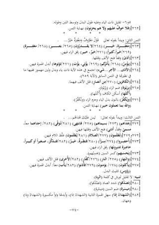 ‫٥و٦- ﺗﻘﻠﻴﻞ ذات اﻟﻴﺎء وﻋﻠﻴﻪ ﻃﻮل اﻟﺒﺪل وﺗﻮﺳﻂ اﻟﻠﲔ وﻃﻮﻟﻪ.‬
‫]٢٦٢[)ﻓﻼ ﺧﻮف ﻋﻠﻴﻬﻢ وﻻ ﻫﻢ ﻳﺤﺰﻧﻮن( ﻧـﻬ ــﺎﻳﺔ اﻟﺜﻤﻦ.‬
‫ٌ‬
‫*‬
‫*‬
‫*‬
‫*‬
‫ِ‬
‫اﻟﺜﻤﻦ اﻟﺜﺎﱐ: وﻳﺒﺪأ ﺑﻘﻮﻟﻪ ﺗﻌﺎﱃ ﻗَـﻮل ﻣﻌﺮوف وﻣﻐﻔﺮٌ ﺧْﻴـﺮ... .‬
‫ْ ٌ َ ْ ُ ٌ َ َ ْ َة َ ٌ‬
‫ِ‬
‫ِ‬
‫]٣٦٢[)ﻣﻐﻔ ـ ـ ـ ـ ـ ــﺮة، ﺧﻴ ـ ـ ـ ـ ـ ــﺮ( )٤٦٢/ﻻ ﻳﻘ ـ ـ ـ ـ ـ ــﺪرون( )٥٦٢/ ﺑﺼ ـ ـ ـ ـ ـ ــﻴﺮ( )٨٦٢/ ﻣﻐﻔ ـ ـ ـ ـ ـ ــﺮة(‬
‫ِ َ َ‬
‫ُ‬
‫)٩٦٢/ﺧﻴﺮاً،ﻛﺜﻴﺮاً( )١٧٢/ﺧﻴﺮ، ﺧﺒﻴﺮ( رﻗﻖ اﻟﺮاء ﻓﻴﻬﻦ.‬
‫َ‬
‫ٌ‬
‫]٣٦٢[)أذى( وﻗﻔﺎً ﻓﺘﺢ اﻷﻟﻒ وﻗﻠﻠﻬﺎ.‬
‫ً‬
‫ِ‬
‫]٤٦٢[)ﻳﺆﻣﻦ( )٨٦٢/ ﻳﺄْﻣ ُﻛﻢ( )٩٦٢/ ﻳﺆﺗﻲ، ﻳﺆت( )١٧٢/ﺗﺆﺗﻮﻫﺎ( أﺑﺪل اﳍﻤﺰة ﻓﻴﻬﻦ.‬
‫ُﺮ‬
‫ْ‬
‫ْ‬
‫ْ ُ‬
‫ِ‬
‫]٤٦٢[)اﻷذى... اﻵﺧﺮ...ﺷﻲء( اﺟﺘﻤﻊ ﰲ ﻫﺬﻩ اﻵﻳﺔ ذات ﻳﺎء وﺑﺪل وﻟـﲔ ﻣﻬﻤـﻮز ﻓﻔﻴﻬـﺎ ﻣـﺎ‬
‫َ‬
‫ِ‬
‫ ﻧﻈﲑﻬﺗﺎ ﰲ اﻟﺜﻤﻦ اﻟﺴﺎﺑﻖ )اﻵﻳﺔ ٩٥٢(.‬
‫ِ‬
‫ٍ‬
‫]٤٦٢[)اﻟﻜﺎﻓﺮﻳﻦ( )٠٧٢/ﻣﻦ أﻧﺼﺎر( ﻗﻠﻞ اﻷﻟﻒ ﻓﻴﻬﻤﺎ.‬
‫]٥٦٢[)ﺑِﺮﺑْـﻮة( ﺿﻢ اﻟﺮاء )ﺑِﺮﺑـْﻮة(.‬
‫ََ‬
‫ُ‬
‫)أُﻛﻠَﻬﺎ( أﺳﻜﻦ اﻟﻜﺎف )أُﻛـﻠَﻬـﺎ(.‬
‫ُ‬
‫ْ‬
‫]١٧٢[)وﻳُﻜ ﱢ‬
‫َ ﻔﺮ( ﺑﺎﻟﻨﻮن ﺑﺪل اﻟﻴﺎء وﺟﺰم اﻟﺮاء )وﻧُﻜ ﱢﺮ(.‬
‫ُ‬
‫َ ﻔْ‬
‫)واﷲ ﺑﻤﺎ ﺗﻌﻤﻠﻮن ﺧﺒﻴﺮ( ﻧ ـﻬ ــﺎﻳﺔ اﻟﺜﻤﻦ.‬
‫*‬
‫*‬
‫*‬
‫*‬
‫اﻟﺜﻤﻦ اﻟﺜﺎﻟﺚ: وﻳﺒﺪأ ﺑﻘﻮﻟﻪ ﺗﻌﺎﱃ: ﻟﻴﺲ ﻋﻠَْﻴﻚ ﻫﺪاﻫﻢ... .‬
‫َ َ َ َُ ُ‬
‫]٢٧٢[)ﻫﺪاﻫﻢ( )٣٧٢/ ﺑﺴﻴﻤﺎﻫﻢ( )٥٧٢/ ﻓﺎﻧﺘﻬﻰ( )١٨٢/ﺗُـﻮﻓﱠﻰ( )٢٨٢/ إِ‬
‫ﺣﺪاﻫﻤﺎ ﻣﻌﺎً،‬
‫َ‬
‫ﻣﺴﻤﻰ وﻗﻔﺎً، أَدﻧﻰ( ﻓﺘﺢ اﻷﻟﻒ وﻗﻠﻠﻬﺎ ﻓﻴﻬﻦ.‬
‫ً‬
‫]٢٧٢و٩٧٢[)ﺗُﻈﻠَﻤﻮن( )٧٧٢/اﻟﺼﻼة( )١٨٢/ﻳُﻈﻠَﻤﻮن( ﻏﻠﱠﻆ اﻟﻼم ﻓﻴﻬﻦ.‬
‫ِ‬
‫ِ‬
‫ِ‬
‫]٣٧٢[)أُﺣﺼـ ــﺮوا( )٤٧٢/ﺳـ ــﺮاً( )٠٨٢/ﻓﻨﻈـ ــﺮٌ، ﺧﻴـ ــﺮ( )٢٨٢/ﻓﺘـ ــﺬﻛﺮ، ﺻـ ــﻐﻴﺮاً أو ﻛﺒﻴ ـ ـﺮاً،‬
‫ة َ ٌ‬
‫ّ‬
‫ﱢَ‬
‫ِ‬
‫ﺣﺎﺿﺮة ﺗﺪﻳﺮوﻧَﻬﺎ( رﻗﻖ اﻟﺮاء ﻓﻴﻬﻦ.‬
‫َ‬
‫ِ‬
‫]٣٧٢[)ﻳَﺤﺴﺒﻬﻢ( ﻛﺴﺮ اﻟﺴﲔ )ﳛﺴﺒُﻬﻢ(.‬
‫َ‬
‫ﱠٍ‬
‫ِ‬
‫ِ‬
‫]٤٧٢[)واﻟﻨﻬﺎر( )٥٧٢/ اﻟﻨﺎر( )٦٧٢/ﻛﻔﺎر( )٢٨٢/اﻷُﺧﺮى( ﻗﻠﻞ اﻷﻟﻒ ﻓﻴﻬﻦ.‬
‫]٥٧٢[)ﻳﺄْﻛﻠﻮن( )٨٧١/ ﻳﺆﻣﻨﻮن( )٩٧٢/ﻓﺄْذﻧﻮا( )٢٨٢/ﻳـَﺄْب( ﻣﻌﺎً: أﺑﺪل اﳍﻤﺰة ﻓﻴﻬﻦ.‬
‫)رؤوس( ﺗﺜﻠﻴﺚ اﻟﺒﺪل.‬
‫ﺗﻨﺒﻴﻪ: ﻻ ﺗﻘﻠﻴﻞ ﻟﻮرش ﰲ ﻛﻠﻤﺔ )اﻟﺮﺑﺎ(.‬
‫]٠٨٢[)ﺗﺼ ﱠﻗﻮا( ﺷﺪد اﻟﺼﺎد )ﺗﺼ ﱠﻗﻮا(.‬
‫ﱠﺪ‬
‫َﺪ‬
‫]٠٨٢[)ﻣﻴﺴﺮة( ﺿﻢ اﻟﺴﲔ )ﻣﻴﺴﺮة(.‬
‫َ‬
‫ُ‬
‫ِ‬
‫]٢٨٢[)اﻟﺸﻬﺪاءُ إِذا( ﺳﻬﻞ اﳍﻤـﺰة اﻟﺜﺎﻧﻴـﺔ )اﻟﺸـﻬﺪاءُ اِذا(، وأﺑـﺪﳍﺎ واواً ﻣﻜﺴـﻮرة )اﻟﺸـﻬﺪاءُ وذا(‬
‫وﺟﻬﺎن.‬
‫-٤٧-‬

 