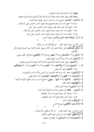 ‫)ﻳُـﺆﻳﺪ( أﺑﺪل اﳍﻤﺰة واواً ﻣﻔﺘﻮﺣﺔ )ﻳـُﻮﻳﺪ(.‬
‫َ‬
‫َ‬
‫)ﻳﺸﺎءُ إن( ﺳﻬﻞ اﳍﻤﺰة اﻟﺜﺎﻧﻴﺔ )ﻳﺸﺎءُ اِن( وأﺑﺪﳍﺎ واواً ﻣﻜﺴﻮرة )ﻳﺸﺎءُ ِ‬
‫ون( وﺟﻬﺎن‬
‫]٤١[)اﻟﺪﻧﻴﺎ.. اﻟـﻤـﺂب( اﺟﺘﻤﻊ ذات ﻳﺎء وﺑﺪل ﻋﺎرض ﻓﻔﻴﻬﺎ ﺗﺴﻌﺔ أوﺟﻪ:‬
‫َ‬
‫١و٢و٣- ﻓﺘﺢ ذات اﻟﻴﺎء وﻋﻠﻴﻪ ﻗﺼﺮوﺗﻮﺳﻂ وﻃﻮل اﻟﺒﺪل اﻟﻌﺎرض ﻋﻠﻰ اﻹﺳﻜﺎن.‬
‫٤و٥- ﻓﺘﺢ ذات اﻟﻴﺎء وﻋﻠﻴﻪ ﻗﺼﺮ وﻃﻮل اﻟﺒﺪل اﻟﻌﺎرض ﻋﻠﻰ اﻟﺮوم.‬
‫٦و٧- ﺗﻘﻠﻴﻞ ذات اﻟﻴﺎء وﻋﻠﻴﻪ ﺗﻮﺳﻂ وﻃﻮل اﻟﺒﺪل اﻟﻌﺎرض ﻋﻠﻰ اﻹﺳﻜﺎن.‬
‫٨و٩- ﺗﻘﻠﻴﻞ ذات اﻟﻴﺎء وﻋﻠﻴﻪ ﺗﻮﺳﻂ وﻃﻮل اﻟﺒﺪل اﻟﻌﺎرض ﻋﻠﻰ اﻟﺮوم.‬
‫]٤١[ ]٤١[)واﷲ ﻋﻨﺪﻩ ﺣﺴﻦ اﻟﻤﺂب(: ﻧ ـﻬــﺎﻳﺔ اﻟﺜﻤﻦ.‬
‫*‬
‫*‬
‫*‬
‫*‬
‫اﻟﺜﻤﻦ اﳋﺎﻣﺲ: وﻳﺒﺪأ ﺑﻘﻮﻟﻪ ﺗﻌﺎﱃ ﻗﻞ أؤﻧﺒِـﺌُﻜﻢ ﲞﲑ ﻣﻦ ذﻟﻜﻢ .‬
‫ُ‬
‫]٥١[)ﻗــﻞ أؤﻧَﺒِــﺌُﻜﻢ( ﻧﻘــﻞ ﻛــﺔ اﳍﻤــﺰة إﱃ اﻟــﻼم وﺳــﻬﻞ اﳍﻤــﺰة اﻟﺜﺎﻧﻴــﺔ ﺑــﲔ اﳍﻤــﺰة واﻟ ـﻮاو )ﻗُــﻞ‬
‫ﺣﺮ‬
‫ُ‬
‫َ‬
‫اُﻧَـﺒﱢـﺌُﻜﻢ(.‬
‫ِ‬
‫ِ‬
‫ِ‬
‫]٦١[)اﻟﻨﺎر( )٧١/ﺑﺎﻷﺳﺤﺎر( )٧٢/ اﻟﻨﻬﺎر( )٨٢و٢٣/ اﻟﻜﺎﻓﺮﻳﻦ( ﻣﻌﺎً ﻗﻠﻞ اﻷﻟﻒ ﻓﻴﻬﻦ.‬
‫َِ‬
‫]٠٢[)اﺗﺒﻌﻦ( أﺛﺒﺖ اﻟﻴﺎء وﺻﻼً )وﻣﻦ اﺗﺒﻌﲏ وﻗﻞ(.‬
‫)أَأَﺳﻠﻤﺘﻢ( ﺳﻬﻞ اﳍﻤﺰة اﻟﺜﺎﻧﻴﺔ )أَاَﺳﻠﻤﺘﻢ(، وأﺑﺪﳍﺎ أﻟﻔﺎً ﻣﺸﺒﻌﺔ )آﺳﻠﻤﺘﻢ( وﺟﻬﺎن.‬
‫ْ‬
‫ْ‬
‫ِ‬
‫]٥١،٠٢[)ﺑﺼﻴﺮ(ﻣﻌﺎً )٢٢/واﻵﺧﺮة( )٦٢/ اﻟﺨﻴﺮ( )٩٢،٦٢/ ﻗﺪﻳﺮ( )٨٢،٠٣/وﻳُﺤـ ﱢ‬
‫ﺬ ﻛﻢ(‬
‫ر‬
‫ٌ‬
‫ٌ‬
‫ُ‬
‫ُ‬
‫)٨٢/ اﻟﻤﺼﻴﺮ( رﻗﻖ اﻟﺮاء ﻓﻴﻬﻦ.‬
‫ُ‬
‫]١٢[)اﻟﻨﱠـﺒِـﻴﱢـﻴﻦ( ﺧﻔﻒ اﻟﻴﺎء وزاد ﳘﺰة ﻣﻜﺴﻮرة ﺑﲔ اﻟﻴﺎءﻳﻦ وﺛﻠّﺚ اﻟﺒﺪل )اﻟﻨـﱠﺒِـﻴـﺌِﲔ(.‬
‫]١٢[)ﻳﺄْﻣﺮون( )٦٢/ﺗُﺆﺗِﻲ( )٨٢/اﻟﻤﺆﻣﻨﻮن، اﻟﻤﺆﻣﻨﻴﻦ( أﺑﺪل اﳍﻤﺰة ﻓﻴﻬﻦ.‬
‫ِ‬
‫]٢٢[)اﻟﺪﻧﻴﺎ... اﻵﺧﺮة( )٣٢/ أُوﺗﻮا... ﻳﺘﻮﻟﻰ( اﺟﺘﻤﻊ ذات ﻳﺎء وﺑﺪل ﻓﻔﻴﻬﺎ اﻷوﺟﻪ اﻷرﺑﻌﺔ.‬
‫]٥٢[)ﻳُﻈﻠَﻤﻮن( ﻏﻠﻆ اﻟﻼم.‬
‫]٦٢و٩٢[)ﺷﻲء( ﺗﻮﺳﻂ اﻟﻠﲔ وﻃﻮﻟﻪ.‬
‫َ‬
‫]٨٢[)ﺷﻲء... ﺗﻘﺎة( ﻟﲔ ﻣﻬﻤﻮز وذات ﻳﺎء ﻓﻔﻴﻬﺎ أرﺑﻌﺔ أوﺟﻪ:‬
‫١و٢- ﺗﻮﺳﻂ اﻟﻠﲔ وﻋﻠﻴﻪ ﻓﺘﺢ ذات اﻟﻴﺎء وﺗﻘﻠﻴﻠﻬﺎ.‬
‫٣و٤- ﻃﻮل اﻟﻠﲔ وﻋﻠﻴﻪ ﻓﺘﺢ ذات اﻟﻴﺎء وﺗﻘﻠﻴﻠﻬﺎ.‬
‫]٠٣[)رؤوف( ﺗﺜﻠﻴﺚ اﻟﺒﺪل.‬
‫ُ‬
‫]٢٣[)ﻻ ﻳﺤﺐ اﻟﻜﺎﻓﺮﻳﻦ( ﻧـ ـﻬ ـ ــﺎﻳﺔ اﻟﺜﻤﻦ.‬
‫*‬
‫*‬
‫*‬
‫*‬
‫ﱠ‬
‫اﻟﺜﻤﻦ اﻟﺴﺎدس: وﻳﺒﺪأ ﺑﻘﻮﻟﻪ ﺗﻌﺎﱃ: إِن اﷲ اﺻﻄَﻔﻰ ءَادم وﻧُﻮﺣﺎً... .‬
‫َ َ َ‬
‫]٣٣[)اﺻﻄﻔﻰ آدم( ذات ﻳﺎء وﺑﺪل ﻓﻴﻬﺎ اﻷوﺟﻪ اﻷرﺑﻌﺔ.‬
‫ِ‬
‫]٥٣[)ﻋﻤﺮان(ﻣﻌﺎً )٩٤/إِﺳﺮاﺋﻴﻞ( ﻻ ﺗﺮﻗﻴﻖ ﰲ راءَﻳﻬﻤﺎ.‬
‫-٦٧-‬

 