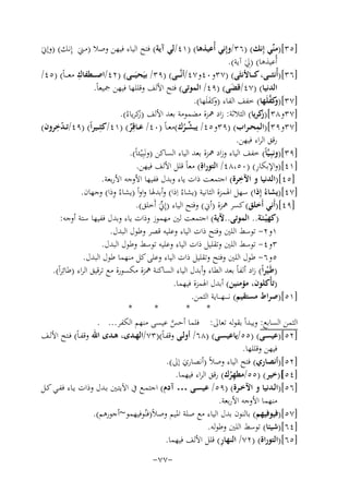 ‫ِ‬
‫ِ‬
‫ِ‬
‫]٥٣[)ﻣﻨﱢﻲ إﻧﻚ( )٦٣/وإﻧﻲ أُﻋﻴﺬﻫﺎ( )١٤/ﻟﻲ آﻳﺔ( ﻓﺘﺢ اﻟﻴﺎء ﻓﻴﻬﻦ وﺻﻼ )ﻣـﲏ إﻧـﻚ( )وإﱐَ‬
‫َ‬
‫أُﻋﻴﺬﻫﺎ( )ِﱄ آﻳﺔ(.‬
‫َ‬
‫ِ‬
‫]٦٣[)أُﻧﺜـ ــﻰ، ﻛـ ــﺎﻷﻧﺜَﻰ( )٧٣و٠٤و٧٤/أﻧﱠـ ــﻰ( )٩٣/ ﺑﻴَﺤﻴَـ ــﻰ( )٢٤/اﺻـ ــﻄﻔﺎك ﻣﻌ ـ ـﺎً( )٥٤/‬
‫اﻟﺪﻧﻴﺎ( )٧٤/ﻗﻀﻰ( )٩٤/ اﻟﻤﻮﺗﻰ( ﻓﺘﺢ اﻷﻟﻒ وﻗﻠﻠﻬﺎ ﻓﻴﻬﻦ ﲨﻴﻌﺎً.‬
‫َ‬
‫وﱠ‬
‫]٧٣[) ﻛﻔﻠَﻬﺎ( ﺧﻔﻒ اﻟﻔﺎء ) ﻛﻔﻠَﻬﺎ(.‬
‫و‬
‫َ‬
‫]٧٣و٨٣[) ﻛﺮﻳﺎ( اﻟﺜﻼﺛﺔ: زاد ﳘﺰة ﻣﻀﻤﻮﻣﺔ ﺑﻌﺪ اﻷﻟﻒ )ﻛﺮﻳﺎءُ(.‬
‫ز‬
‫ز‬
‫]٧٣و٩٣[)اﻟﻤﺤ ـﺮاب( )٩٣و٥٤/ ﻳﺒﺸــﺮك(ﻣﻌ ـﺎً )٠٤/ ﻋــﺎﻗِﺮ( )١٤/ﻛﺜِ ــﻴﺮاً( )٩٤/ﺗ ـﺪ ِ‬
‫ِ‬
‫ّ ﺧﺮون(‬
‫ٌ‬
‫ﱢُ‬
‫رﻗﻖ اﻟﺮاء ﻓﻴﻬﻦ.‬
‫]٩٣[)وﻧﺒِـﻴﱠﺎً( ﺧﻔﻒ اﻟﻴﺎء وزاد ﳘﺰة ﺑﻌﺪ اﻟﻴﺎء اﻟﺴﺎﻛﻦ )وﻧَﺒِْﻴـﺌﺎً(.‬
‫ِ‬
‫]١٤[)واﻹﺑﻜﺎر( )٠٥،٨٤/ اﻟﺘﻮراةِ( ﻣﻌﺎً ﻗﻠﻞ اﻷﻟﻒ ﻓﻴﻬﻦ.‬
‫ِ‬
‫]٥٤[)اﻟﺪﻧﻴﺎ و اﻵﺧﺮة( اﺟﺘﻤﻌﺖ ذات ﻳﺎء وﺑﺪل ﻓﻔﻴﻬﺎ اﻷوﺟﻪ اﻷرﺑﻌﺔ.‬
‫ِ‬
‫]٧٤[)ﻳﺸﺎءُ إِذا( ﺳﻬﻞ اﳍﻤﺰة اﻟﺜﺎﻧﻴﺔ )ﻳﺸﺎءُ اِذا( وأﺑﺪﳍﺎ واواً )ﻳﺸﺎءُ وذا( وﺟﻬﺎن.‬
‫]٩٤[)أَﻧﻲ أَﺧﻠﻖ( ﻛﺴﺮ ﳘﺰة )أﱐ( وﻓﺘﺢ اﻟﻴﺎء )إِﱐَ أَﺧﻠﻖ(.‬
‫ﱢ‬
‫)ﻛﻬﻴـﺌـَﺔ.. اﻟﻤﻮﺗﻰ..ﻵﻳﺔ( اﺟﺘﻤﻌﺖ ﻟﲔ ﻣﻬﻤﻮز وذات ﻳﺎء وﺑﺪل ﻓﻔﻴﻬﺎ ﺳﺘﺔ أوﺟﻪ:‬
‫ْ‬
‫١و٢- ﺗﻮﺳﻂ اﻟﻠﲔ وﻓﺘﺢ ذات اﻟﻴﺎء وﻋﻠﻴﻪ ﻗﺼﺮ وﻃﻮل اﻟﺒﺪل.‬
‫٣و٤- ﺗﻮﺳﻂ اﻟﻠﲔ وﺗﻘﻠﻴﻞ ذات اﻟﻴﺎء وﻋﻠﻴﻪ ﺗﻮﺳﻂ وﻃﻮل اﻟﺒﺪل.‬
‫٥و٦- ﻃﻮل اﻟﻠﲔ وﻓﺘﺢ وﺗﻘﻠﻴﻞ ذات اﻟﻴﺎء وﻋﻠﻰ ﻛﻞ ﻣﻨﻬﻤﺎ ﻃﻮل اﻟﺒﺪل.‬
‫)ﻃَـﻴﺮاً( زاد أﻟﻔﺎً ﺑﻌﺪ اﻟﻄﺎء وأﺑﺪل اﻟﻴﺎء اﻟﺴﺎﻛﻨﺔ ﳘﺰة ﻣﻜﺴﻮرة ﻣﻊ ﺗﺮﻗﻴﻖ اﻟﺮاء )ﻃﺎﺋِﺮاً(.‬
‫ْ‬
‫)ﺗﺄْﻛﻠﻮن، ﻣﺆﻣﻨﻴﻦ( أﺑﺪل اﳍﻤﺰة ﻓﻴﻬﻤﺎ.‬
‫]١٥[)ﺻﺮاط ﻣﺴﺘﻘﻴﻢ( ﻧ ـ ـ ـﻬـ ــﺎﻳﺔ اﻟﺜﻤﻦ.‬
‫*‬
‫*‬
‫*‬
‫*‬
‫اﻟﺜﻤﻦ اﻟﺴﺎﺑﻊ: وﻳﺒﺪاً ﺑﻘﻮﻟﻪ ﺗﻌﺎﱃ: ﻓﻠﻤﺎ أﺣﺲ ﻋﻴﺴﻰ ﻣﻨﻬﻢ اﻟﻜﻔﺮ... .‬
‫ﱠ‬
‫]٢٥[)ﻋﻴﺴــﻰ( )٥٥/ﻳﺎﻋﻴﺴــﻰ( )٨٦/ أوﻟــﻰ وﻗﻔـﺎً()٣٧/اﻟﻬــﺪى، ﻫــﺪى اﷲ وﻗﻔـﺎً( ﻓــﺘﺢ اﻷﻟــﻒ‬
‫ﻓﻴﻬﻦ وﻗﻠﻠﻬﺎ.‬
‫]٢٥[)أﻧﺼﺎري( ﻓﺘﺢ اﻟﻴﺎء وﺻﻼً )أﻧﺼﺎري إﱃ(.‬
‫َ‬
‫]٤٥[)ﺧﻴﺮ( )٥٥/ﻣﻄﻬﺮك( رﻗﻖ اﻟﺮاء ﻓﻴﻬﻤﺎ.‬
‫ُِ‬
‫]٦٥[)اﻟــﺪﻧﻴﺎ و اﻵﺧــﺮة( )٩٥/ ﻋﻴﺴــﻰ … آدم( اﺟﺘﻤــﻊ ﰲ اﻵﻳﺘــﲔ ﺑــﺪل وذات ﻳــﺎء ﻓﻔــﻲ ﻛــﻞ‬
‫ﻣﻨﻬﻤﺎ اﻷوﺟﻪ اﻷرﺑﻌﺔ.‬
‫]٧٥[)ﻓﻴﻮﻓﻴﻬﻢ( ﺑﺎﻟﻨﻮن ﺑﺪل اﻟﻴﺎء ﻣﻊ ﺻﻠﺔ اﳌﻴﻢ وﺻﻼً)ﻓﻨُﻮﻓﻴﻬﻤﻮ~أﺟﻮرﻫﻢ(.‬
‫]٤٦[)ﺷﻴﺌﺎ( ﺗﻮﺳﻂ اﻟﻠﲔ وﻃﻮﻟﻪ.‬
‫ِ‬
‫]٥٦[)اﻟﺘﻮراة( )٢٧/ اﻟﻨﻬﺎر( ﻗﻠﻞ اﻷﻟﻒ ﻓﻴﻬﻤﺎ.‬
‫-٧٧-‬

 