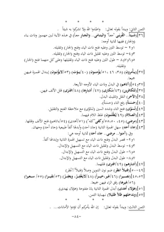 ‫*‬
‫*‬
‫*‬
‫*‬
‫اﻟﺜﻤﻦ اﻟﺜﺎﱐ: وﻳﺒﺪأ ﺑﻘﻮﻟﻪ ﺗﻌﺎﱃ: واﻋﺒُﺪوا اﷲ وﻻ ﻛﻮا ﺑﻪ ﺷﻴﺌﺎً .‬
‫ﺗﺸﺮ‬
‫ِ‬
‫]٦٣[)ﺷــﻴﺌﺎً.. اﻟﻘﺮﺑَـ ـﻰ "ﻣﻌ ـﺎً" واﻟﻴﺘ ــﺎﻣﻰ.. واﻟﺠ ــﺎر ﻣﻌ ـﺎً( ﰲ ﻫــﺬﻩ اﻵﻳــﺔ ﻟــﲔ ﻣﻬﻤــﻮز وذات ﻳــﺎء‬
‫ُ‬
‫َ‬
‫ِ‬
‫)واﳉﺎر( ﻓﻔﻴﻬﺎ ﲦﺎﻧﻴﺔ أوﺟﻪ:‬
‫ِ‬
‫١و٢ - ﺗﻮﺳﻂ اﻟﻠﲔ وﻋﻠﻴﻪ ﻓﺘﺢ ذات اﻟﻴﺎء وﻓﺘﺢ )اﳉﺎر( وﺗﻘﻠﻴﻠﻪ.‬
‫ِ‬
‫٣و٤- ﺗﻮﺳﻂ اﻟﻠﲔ وﻋﻠﻴﻪ ﺗﻘﻠﻴﻞ ذات اﻟﻴﺎء وﻓﺘﺢ )اﳉﺎر( وﺗﻘﻠﻴﻠﻪ.‬
‫ِ‬
‫٥و٦و٧و٨ - ﻃﻮل اﻟﻠﲔ وﻋﻠﻴﻪ ﻓﺘﺢ ذات اﻟﻴـﺎء وﺗﻘﻠﻴﻠﻬـﺎ وﻋﻠـﻰ ﻛـﻞ ﻣﻨﻬﻤـﺎ ﻓـﺘﺢ )اﳉـﺎر(‬
‫وﺗﻘﻠﻴﻠﻪ.‬
‫]٧٣[)ﻳـ ـﺄْﻣﺮون( )٨٣، ٦٤ ،١٥/ﻳﺆﻣﻨ ــﻮن( )٠٤/ﻳـ ـﺆت( )٣٥/ﻻﻳﺆﺗ ــﻮن( إﺑ ــﺪال اﳍﻤ ــﺰة ﻓ ــﻴﻬﻦ‬
‫ْ‬
‫ْ‬
‫ﲨﻴﻌﺎ.‬
‫]٧٣و٤٥[)آﺗﺎﻫﻢ( ﰲ اﻟﺒﺪل وذات اﻟﻴﺎء اﻷوﺟﻪ اﻷرﺑﻌﺔ.‬
‫ِ‬
‫]٧٣[)ﻟﻠﻜﺎﻓﺮﻳﻦ( )٣٤/ﺳﻜﺎرى( )٧٤/ أدﺑﺎرﻫﺎ( )٨٤/اﻓﺘَـﺮى( ﻗﻠﻞ اﻷﻟﻒ ﻓﻴﻬﻦ.‬
‫ُ‬
‫َ‬
‫]٨٣[)اﻵﺧﺮ( اﻟﻨﻘﻞ وﺗﺜﻠﻴﺚ اﻟﺒﺪل.‬
‫]٠٤[)ﺣﺴﻨـﺔً( رﻓﻊ اﻟﺘﺎء )ﺣﺴﻨ ٌ(.‬
‫َﺔ‬
‫ََ‬
‫]٢٤[)ﺗُﺴﻮى( ﻓﺘﺢ اﻟﺘﺎء وﺷﺪد اﻟﺴﲔ )ﺗَﺴﻮى( ﻣﻊ ﻣﻼﺣﻈﺔ اﻟﻔﺘﺢ واﻟﺘﻘﻠﻴﻞ.‬
‫َﱠ‬
‫ﱠﱠ‬
‫]٣٤[)اﻟﺼﻼة( )٩٤/ﻳُﻈْﻠَﻤﻮن( ﻏﻠﻆ اﻟﻼم ﻓﻴﻬﻤﺎ.‬
‫]٣٤[)ﻣﺮﺿﻰ( )٥٤، ٠٥،٥٥/وﻛﻔﻰ"ﻛﻠﻪ"( )١٥/أﻫﺪى( )٤٥/ءاﺗﺎﻫﻢ( ﻓﺘﺢ اﻷﻟﻒ وﻗﻠﻠﻬﺎ.‬
‫]٣٤[)ﺟﺎء أَﺣﺪ( ﺳﻬﻞ اﳍﻤﺰة اﻟﺜﺎﻧﻴﺔ )ﺟﺎءَ اَﺣﺪ( وأﺑﺪﳍﺎ أﻟﻔﺎً ﻃﺒﻴﻌﻴﺔ )ﺟﺎءَ اْﺣﺪ( وﺟﻬﺎن.‬
‫َ‬
‫وﰲ )آﻣﻨﻮا.. ﻣﺮﺿﻰ.. ﺟﺎء أﺣﺪ( ﲦﺎﻧﻴﺔ أوﺟﻪ ﻫﻲ:‬
‫١و٢- ﻗﺼﺮ اﻟﺒﺪل وﻓﺘﺢ ذات اﻟﻴﺎء ﻣﻊ ﺗﺴﻬﻴﻞ اﳍﻤﺰة اﻟﺜﺎﻧﻴﺔ وإﺑﺪاﳍﺎ أﻟﻔﺎً.‬
‫٣و٤- ﺗﻮﺳﻂ اﻟﺒﺪل وﺗﻘﻠﻴﻞ ذات اﻟﻴﺎء ﻣﻊ اﻟﺘﺴﻬﻴﻞ واﻹﺑﺪال.‬
‫٥و٦- ﻃﻮل اﻟﺒﺪل وﻓﺘﺢ ذات اﻟﻴﺎء ﻣﻊ اﻟﺘﺴﻬﻴﻞ واﻹﺑﺪال.‬
‫٧و٨- ﻃﻮل اﻟﺒﺪل وﺗﻘﻠﻴﻞ ذات اﻟﻴﺎء ﻣﻊ اﻟﺘﺴﻬﻴﻞ واﻹﺑﺪال.‬
‫]٧٤[)أدﺑﺎرﻫﻢ( )٩٤/اﻓﺘﺮى( ﻗﻠﻠﻬﻤﺎ.‬
‫ن‬
‫]٩٤-٠٥[)ﻓﺘﻴﻼً اﻧﻈﺮ( ﺿﻢ ﻧﻮن اﻟﺘﻨﻮﻳﻦ وﺻﻼً )ﻓﺘﻴﻼً ◌ﻧْﻈﺮ(‬
‫ُ‬
‫]٢٥،٥٤[)ﻧﺼ ـ ــﻴﺮا( )٦٤/ﻏﻴﺮ،ﺧﻴـ ـ ـﺮاً( )٨٤/ﻻﻳـﻐْﻔ ـ ــﺮ، ِ‬
‫َ ِ ُ وﻳﻐﻔ ـ ــﺮ( )٣٥/ﻧﻘﻴـ ـ ـﺮا( )٥٥/ ﺳ ـ ــﻌﻴﺮا(‬
‫ُ‬
‫)٦٥/ﻏﻴﺮﻫﺎ( رﻗﻖ اﻟﺮاء ﻓﻴﻬﻦ ﲨﻴﻌﺎ.‬
‫ِ‬
‫ِ‬
‫]١٥[)ﻫﺆﻻء أَﻫﺪى( أﺑﺪل اﳍﻤﺰة اﻟﺜﺎﻧﻴﺔ ﻳﺎءً ﻣﻔﺘﻮﺣﺔ )ﻫﺆﻻء ﻳَﻬﺪى(.‬
‫]٧٥[)وﻧﺪﺧﻠﻬﻢ ﻇﻼً ﻇﻠﻴﻼ( ﻧ ــﻬ ـ ــﺎﻳﺔ اﻟﺜﻤﻦ.‬
‫*‬
‫*‬
‫*‬
‫*‬
‫اﻟﺜﻤﻦ اﻟﺜﺎﻟﺚ: وﻳﺒﺪأ ﺑﻘﻮﻟﻪ ﺗﻌﺎﱃ: إن اﷲ ﻛﻢ أن ﺗﺆدوا اﻷﻣﺎﻧﺎت... .‬
‫ﻳﺄﻣﺮ‬
‫-٤٨-‬

 