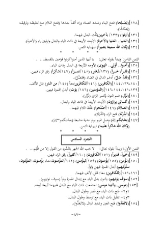 ‫]٨٢١[)ﻳُﺼ ــﻠِﺤﺎ( ﻓ ــﺘﺢ اﻟﻴ ــﺎء وﺷ ــﺪد اﻟﺼ ــﺎد وزاد أﻟﻔـ ـﺎً ﺑﻌ ــﺪﻫﺎ وﻓ ــﺘﺢ اﻟ ــﻼم ﻣ ــﻊ ﺗﻐﻠﻴﻈ ــﻪ وﺗﺮﻗﻴﻘ ــﻪ‬
‫ْ‬
‫)ﻳَﺼﺎﳊﺎ(.‬
‫ﱠ َ‬
‫]١٣١[)أوﺗﻮا( )٣٣١/ ﺑﺂﺧﺮﻳﻦ(ﺛﻠﱠﺚ اﻟﺒﺪل ﻓﻴﻬﻤﺎ.‬
‫]٤٣١[)اﻟﺪﻧﻴﺎ.. اﻟﺪﻧﻴﺎ واﻵﺧﺮة( اﻷوﺟﻪ اﻷرﺑﻌﺔ ﰲ ذات اﻟﻴﺎء واﻟﺒﺪل وﺗﺮﻗﻴﻖ راء )اﻵﺧﺮة(.‬
‫]٤٣١[) ﻛﺎن اﷲ ﺳﻤﻴﻌﺎ ﺑﺼﻴﺮاً( ﻧـ ـ ـﻬـ ــﺎﻳﺔ اﻟﺜﻤﻦ.‬
‫و‬
‫*‬
‫*‬
‫*‬
‫*‬
‫اﻟﺜﻤﻦ اﻟﺜﺎﻣﻦ: وﻳﺒﺪأ ﺑﻘﻮﻟﻪ ﺗﻌﺎﱃ: ﻳﺎ أﻳﻬﺎ اﻟﺬﻳﻦ أﻣﻨﻮا ﻛﻮﻧﻮا ﻗﻮاﻣﲔ ﺑﺎﻟﻘﺴﻂ... .‬
‫]٥٣١[)آﻣﻨﻮا.. أَوﻟﻰ.. اﻟﻬﻮى( اﻷوﺟﻪ اﻷرﺑﻌﺔ ﰲ اﻟﺒﺪل وذات اﻟﻴﺎء.‬
‫ْ‬
‫ِ‬
‫]٥٣١[)ﻓﻘﻴﺮاً، ﺧﺒﻴﺮاً( )٧٣١/ﻟﻴﻐﻔﺮ( )٥٤١/ﻧﺼﻴﺮاً( )٧٤١/ﺷﺎﻛِﺮاً( رﻗﻖ اﻟﺮاء ﻓﻴﻬﻦ.‬
‫]٦٣١[)ﻓﻘﺪ ﺿﻞ( أدﻏﻢ اﻟﺪال ﰲ اﻟﻀﺎد )ﻓﻘ ﱠﻞ(.‬
‫ْ ّ‬
‫ﻀّ‬
‫ِ‬
‫]٠٤١،٩٣١،٤٤١[)اﻟﻜﺎﻓﺮﻳﻦ( )١٤١/ﻟﻠﻜﺎﻓﺮﻳﻦ(ﻣﻌﺎً )٥٤١/ ﻣﻦ اﻟﻨﺎر( ﻗﻠﻞ اﻷﻟﻒ.‬
‫]٩٣١،١٤١،٤٤١،٦٤١[)اﻟﻤﺆﻣﻨﻴﻦ( )٦٤١/ ﻳﺆت( أﺑﺪل اﳍﻤﺰة ﻓﻴﻬﻦ.‬
‫]٠٤١[)ﻧَـﺰل( ﺿﻢ اﻟﻨﻮن ﻛﺴﺮ اﻟﺰاي )ﻧـُﺰل(.‬
‫و‬
‫ﱠ‬
‫ﱢ‬
‫]٢٤١[)ﻛﺴﺎﻟﻰ ﻳﺮاؤون( اﻷوﺟﻪ اﻷرﺑﻌﺔ ﰲ ذات اﻟﻴﺎء واﻟﺒﺪل.‬
‫ُ‬
‫]٢٤١[)اﻟﺼﻼة( )٦٤١/أﺻﻠَﺤﻮا( ﻏﻠّﻆ اﻟﻼم ﻓﻴﻬﻤﺎ.‬
‫ْ‬
‫]٥٤١[)اﻟ ﱠرك( ﻓﺘﺢ اﻟﺮاء )اﻟ ﱠرك(.‬
‫ﺪْ‬
‫ﺪَ‬
‫]٧٤١[)ﺑﻌﺬاﺑﻜﻢ إن( وﺻﻞ اﳌﻴﻢ ﺑﻮاو ﻣﺪﻳﺔ ﻣﺸﺒﻌﺔ )ﺑﻌﺬاﺑﻜﻤﻮ~إن(.‬
‫) ﻛﺎن اﷲ ﺷﺎﻛﺮاً ﻋﻠﻴﻤﺎ( ﻧـ ــﻬـ ـﺎﻳﺔ اﻟﺜﻤﻦ.‬
‫و‬
‫*‬
‫*‬
‫*‬
‫*‬
‫اﻟﺠــﺰء اﻟﺴـﺎدس‬
‫ﱡِ‬
‫اﻟﺜﻤﻦ اﻷول: وﻳﺒﺪأ ﺑﻘﻮﻟﻪ ﺗﻌﺎﱃ: ﻻ ﳛﺐ اﷲ اﳉﻬﺮ ﺑﺎﻟﺴﻮء ﻣﻦ اﻟﻘﻮل إﻻ ﻣﻦ ﻇُﻠِﻢ... .‬
‫]٩٤١[)ﺧﻴﺮاً، ﻗﺪﻳﺮاً( )١٥١/اﻟﻜﺎﻓِﺮون( )٠٦١/ﻛﺜﻴﺮاً( رﻗﻖ اﻟﺮاء ﻓﻴﻬﻦ.‬
‫]٠٥١[)ﻧــﺆﻣﻦ( )٥٥١/ﻳﺆﻣﻨــﻮن( )٩٥١/ﻟﻴــﺆﻣﻨﻦ( )٢٦١/اﻟﻤﺆﻣﻨــﻮن،ﻣﻌــﺎ، ﻳﺆﻣﻨــﻮن، اﻟﻤﺆﺗــﻮن،‬
‫ْ‬
‫ْ‬
‫ْ‬
‫ْ‬
‫ْ‬
‫ْ‬
‫ﺳﻨُـﺆﺗﻴﻬﻢ( أﺑﺪل اﳍﻤﺰة ﻓﻴﻬﻦ واواً.‬
‫ْ‬
‫]١٦١،١٥١[)ﻟﻠﻜﺎﻓﺮﻳﻦ( ﻣﻌﺎ: ﻗﻠﻞ اﻷﻟﻒ ﻓﻴﻬﻤﺎ.‬
‫ِ‬
‫]٢٥١[)ﺳﻮف ﻳﺆﺗﻴﻬﻢ( ﺑﺎﻟﻨﻮن ﺑﺪل اﻟﻴﺎء ﻣﻊ إﺑﺪال اﳍﻤﺰة واواً )ﺳﻮف ﻧﻮﺗﻴﻬﻢ(.‬
‫]٣٥١[)ﻣﻮﺳﻰ..وآﺗﻴﻨﺎ ﻣﻮﺳﻰ( اﺟﺘﻤﻌﺖ ذات اﻟﻴﺎء ﻣﻊ اﻟﺒﺪل ﻓﻔﻴﻬﻤﺎ أرﺑﻌﺔ أوﺟﻪ.‬
‫١و٢- ﻓﺘﺢ ذات اﻟﻴﺎء ﻣﻊ ﻗﺼﺮ وﻃﻮل اﻟﺒﺪل.‬
‫٣و٤- ﺗﻘﻠﻴﻞ ذات اﻟﻴﺎء ﻣﻊ ﺗﻮﺳﻂ وﻃﻮل اﻟﺒﺪل.‬
‫َﱡ‬
‫]٤٥١[)ﻻﺗَـﻌﺪوا( ﻓﺘﺢ اﻟﻌﲔ وﺷﺪد اﻟﺪال )ﻻﺗَـﻌﺪوا(.‬
‫ُْ‬
‫-٧٨-‬

 