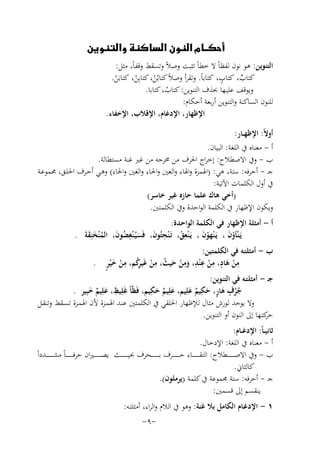 ‫‪‬‬
‫اﻟﺘﻨﻮﻳﻦ: ﻫﻮ ﻧﻮن ﻟﻔﻈﺎً ﻻ ﺧﻄﺎً ﺗﺜﺒﺖ وﺻﻼً وﺗﺴﻘﻂ وﻗﻔﺎً، ﻣﺜﻞ:‬
‫ٍ‬
‫ﻛﺘﺎب، ﻛﺘﺎب، ﻛﺘﺎﺑﺎً. وﺗﻘﺮأ وﺻﻼً ﻛﺘﺎﺑُﻦ، ﻛﺘﺎﺑِﻦ، ﻛﺘﺎﺑَﻦ.‬
‫ٌ‬
‫ْ‬
‫ْ‬
‫ْ‬
‫وﻳﻮﻗﻒ ﻋﻠﻴـﻬﺎ ﲝﺬف اﻟﺘﻨﻮﻳﻦ: ﻛﺘﺎب، ﻛﺘﺎﺑﺎ.‬
‫ْ‬
‫ﻟﻠﻨﻮن اﻟﺴﺎﻛﻨﺔ واﻟﺘﻨﻮﻳﻦ أرﺑﻌﺔ أﺣﻜﺎم:‬
‫اﻹﻇﻬﺎر، اﻹدﻏﺎم، اﻹﻗﻼب، اﻹﺧﻔﺎء.‬
‫أوﻻً: اﻹﻇﻬــﺎر:‬
‫أ - ﻣﻌﻨﺎﻩ ﰲ اﻟﻠﻐﺔ: اﻟﺒﻴﺎن.‬
‫ب - وﰲ اﻻﺻﻄﻼح: إﺧﺮاج اﳊﺮف ﻣﻦ ﳐﺮﺟﻪ ﻣﻦ ﻏﲑ ﻏﻨﺔ ﻣﺴﺘﻄﺎﻟﺔ.‬
‫ﺟـ - أﺣﺮﻓﻪ: ﺳﺘﺔ، ﻫﻲ: )اﳍﻤﺰة واﳍﺎء واﻟﻌﲔ واﳊﺎء واﻟﻐﲔ واﳋﺎء( وﻫـﻲ أﺣـﺮف اﳊﻠـﻖ، ﳎﻤﻮﻋـﺔ‬
‫ﰲ أول اﻟﻜﻠﻤﺎت اﻵﺗﻴﺔ:‬
‫)أﺧﻲ ﻫﺎك ﻋﻠﻤﺎ ﺣﺎزﻩ ﻏﻴﺮ ﺧﺎﺳﺮ(‬
‫وﻳﻜﻮن اﻹﻇﻬﺎر ﰲ اﻟﻜﻠﻤﺔ اﻟﻮاﺣﺪة وﰲ اﻟﻜﻠﻤﺘﲔ.‬
‫أ - أﻣﺜﻠﺔ اﻹﻇﻬﺎر ﻓﻲ اﻟﻜﻠﻤﺔ اﻟﻮاﺣﺪة:‬
‫ُِ ِ‬
‫ِ‬
‫ﻳـ ْﻨﺄون ، ﻳـ ْﻨﻬﻮن ، ﻳـ ْﻨﻌﻖ، ﺗَـ ْﻨﺤﺘُﻮن، ﻓَﺴﻴـ ْﻨﻐﻀﻮن، اﻟﻤ ْﻨﺨﻨِ‬
‫َ َ ُ ُ َ ُ َ ﻘﺔَ .‬
‫َ‬
‫َ َْ َ َْ َ‬
‫ب - أﻣﺜﻠﺘـﻪ ﻓﻲ اﻟﻜﻠﻤﺘﻴﻦ:‬
‫ﻣﻦ ﻫﺎد، ﻣﻦ ﻋ ْﻨﺪ، وﻣﻦ ﺣﻴﺚ، ﻣﻦ ﻏَﻴ ﻛﻢ، ِ‬
‫ُ ِ‬
‫ِ ٍ ِ ِ ِ ِ‬
‫ِ‬
‫ْ ﺮُ ﻣﻦ ﺧ ْﻴﺮٍ .‬
‫ْ َ‬
‫ْ َ‬
‫ْ‬
‫َ ْ َ‬
‫ﺟـ - أﻣﺜﻠﺘـﻪ ﻓﻲ اﻟﺘﻨﻮﻳﻦ:‬
‫ِ‬
‫ِ‬
‫ٍ ٍ ِ‬
‫ﺟﺮف ﻫﺎر، ﺣﻜﻴﻢ ﻋﻠِﻴﻢ، ﻋﻠِﻴﻢ ﺣﻜﻴﻢ، ﻓَﻈّﺎً ﻏَﻠِﻴﻆ، ﻋﻠِﻴﻢ ﺧﺒِ‬
‫َ ٌ َ ﻴﺮ .‬
‫ُُ َ َ ٌ َ‬
‫َ ٌ َ‬
‫وﻻ ﻳﻮﺟﺪ ﻟﻮرش ﻣﺜﺎل ﻟﻺﻇﻬﺎر اﳊﻠﻘﻲ ﰲ اﻟﻜﻠﻤﺘﲔ ﻋﻨـﺪ اﳍﻤـﺰة ﻷن اﳍﻤـﺰة ﺗﺴـﻘﻂ وﺗﻨﻘـﻞ‬
‫ﻛﺘـﻬﺎ إﱃ اﻟﻨﻮن أو اﻟﺘﻨﻮﻳﻦ.‬
‫ﺣﺮ‬
‫ﺛﺎﻧﻴ ـﺎً: اﻹدﻏــﺎم:‬
‫أ - ﻣﻌﻨﺎﻩ ﰲ اﻟﻠﻐﺔ: اﻹدﺧﺎل.‬
‫ب - وﰲ اﻻﺻ ـ ـ ـ ـ ـ ــﻄﻼح: اﻟﺘﻘ ـ ـ ـ ـ ـ ــﺎء ﺣ ـ ـ ـ ـ ـ ــﺮف ﺑ ـ ـ ـ ـ ـ ـ ـﺤﺮف ﲝﻴ ـ ـ ـ ـ ـ ــﺚ ﻳﺼـ ـ ـ ـ ـ ـ ـﲑان ﺣﺮﻓ ـ ـ ـ ـ ـ ـﺎً ﻣﺸ ـ ـ ـ ـ ـ ــﺪداً‬
‫ﻛﺎﻟﺜﺎﱐ.‬
‫ﺟـ - أﺣﺮﻓﻪ: ﺳﺘﺔ ﳎﻤﻮﻋﺔ ﰲ ﻛﻠﻤﺔ )ﻳﺮﻣﻠﻮن(.‬
‫ﻳﻨﻘﺴﻢ إﱃ ﻗﺴﻤﲔ:‬
‫١ - اﻹدﻏـﺎم اﻟﻜﺎﻣﻞ ﺑﻼ ﻏﻨﺔ: وﻫﻮ ﰲ اﻟﻼم واﻟﺮاء، أﻣﺜﻠﺘـﻪ:‬
‫-٩-‬

 