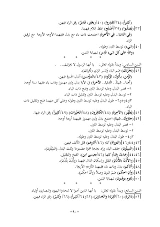‫ِ‬
‫ِ‬
‫)ﻛﺜﻴﺮاً( )٤٣/ﺗﻘﺪروا( )٠٤/وﻳﻐﻔﺮ، ﻗﺪﻳﺮ( رﻗﻖ اﻟﺮاء ﻓﻴﻬﻦ.‬
‫ٌ‬
‫]٣٣[)ﻳُﺼﻠﱠﺒﻮا( )٩٣/أَﺻﻠَﺢ( ﻏﻠﻆ اﻟﻼم ﻓﻴﻬﻤﺎ.‬
‫ْ‬
‫َ‬
‫)ﻓﻲ اﻟﺪﻧﻴﺎ.. ﻓﻲ اﻵﺧﺮة( اﺟﺘﻤﻌﺖ ذات ﻳﺎء ﻣﻊ ﺑﺪل ﻓﻔﻴﻬﻤﺎ اﻷوﺟﻪ اﻷرﺑﻌﺔ ﻣﻊ ﺗﺮﻗﻴـﻖ‬
‫اﻟﺮاء.‬
‫]٠٤[)ﺷﻲء( ﺗﻮﺳﻂ اﻟﻠﲔ وﻃﻮﻟﻪ.‬
‫)واﷲ ﻋﻠﻰ ﻛﻞ ﺷﻲء ﻗﺪﻳﺮ( ﻧ ـ ـﻬ ــﺎﻳﺔ اﻟﺜﻤﻦ.‬
‫*‬
‫*‬
‫*‬
‫*‬
‫اﻟﺜﻤﻦ اﻟﺴﺎدس: وﻳﺒﺪأ ﺑﻘﻮﻟﻪ ﺗﻌﺎﱃ: ﻳﺎ أﻳﻬﺎ اﻟﺮﺳﻮل ﻻ ﳛﺰﻧﻚ... .‬
‫ُْ ِ‬
‫]١٤[)ﻳَﺤﺰﻧﻚ( ﺿﻢ اﻟﻴﺎء ﻛﺴﺮ اﻟﺰاي )ﳛﺰﻧﻚ(.‬
‫و‬
‫ُْ‬
‫)ﺗﺆﻣﻦ، ﻳـﺄْﺗﻮك، ﺗﺆﺗَﻮﻩ( )٣٤/ﺑﺎﻟﻤﺆﻣﻨﻴﻦ( أﺑﺪل اﳍﻤﺰة ﻓﻴﻬﻦ.‬
‫ْ‬
‫ْ‬
‫ْ‬
‫)آﻣﻨﺎ.. ﺷﻴﺌﺎً.. اﻟﺪﻧﻴﺎ.. اﻵﺧﺮة( ﰲ اﻵﻳﺔ ﺑﺪل وﻟﲔ ﻣﻬﻤﻮز وذات ﻳﺎء ﻓﻔﻴﻬﺎ ﺳﺘﺔ أوﺟﻪ:‬
‫١- ﻗﺼﺮ اﻟﺒﺪل وﻋﻠﻴﻪ ﺗﻮﺳﻂ اﻟﻠﲔ وﻓﺘﺢ ذات اﻟﻴﺎء.‬
‫٢- ﺗﻮﺳﻂ اﻟﺒﺪل وﻋﻠﻴﻪ ﺗﻮﺳﻂ اﻟﻠﲔ وﺗﻘﻠﻴﻞ ذات اﻟﻴﺎء.‬
‫٣و٤و٥و٦- ﻃﻮل اﻟﺒﺪل وﻋﻠﻴﻪ ﺗﻮﺳﻂ اﻟﻠـﲔ وﻃﻮﻟـﻪ وﻋﻠـﻰ ﻛـﻞ ﻣﻨﻬﻤـﺎ ﻓـﺘﺢ وﺗﻘﻠﻴـﻞ ذات‬
‫اﻟﻴﺎء.‬
‫ِ‬
‫]١٤[)ﻳُﻄَﻬﺮ( )اﻵﺧﺮة( )٤٤/اﻟﻜﺎﻓِﺮون( )٨٤/اﻟﺨ ْﻴﺮات( )٩٤/ﻛﺜِﻴﺮاً( رﻗﻖ اﻟﺮاء ﻓﻴﻬﺎ.‬
‫ﱢ‬
‫َ‬
‫]٢٤[)ﺟﺎؤوك..ﺷﻴﺌﺎ( اﺟﺘﻤﻊ ﺑﺪل وﻟﲔ ﻣﻬﻤﻮز ﻓﻔﻴﻬﻤﺎ أرﺑﻌﺔ أوﺟﻪ:‬
‫١- ﻗﺼﺮ اﻟﺒﺪل وﻋﻠﻴﻪ ﺗﻮﺳﻂ اﻟﻠﲔ.‬
‫٢- ﺗﻮﺳﻂ اﻟﺒﺪل وﻋﻠﻴﻪ ﺗﻮﺳﻂ اﻟﻠﲔ.‬
‫٣و٤- ﻃﻮل اﻟﺒﺪل وﻋﻠﻴﻪ ﺗﻮﺳﻂ اﻟﻠﲔ وﻃﻮﻟﻪ.‬
‫ِ‬
‫]٣٤و٤٤و٦٤[)اﻟﺘﻮراة( ﻛﻠﻪ )٦٤/آﺛﺎرﻫﻢ( ﻗﻠﻞ اﻷﻟﻒ ﻓﻴﻬﻦ.‬
‫]٤٤[)اﻟﻨﺒِـﻴـﱡﻮن( ﺧﻔﻒ اﻟﻴﺎء وزاد ﺑﻌﺪﻫﺎ ﳘﺰة ﻣﻀﻤﻮﻣﺔ وﺛﻠﺚ اﻟﺒﺪل )اﻟﻨﺒﻴـﺌُﻮن(.‬
‫ْ‬
‫]٦٤،٤٤[)ﻫﺪى وﻗﻔﺎً( ﻛﻠﻬﺎ )٦٤/ﺑﻌﻴﺴﻰ اﺑﻦ(: اﻟﻔﺘﺢ واﻟﺘﻘﻠﻴﻞ.‬
‫ً‬
‫ِ‬
‫]٥٤[)واﻷُذُن ﺑﺎﻷُذُن( اﻟﻨﻘﻞ وإﺳﻜﺎن اﻟﺬال ﻓﻴﻬﻤﺎ )وﻟُﺬن ﺑِ‬
‫ْ َ ﻠُﺬن(.‬
‫ْ‬
‫َ‬
‫]٨٤[)آﺗﺎﻛﻢ( ﺑﺪل وذات ﻳﺎء ﻓﻔﻴﻬﻤﺎ اﻷوﺟﻪ اﻷرﺑﻌﺔ.‬
‫ِ‬
‫]٩٤[)وأن اﺣﻜﻢ( ﺿﻢ اﻟﻨﻮن وﺻﻼً )وأن اﺣﻜﻢ(.‬
‫ُ ُ‬
‫ّ‬
‫]٠٥[)ﻟﻘﻮم ﻳﻮﻗﻨﻮن( ﻧ ـ ـﻬ ــﺎﻳﺔ اﻟﺜﻤﻦ.‬
‫*‬
‫*‬
‫*‬
‫*‬
‫اﻟﺜﻤﻦ اﻟﺴﺎﺑﻊ: وﻳﺒﺪأ ﺑﻘﻮﻟﻪ ﺗﻌﺎﱃ: ﻳﺎ أﻳﻬﺎ اﻟﺬﻳﻦ آﻣﻨﻮا ﻻ ﺗﺘﺨﺬوا اﻟﻴﻬﻮد واﻟﻨﺼﺎرى أوﻟﻴﺎء‬
‫ِ‬
‫]٢٥[)داﺋِﺮة( )٠٦/اﻟﻘﺮدة واﻟﺨﻨﺎزﻳﺮ( )٢٦و٤٦/ﻛﺜِﻴﺮاً( )٦٦/ ﻛﺜﻴﺮ( رﻗﻖ اﻟﺮاء ﻓﻴﻬﻦ.‬
‫و ٌ‬
‫َ‬
‫َ‬
‫-٠٩-‬

 