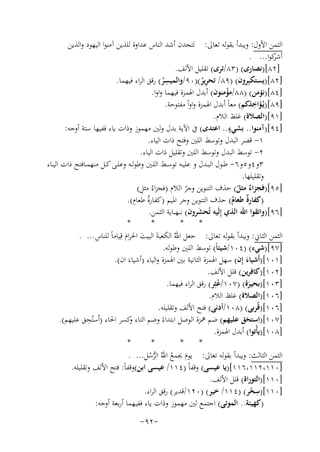‫اﻟﺜﻤﻦ اﻷول: وﻳﺒﺪأ ﺑﻘﻮﻟﻪ ﺗﻌﺎﱃ: ﻟﺘﺠﺪن أﺷﺪ اﻟﻨﺎس ﻋﺪاوة ﻟﻠﺬﻳﻦ آﻣﻨﻮا اﻟﻴﻬﻮد واﻟﺬﻳﻦ‬
‫ﻛﻮا... .‬
‫أﺷﺮ‬
‫]٢٨[)ﻧﺼﺎرى( )٣٨/ﺗﺮى( ﺗﻘﻠﻴﻞ اﻷﻟﻒ.‬
‫ِ‬
‫]٢٨[)ﻳﺴﺘﻜﺒِﺮون( )٩٨/ ﺗﺤﺮﻳﺮ()٠٩/واﻟﻤﻴﺴﺮ( رﻗﻖ اﻟﺮاء ﻓﻴﻬﻤﺎ.‬
‫ُ‬
‫ُِ‬
‫]٤٨[)ﻧﺆﻣﻦ( )٨٨/ﻣﺆﻣﻨﻮن( أﺑﺪل اﳍﻤﺰة ﻓﻴﻬﻤﺎ واوا.‬
‫ْ‬
‫َِ‬
‫]٩٨[)ﻳُـﺆاﺧﺬﻛﻢ( ﻣﻌﺎً أﺑﺪل اﳍﻤﺰة واواً ﻣﻔﺘﻮﺣﺔ.‬
‫]١٩[)اﻟﺼﻼة( ﻏﻠﻆ اﻟﻼم.‬
‫ٍ‬
‫]٤٩[)آﻣﻨﻮا.. ﺑﺸﻲء.. اﻋﺘﺪى( ﰲ اﻵﻳﺔ ﺑﺪل وﻟﲔ ﻣﻬﻤﻮز وذات ﻳﺎء ﻓﻔﻴﻬﺎ ﺳﺘﺔ أوﺟﻪ:‬
‫١- ﻗﺼﺮ اﻟﺒﺪل وﺗﻮﺳﻂ اﻟﻠﲔ وﻓﺘﺢ ذات اﻟﻴﺎء.‬
‫٢- ﺗﻮﺳﻂ اﻟﺒﺪل وﺗﻮﺳﻂ اﻟﻠﲔ وﺗﻘﻠﻴﻞ ذات اﻟﻴﺎء.‬
‫٣و٤و٥و٦- ﻃــﻮل اﻟﺒــﺪل و ﻋﻠﻴــﻪ ﺗﻮﺳــﻂ اﻟﻠــﲔ وﻃﻮﻟــﻪ وﻋﻠــﻰ ﻛــﻞ ﻣﻨﻬﻤــﺎﻓﺘﺢ ذات اﻟﻴــﺎء‬
‫وﺗﻘﻠﻴﻠﻬﺎ.‬
‫ِ‬
‫]٥٩[)ﻓﺠﺰ ٌ ﻣﺜﻞ( ﺣﺬف اﻟﺘﻨﻮﻳﻦ وﺟﺮ اﻟﻼم )ﻓﺠﺰاءُ ﻣﺜﻞ(‬
‫ّ‬
‫اء ُ‬
‫ِ‬
‫)ﻛﻔﺎرٌ ﻃﻌﺎم( ﺣﺬف اﻟﺘﻨﻮﻳﻦ وﺟﺮ اﳌﻴﻢ )ﻛﻔﺎرةُ ﻃﻌﺎم(.‬
‫ة ُ‬
‫]٦٩[)واﺗﻘﻮا اﷲ اﻟﺬي إِﻟَﻴﻪ ﺗُﺤﺸﺮون( ﻧـ ـﻬ ــﺎﻳﺔ اﻟﺜﻤﻦ.‬
‫َ‬
‫*‬
‫*‬
‫*‬
‫*‬
‫اﻟﺜﻤﻦ اﻟﺜﺎﱐ: وﻳﺒﺪأ ﺑﻘﻮﻟﻪ ﺗﻌﺎﱃ: ﺟﻌﻞ اﷲ اﻟﻜﻌﺒﺔَ اﻟﺒﻴﺖ اﳊﺮام ﻗِ‬
‫ِ‬
‫َ َ ﻴﺎﻣﺎً ﻟﻠﻨﺎس... .‬
‫ُ‬
‫]٧٩[)ﺷﻲء( )٤٠١/ﺷﻴﺌﺎً( ﺗﻮﺳﻂ اﻟﻠﲔ وﻃﻮﻟﻪ.‬
‫]١٠١[)أَﺷﻴﺎء إِن( ﺳﻬﻞ اﳍﻤﺰة اﻟﺜﺎﻧﻴﺔ ﺑﲔ اﳍﻤﺰة واﻟﻴﺎء )أﺷﻴﺎءَ ان(.‬
‫َ‬
‫]٢٠١[)ﻛﺎﻓﺮﻳﻦ( ﻗﻠﻞ اﻷﻟﻒ.‬
‫]٣٠١[)ﺑﺤﻴﺮة( )٧٠١/ﻋﺜِﺮ( رﻗﻖ اﻟﺮاء ﻓﻴﻬﻤﺎ.‬
‫ُ‬
‫َ‬
‫]٦٠١[)اﻟﺼﻼة( ﻏﻠﻆ اﻟﻼم.‬
‫]٦٠١[)ﻗُﺮﺑﻰ( )٨٠١/أدﻧﻰ( ﻓﺘﺢ اﻷﻟﻒ وﺗﻘﻠﻴﻠﻪ.‬
‫ِ‬
‫]٧٠١[)اِﺳﺘﺤﻖ ﻋﻠﻴﻬﻢ( ﺿﻢ ﳘﺰة اﻟﻮﺻﻞ اﺑﺘﺪاءً وﺿﻢ اﻟﺘﺎء ﻛﺴﺮ اﳊﺎء )اُﺳﺘُﺤﻖ ﻋﻠﻴﻬﻢ(.‬
‫و‬
‫َ‬
‫]٨٠١[)ﻳﺄْﺗﻮا( أﺑﺪل اﳍﻤﺰة.‬
‫*‬
‫*‬
‫*‬
‫*‬
‫اﻟﺜﻤﻦ اﻟﺜﺎﻟﺚ: وﻳﺒﺪأ ﺑﻘﻮﻟﻪ ﺗﻌﺎﱃ: ﻳﻮم ﳚﻤﻊ اﷲُ اﻟﺮﺳﻞ... .‬
‫ﱡُ‬
‫َ ُ‬
‫]٠١١،٢١١،٦١١[)ﻳﺎ ﻋﻴﺴﻰ( وﻗﻔﺎً )٤١١/ ﻋﻴﺴﻰ اﺑﻦ(وﻗﻔﺎً: ﻓﺘﺢ اﻷﻟﻒ وﺗﻘﻠﻴﻠﻪ.‬
‫]٠١١[)اﻟﺘﻮراة( ﻗﻠﻞ اﻷﻟﻒ.‬
‫ِ‬
‫]٠١١[)ﺳﺤﺮ( )٤١١/ ﺧﻴﺮ( )٠٢١/ﻗﺪﻳﺮ( رﻗﻖ اﻟﺮاء.‬
‫ْ‬
‫)ﻛﻬﻴﺌﺔ.. اﻟﻤﻮﺗﻰ( اﺟﺘﻤﻊ ﻟﲔ ﻣﻬﻤﻮز وذات ﻳﺎء ﻓﻔﻴﻬﻤﺎ أرﺑﻌﺔ أوﺟﻪ:‬
‫-٢٩-‬

 