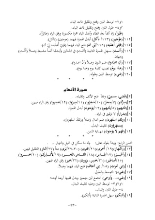 ‫١و٢- ﺗﻮﺳﻂ اﻟﻠﲔ وﻓﺘﺢ وﺗﻘﻠﻴﻞ ذات اﻟﻴﺎء.‬
‫٣و٤- ﻃﻮل اﻟﻠﲔ وﻓﺘﺢ وﺗﻘﻠﻴﻞ ذات اﻟﻴﺎء.‬
‫)ﻃَﻴﺮاً( زاد أﻟﻔﺎً ﺑﻌﺪ اﻟﻄﺎء وأﺑﺪل اﻟﻴﺎء ﳘﺰة ﻣﻜﺴﻮرة ورﻗﻖ اﻟﺮاء )ﻃﺎﺋِ‬
‫ﺮاً(.‬
‫ْ‬
‫]٢١١[)ﻣﺆﻣﻨﻴﻦ( )٣١١/ ﻧﺄْﻛﻞ( أﺑﺪل اﳍﻤﺰة ﻓﻴﻬﻤﺎ )ﻣﻮﻣﻨﲔ( )ﻧﺎﻛﻞ(.‬
‫ْ‬
‫]٥١١[)ﻓﺈﻧﻲ أُﻋﺬﺑﻪ( )٦١١/ﻟِ‬
‫ﻲ أن( ﻓﺘﺢ اﻟﻴﺎء ﻓﻴﻬﻤﺎ )ﻓﺈﱐَ أُﻋﺬﺑﻪ، ِﱄ أن(.‬
‫َ‬
‫]٦١١[)أَأَﻧ ــﺖ( ﺳ ــﻬﻞ اﳍﻤ ــﺰة اﻟﺜﺎﻧﻴ ــﺔ )أاَﻧ ــﺖ( ﰲ اﳊ ــﺎﻟﲔ وأﺑ ــﺪﳍﺎ أﻟﻔـ ـﺎً ﻣﺸ ــﺒﻌﺔ وﺻـ ـﻼً )أَاْﻧْـ ـﺖ(‬
‫وﺟﻬﺎن.‬
‫ِ‬
‫]٧١١[)أن اﻋﺒُﺪوا( ﺿﻢ اﻟﻨﻮن وﺻﻼً )أن اﻋﺒﺪوا(.‬
‫ُ‬
‫]٩١١[)ﻫﺬا ﻳﻮم( ﻧﺼﺐ ﻛﻠﻤﺔ ﻳﻮم )ﻫﺬا ﻳﻮم(.‬
‫ُ‬
‫َ‬
‫]٠٢١[)ﺷﻲء( ﺗﻮﺳﻂ اﻟﻠﲔ وﻃﻮﻟﻪ.‬
‫*‬
‫*‬
‫*‬
‫*‬
‫‪‬‬
‫]٢[)ﻗﻀﻰ، ﻣﺴﻤﻰ( وﻗﻔﺎً ﻓﺘﺢ اﻷﻟﻒ وﺗﻘﻠﻴﻠﻪ.‬
‫ًِ‬
‫ِ‬
‫ِ‬
‫ِ‬
‫]٣[)ﺳ ﱠﻛﻢ( )٧/ﺳﺤﺮ( )٠١/ﺳﺨﺮوا( )١١/ﺳﻴﺮوا( )٢١/ﺧﺴﺮوا( رﻗﻖ اﻟﺮاء ﻓﻴﻬﻦ.‬
‫ِﺮ‬
‫ٌ‬
‫ُ‬
‫َ ُ‬
‫]٤[)ﺗﺄﺗﻴﻬﻢ( )٥/ﻳﺄﺗﻴﻬﻢ( )٢١/ﻳﺆﻣﻨﻮن( أﺑﺪل اﳍﻤﺰة.‬
‫ِ‬
‫]٦[)ﻣﺪراراً( ﻻ ﺗﺮﻗﻴﻖ ﰲ اﻟﺮاء.‬
‫ِ‬
‫ِ‬
‫]٠١[)وﻟﻘﺪ اﺳﺘُﻬﺰئ( ﺿﻢ اﻟﺪال وﺻﻼً )وﻟﻘﺪ اﺳﺘُﻬﺰئ(.‬
‫ُ‬
‫ِ‬
‫)ﻳﺴﺘﻬﺰؤون( ﺗﺜﻠﻴﺚ اﻟﺒﺪل.‬
‫]٢١[)ﻓﻬﻢ ﻻ ﻳﺆﻣﻨﻮن( ﻧ ـﻬ ـ ــﺎﻳﺔ اﻟﺜﻤﻦ.‬
‫*‬
‫*‬
‫*‬
‫*‬
‫اﻟﺜﻤﻦ اﻟﺮاﺑﻊ: وﻳﺒﺪأ ﺑﻘﻮﻟﻪ ﺗﻌﺎﱃ: وﻟﻪ ﻣﺎ ﺳﻜﻦ ﰲ اﻟﻠﻴﻞ واﻟﻨﻬﺎر... .‬
‫ِ‬
‫ِ‬
‫]٣١[)واﻟﻨﻬﺎر()٩١/ أُﺧﺮى()١٢/اﻓﺘﺮى( )٠٣،٧٢/ﺗﺮى( ﻣﻌﺎً )٧٢/اﻟﻨﺎر( اﻟﺘﻘﻠﻴﻞ ﻓﻴﻬﻦ.‬
‫]٤١[)أﻏَﻴـ ـ ـ ــﺮ( )٧١/ﻗـ ـ ـ ــﺪﻳﺮ( )٨١/ اﻟﻘـ ـ ـ ــﺎﻫﺮ،اﻟﺨﺒﻴـ ـ ـ ــﺮ( )٩١/ﻷُﻧـ ـ ـ ــﺬ ﻛﻢ( )٠٢/ﺧﺴـ ـ ـ ــﺮوا(‬
‫ِر‬
‫َ‬
‫ِ‬
‫)٥٢/أﺳﺎﻃﻴﺮ( )١٣/ﺧﺴﺮ، ﻳ ِ‬
‫ﺰرون( )٢٣/ﺧﻴﺮ( رﻗﻖ اﻟﺮاء ﻓﻴﻬﻦ.‬
‫]٤١[)إﻧﻲ أﻣﺮت( )٥١/ إﻧﻲ أﺧﺎف( ﻓﺘﺢ اﻟﻴﺎء ﻓﻴﻬﻤﺎ وﺻﻼً.‬
‫]٧١[)ﺷﻲء(: اﻟﺘﻮﺳﻂ واﻟﻄﻮل.‬
‫]٩١[)ﺷﻲء... وأوﺣﻲ( اﺟﺘﻤﻊ ﻟﲔ ﻣﻬﻤﻮز وﺑﺪل ﻓﻔﻴﻬﺎ أرﺑﻌﺔ أوﺟﻪ:‬
‫١و٢و٣- ﺗﻮﺳﻂ اﻟﻠﲔ وﻋﻠﻴﻪ ﺗﺜﻠﻴﺚ اﻟﺒﺪل.‬
‫٤- ﻃﻮل اﻟﻠﲔ واﻟﺒﺪل.‬
‫]٩١[)أﺋﻨﻜﻢ( ﺳﻬﻞ اﳍﻤﺰة اﻟﺜﺎﻧﻴﺔ )أَاِ‬
‫ﻧﻜﻢ(.‬
‫-٣٩-‬

 