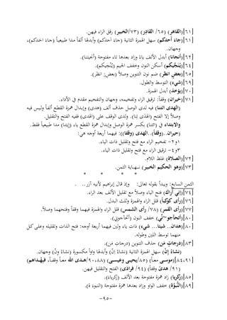 ‫ِ‬
‫]١٦[)اﻟﻘﺎﻫﺮ( )٥٦/ اﻟﻘﺎدر( )٣٧/اﻟﺨﺒﻴﺮ( رﻗﻖ اﻟﺮاء ﻓﻴﻬﻦ.‬
‫]١٦[)ﺟﺎء أَﺣﺪﻛﻢ( ﺳﻬﻞ اﳍﻤﺰة اﻟﺜﺎﻧﻴﺔ )ﺟﺎءَ اَﺣﺪﻛﻢ( وأﺑﺪﳍﺎ أﻟﻔﺎً ﻣـﺪا ﻃﺒﻴﻌﻴـﺎً )ﺟـﺎءَ اﺣـﺪﻛﻢ(،‬
‫َ‬
‫َ‬
‫وﺟﻬﺎن.‬
‫]٢٦[)أﻧﺠﺎﻧﺎ( أﺑﺪل اﻷﻟﻒ ﻳﺎءً وزاد ﺑﻌﺪﻫﺎ ﺗﺎء ﻣﻔﺘﻮﺣﺔ )أﳒﻴﺘـﻨﺎ(.‬
‫ِ‬
‫]٤٦[)ﻳُـﻨَﺠﻴﻜﻢ( أﺳﻜﻦ اﻟﻨﻮن وﺧﻔﻒ اﳉﻴﻢ )ﻳـُْﻨﺠﻴﻜﻢ(.‬
‫ﱢ‬
‫]٥٦[)ﺑﻌﺾ اﻧﻈﺮ( ﺿﻢ ﻧﻮن اﻟﺘﻨﻮﻳﻦ وﺻﻼً ) ِ‬
‫ٍ‬
‫ﺑﻌﺾن اﻧﻈﺮ(.‬
‫ُ‬
‫]٩٦[)ﺷﻲء( اﻟﺘﻮﺳﻂ واﻟﻄﻮل.‬
‫]٠٧[)ﻳﺆﺧﺬ( أﺑﺪل اﳍﻤﺰة.‬
‫]١٧[)ﺣﻴﺮان( وﻗﻔﺎً: ﺗﺮﻗﻴﻖ اﻟﺮاء وﺗﻔﺨﻴﻤﻪ، وﺟﻬﺎن واﻟﺘﻔﺨﻴﻢ ﻣﻘﺪم ﰲ اﻷداء.‬
‫َ‬
‫)اﻟﻬﺪى اﺋﺘـﻨﺎ( ﻓﻴﻪ ﻟﺪى اﻟﻮﺻﻞ ﺣﺬف أﻟﻒ )ﻫﺪى( وإﺑـﺪال ﳘـﺰة اﻟﻘﻄـﻊ أﻟﻔـﺎً وﻟـﻴﺲ ﻓﻴـﻪ‬
‫وﺻﻼً إﻻ اﻟﻔﺘﺢ )اﳍﺪى ﺗِﻨﺎ(. وﻟﺪى اﻟﻮﻗﻒ ﻋﻠﻰ )اﳍﺪى( ﻓﻔﻴﻪ اﻟﻔﺘﺢ واﻟﺘﻘﻠﻴﻞ.‬
‫َ‬
‫واﻻﺑﺘﺪاء ﰲ )اﺋﺘﻨﺎ( ﺑﻜﺴﺮ ﳘﺰة اﻟﻮﺻﻞ وإﺑﺪال ﳘﺰة اﻟﻘﻄﻊ ﻳﺎء )إِ‬
‫ﻳﺘﻨﺎ( ﻣﺪا ﻃﺒﻴﻌﻴﺎً ﻓﻘﻂ.‬
‫)ﺣﻴﺮان..)وﻗﻔﺎً(..اﻟﻬﺪى )وﻗﻔﺎ((: ﻓﻴﻬﻤﺎ أرﺑﻌﺔ أوﺟﻪ ﻫﻲ:‬
‫١و٢- ﺗﻔﺨﻴﻢ اﻟﺮاء ﻣﻊ ﻓﺘﺢ وﺗﻘﻠﻴﻞ ذات اﻟﻴﺎء.‬
‫٣و٤- ﺗﺮﻗﻴﻖ اﻟﺮاء ﻣﻊ ﻓﺘﺢ وﺗﻘﻠﻴﻞ ذات اﻟﻴﺎء.‬
‫]٢٧[)اﻟﺼﻼة( ﻏﻠﻆ اﻟﻼم.‬
‫]٣٧[)وﻫﻮ اﻟﺤﻜﻴﻢ اﻟﺨﺒﻴﺮ( ﻧـ ـ ـﻬـ ــﺎﻳﺔ اﻟﺜﻤﻦ.‬
‫*‬
‫*‬
‫*‬
‫*‬
‫اﻟﺜﻤﻦ اﻟﺴﺎﺑﻊ: وﻳﺒﺪأ ﺑﻘﻮﻟﻪ ﺗﻌﺎﱃ: وإذ ﻗﺎل إﺑﺮاﻫﻴﻢ ﻷﺑﻴﻪ آزر.. .‬
‫]٤٧[)إﻧﻲ أَراك( ﻓﺘﺢ اﻟﻴﺎء وﺻﻼً ﻣﻊ ﺗﻘﻠﻴﻞ اﻷﻟﻒ ﺑﻌﺪ اﻟﺮاء.‬
‫]٦٧[)رأى ﻛﺒﺎً( ﻗﻠﻞ اﻟﺮاء واﳍﻤﺰة وﺛﻠﺚ اﻟﺒﺪل.‬
‫ﻛﻮ‬
‫]٧٧[)رأى اﻟﻘﻤﺮ( )٨٧/ رأى اﻟﺸﻤﺲ( ﻗﻠﻞ اﻟﺮاء واﳍﻤﺰة ﻓﻴﻬﻤﺎ وﻗﻔﺎً وﻓﺘﺤﻬﻤﺎ وﺻﻼً.‬
‫ِ‬
‫]٠٨[)أﺗﺤﺂﺟﻮ~ﻧﱢﻲ( ﺧﻔﻒ اﻟﻨﻮن )أﲢﺂﺟﻮﱐ(.‬
‫]٠٨[)ﻫﺪان.. ﺷﻴﺌﺎ... ﺷﻲء( ذات ﻳﺎء وﻟﲔ ﻓﻴﻬﻤﺎ أرﺑﻌﺔ أوﺟﻪ: ﻓﺘﺢ اﻟﺬات وﺗﻘﻠﻴﻠﻪ وﻋﻠـﻰ ﻛـﻞ‬
‫ﻣﻨﻬﻤﺎ ﺗﻮﺳﻂ اﻟﻠﲔ وﻃﻮﻟﻪ.‬
‫ِ‬
‫ٍ‬
‫]٣٨[)درﺟﺎت ﻣﻦ( ﺣﺬف اﻟﺘﻨﻮﻳﻦ )درﺟﺎت ﻣﻦ(.‬
‫َ‬
‫َ‬
‫)ﻧﺸﺎءُ إِن( ﺳﻬﻞ اﳍﻤﺰة اﻟﺜﺎﻧﻴﺔ )ﻧﺸﺎءُ اِن( وأﺑﺪﳍﺎ واواً ﻣﻜﺴﻮرة )ﻧﺸﺎءُ ون( وﺟﻬﺎن.‬
‫ّ‬
‫ِّ‬
‫ّ‬
‫]١٩،٤٨[)ﻣﻮﺳ ــﻰ ﻣﻌـ ـﺎً( )٥٨/ﻳﺤﻴ ــﻰ وﻋﻴﺴ ــﻰ( )٨٨،٠٩/ﻫ ــﺪى اﷲ ﻣﻌ ـﺎً وﻗﻔـ ـﺎً، ﻓﺒِ‬
‫ﻬ ــﺪاﻫﻢ(‬
‫ُ‬
‫)١٩/ ﻫﺪى وﻗﻔﺎً( )٤٩/ ﻓﺮادى( اﻟﻔﺘﺢ واﻟﺘﻘﻠﻴﻞ ﻓﻴﻬﻦ.‬
‫َ‬
‫ً‬
‫]٥٨[) ﻛﺮﻳﺎ( زاد ﳘﺰة ﻣﻔﺘﻮﺣﺔ ﺑﻌﺪ اﻷﻟﻒ )ﻛﺮﻳﺎءَ(.‬
‫ز‬
‫ز‬
‫]٩٨[)اﻟﻨﱡﺒﻮة( ﺧﻔﻒ اﻟﻮاو وزاد ﺑﻌﺪﻫﺎ ﳘﺰة ﻣﻔﺘﻮﺣﺔ )اﻟﻨﺒﻮءَ ة(.‬
‫ﱠ‬
‫-٥٩-‬

 