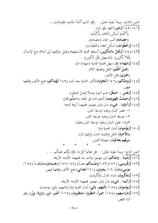 ‫اﻟﺜﻤﻦ اﻟﺜﺎﻟﺚ: وﻳﺒﺪأ ﺑﻘﻮﻟﻪ ﺗﻌﺎﱃ: وﻫﻮ اﻟﺬي أَﻧْﺸﺄ ﺟﻨﱠﺎت ﻣﻌﺮوﺷﺎت...‬
‫ٍ َْ َ‬
‫َ‬
‫َُ‬
‫]١٤١،٥٤١[)ﻏﻴﺮ( ﻛﻠﻬﺎ رﻗﻖ اﻟﺮاء.‬
‫)أُﻛـﻠُﻪ( أﺳﻜﻦ اﻟﻜﺎف )أُﻛ ـﻠُﻪ(.‬
‫ْ‬
‫ُ‬
‫)ﺣﺼﺎدﻩ( ﻛﺴﺮ اﳊﺎء ) ِ‬
‫ِ‬
‫ﺣﺼﺎدﻩ(.‬
‫َ‬
‫]٢٤١[)ﺧﻄُﻮات( أﺳﻜﻦ اﻟﻄﺎء )ﺧﻄْﻮات(.‬
‫ُ‬
‫ُ‬
‫]٣٤١و٤٤١[)ﻗ ــﻞ ءاﻟـ ـ ﱠ‬
‫ْ َ ﺬﻛﺮﻳﻦ( أﺳ ــﻘﻂ ﳘ ــﺰة اﻻﺳ ــﺘﻔﻬﺎم وﻧﻘ ــﻞ ﻛﺘﻬ ــﺎ إﱃ اﻟ ــﻼم ﻣ ــﻊ اﻹﺑ ــﺪال‬
‫ﺣﺮ‬
‫ََ‬
‫)ﻗُﻼ~ذﱠﻛﺮﻳﻦ( واﻟﺘﺴﻬﻴﻞ )ﻗُﻞ اَذّﻛﺮﻳﻦ(.‬
‫َ ََ‬
‫ََ‬
‫]٤٤١[)ﺷﻬﺪاء إِ‬
‫َ ذ( ﺳﻬﻞ اﳍﻤﺰة اﻟﺜﺎﻧﻴﺔ )ﺷﻬﺪاءَ اذ(.‬
‫)ﻓﻤﻦ أَﻇْﻠَﻢ( اﻟﻨﻘﻞ وﺗﻐﻠﻴﻆ اﻟﻼم.‬
‫ْ‬
‫)اﻓﺘﺮى( ﻗﻠﻞ اﻷﻟﻒ.‬
‫]٤٤١[)وﺻﺎﻛﻢ( )٦٤١/اﻟﺤﻮاﻳﺎ(اﻷﻟﻒ اﻟﺜﺎﻧﻴـﺔ ﺑﻌـﺪ اﻟﻴـﺎء )٩٤١/ﻟَﻬـﺪاﻛﻢ( ﻓـﺘﺢ اﻷﻟـﻒ وﻗﻠﻠﻬـﺎ‬
‫ﱠ‬
‫ََ‬
‫ََ‬
‫ﻓﻴﻬﻦ.‬
‫]٥٤١[)ﻓﻤﻦ ◌ اﺿﻄُﺮ( ﺿﻢ اﻟﻨﻮن وﺻﻼً )ﻓﻤﻦ اﺿﻄﺮ(.‬
‫ِ‬
‫ﱠ‬
‫ُ‬
‫]٦٤١[)ﺣﻤﻠﺖ ﻇﻬﻮرﻫﻤﺎ( أدﻏﻢ اﻟﺘﺎء ﰲ اﻟﻈﺎء )ﲪﻠﻈﱡﻬﻮرﳘﺎ(.‬
‫ْ‬
‫]٨٤١[)آﺑﺎؤﻧﺎ.. ﺷﻲء( ﺑﺪل وﻟﲔ ﻣﻬﻤﻮز ﻓﻔﻴﻬﻤﺎ أرﺑﻌﺔ أوﺟﻪ:‬
‫١- ﻗﺼﺮ اﻟﺒﺪل وﻋﻠﻴﻪ ﺗﻮﺳﻂ اﻟﻠﲔ.‬
‫٢- ﺗﻮﺳﻂ اﻟﺒﺪل وﻋﻠﻴﻪ ﺗﻮﺳﻂ اﻟﻠﲔ.‬
‫٣و٤- ﻃﻮل اﻟﺒﺪل وﻋﻠﻴﻪ ﺗﻮﺳﻂ اﻟﻠﲔ وﻃﻮﻟﻪ.‬
‫]٠٥١[)ﻳﺆﻣﻨﻮن( أﺑﺪل اﳍﻤﺰة واوا.‬
‫ْ‬
‫)ﺑﺎﻵﺧﺮة( اﻟﻨﻘﻞ وﺗﺜﻠﻴﺚ اﻟﺒﺪل وﺗﺮﻗﻴﻖ اﻟﺮاء.‬
‫)ﺑﺮﺑﱢﻬﻢ ﻳَﻌﺪﻟﻮن( ﻧ ـ ــﻬـ ـﺎﻳﺔ اﻟﺜﻤﻦ.‬
‫*‬
‫*‬
‫*‬
‫*‬
‫اﻟﺜﻤﻦ اﻟﺮاﺑﻊ: وﻳﺒﺪأ ﺑﻘﻮﻟﻪ ﺗﻌﺎﱃ: ﻗﻞ ﺗﻌﺎﻟﻮا أﺗﻞ ﻣﺎ ﺣﺮم رﺑﱡﻜﻢ ﻋﻠﻴﻜﻢ... .‬
‫ُ‬
‫ُ َ ﱠَ َ‬
‫]١٥١[)ﺷﻴﺌﺎً.. وﺻﺎﻛﻢ( ﻟﲔ ﻣﻬﻤﻮز وذات ﻳﺎء ﻓﻔﻴﻬﻤﺎ اﻷوﺟﻪ اﻷرﺑﻌﺔ.‬
‫ّ‬
‫]٢٥١[)ﻗُﺮﺑ ـ ـ ـ ــﻰ( )٢٥١و٣٥١/وﺻ ـ ـ ـ ــﺎﻛﻢ ﻣﻌ ـ ـ ـ ـﺎً( )٤٥١،٧٥١/وﻫ ـ ـ ـ ــﺪى(ﻣﻌﺎًوﻗﻔ ـ ـ ـ ـﺎً )٤٥١/‬
‫ﱠ‬
‫ً‬
‫ﻣﻮﺳﻰ(وﻗﻔﺎً)٠٦١/ ﻳﺠﺰى( )١٦١/ﻫﺪاﻧﻲ( ﻓﺘﺢ اﻷﻟﻒ وﻗﻠﻠﻬﺎ ﻓﻴﻬﻦ.‬
‫َﱠ‬
‫ﱠﱠ‬
‫]٢٥١[)ﺗﺬﻛﺮون( ﺷﺪد اﻟﺬال )ﺗَﺬﻛﺮون(.‬
‫]٤٥١[)آﺗﻴﻨﺎ.. ﺷﻲء( ﺑﺪل وﻟﲔ ﻣﻬﻤﻮز ﻓﻔﻴﻬﻤﺎ اﻷوﺟﻪ اﻷرﺑﻌﺔ.‬
‫]٤٥١[)ﻳﺆﻣﻨﻮن( )٨٥١/ ﺗﺄﺗﻴﻬﻢ، ﻳﺄﺗﻲ( أﺑﺪل اﳍﻤﺰة واواً )ﺗﺎﺗﻴﻬﻢ، ﻳﺎﰐ، ﻳﻮﻣﻨﻮن(.‬
‫ِ‬
‫ِ‬
‫]٦٥١[)دراﺳﺘﻬﻢ( )٨٥١/ ﺧﻴـﺮاً، اﻧﺘﻈـﺮوا، ﻣﻨﺘﻈـﺮون( )٤٦١/ أﻏَﻴـﺮ، ﺗـﺰر، وازرة، وزر( رﻗـﻖ‬
‫ِ ِ ِْ‬
‫اﻟﺮاء ﻓﻴﻬﻦ.‬
‫-٨٩-‬

 