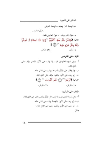 ‫ﺍﻟﻣﺫﻛﺭﺓ ﻓﻲ ﺍﻟﺗﺟﻭﻳﺩ‬

‫ب ـ ﺗﻮﺳﻂ اﻟﻠﲔ وﻋﻠﻴﻪ: ـ ـ ـ ـ ﺗﻮﺳﻂ اﻟﻌﺎرض.‬

‫ـ ﻃﻮل اﻟﻌﺎرض.‬
‫ﺟـ ـ ﻃﻮل اﻟﻠﲔ وﻋﻠﻴﻪ: ـ ـ ـ ـ ﻃﻮل اﻟﻌﺎرض ﻓﻘﻂ.‬
‫)١(‬

‫ﻣﺜـﺎل: ‪‬‬

‫)٢ (‬

‫)١( ﻟﲔ.‬

‫‪.‬‬

‫)٢( ﻋﺎرض.‬

‫اﻟﻮﻗﻒ ﻋﻠﻰ اﻟﻌﺎرﺿﻴﻦ:‬
‫أ ـ ﻳﻨﺒﻐﻲ ﺗﺴﻮﻳﺔ اﻟﻌﺎرﺿﲔ ﲝﻴﺚ إذا وﻗﻒ ﻋﻠﻰ اﻷول ﺑﺎﻟﻘﺼﺮ ﻳﻮﻗﻒ ﻋﻠﻰ‬
‫اﻟﺜﺎﱐ ﲟﺜﻠﻪ.‬
‫ب ـ وﻟﻮ وﻗﻒ ﻋﻠﻰ اﻷول ﺑﺎﻟﺘﻮﺳﻂ ﻳﻮﻗﻒ ﻋﻠﻰ اﻟﺜﺎﱐ ﲟﺜﻠﻪ.‬
‫ﺟـ ـ وﻟﻮ وﻗﻒ ﻋﻠﻰ اﻷول ﺑﺎﻟﻄﻮل ﻳﻮﻗﻒ ﻋﻠﻰ اﻟﺜﺎﱐ ﲟﺜﻠﻪ.‬
‫ﻣﺜـ ــﺎل: ‪‬‬

‫)١(‬

‫)١( ﻋﺎرض.‬

‫)٢(‬

‫‪‬‬

‫)٢( ﻋﺎرض.‬

‫اﻟﻮﻗﻒ ﻋﻠﻰ اﻟﻠﱢـﻴـﻨَـﻴﻦ:‬

‫أ- ﻳﻨﺒﻐﻲ ﺗﺴﻮﻳﺔ اﻟﻠﻴﻨﲔ ﲝﻴﺚ إذا وﻗﻒ ﻋﻠﻰ اﻷول ﺑﺎﻟﻘﺼﺮ وﻗﻒ ﻋﻠﻰ اﻟﺜﺎﱐ ﲟﺜﻠﻪ.‬
‫ب- وﻟﻮ وﻗﻒ ﻋﻠﻰ اﻷول ﺑﺎﻟﺘﻮﺳﻂ وﻗﻒ ﻋﻠﻰ اﻟﺜﺎﱐ ﲟﺜﻠﻪ.‬
‫ﺟـ ـ وﻟﻮ وﻗﻒ ﻋﻠﻰ اﻷول ﺑﺎﻟﻄﻮل وﻗﻒ ﻋﻠﻰ اﻟﺜﺎﱐ ﲟﺜﻠﻪ.‬
‫ﻣﺜـﺎل:‬

‫٠١١‬

 